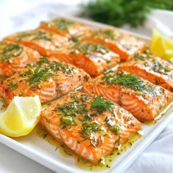 - 4 salmon fillets (6 oz each) - 3 tablespoons unsalted butter - 4 cloves garlic, minced - 1 tablespoon fresh parsley, chopped - 1 tablespoon fresh dill, chopped - 1 teaspoon lemon juice - ½ teaspoon salt - ¼ teaspoon black pepper To make garlic butter herb salmon, you need fresh ingredients. Start with salmon fillets. I prefer wild-caught salmon for the best flavor. The unsalted butter adds richness and helps the garlic shine. I use 4 cloves of garlic. Minced garlic gives a strong taste. Fresh herbs like parsley and dill add brightness. Lemon juice gives a lovely tang. Seasoning with salt and black pepper enhances all the flavors. - Lemon wedges - Additional fresh herbs for presentation Garnishes make your dish look pretty and add flavor. Lemon wedges are great for serving. They add a nice fresh taste when squeezed on the salmon. Extra fresh herbs on top look inviting and colorful. They also bring more herb flavor to every bite. These small touches can make your meal feel special. {{ingredient_image_1}} 1. Preheat your oven to 400°F (200°C). This makes sure the salmon cooks evenly. 2. Pat the salmon fillets dry with paper towels. Place them skin-side down in a baking dish. This helps the skin get crispy. 1. In a small saucepan over medium heat, melt 3 tablespoons of unsalted butter. Be careful not to burn it. 2. Add 4 cloves of minced garlic to the melted butter. Sauté for 1-2 minutes until it smells great. 3. Remove the saucepan from heat. Stir in 1 tablespoon each of chopped parsley and dill, 1 teaspoon of lemon juice, ½ teaspoon of salt, and ¼ teaspoon of black pepper. This mixture brings all the flavors together. 4. Pour the garlic butter herb mixture evenly over the salmon fillets. Make sure each piece is coated well. 5. Bake the salmon in your preheated oven for 12-15 minutes. It is done when it flakes easily with a fork. 1. Let the salmon rest for a minute after removing it from the oven. This helps keep it juicy. 2. For plating, serve the salmon on a white platter. Add more fresh herbs and lemon wedges on the side for color and flavor. To make sure your salmon is fresh, look for bright, shiny skin. The flesh should be firm and wet. If it smells like the ocean, it is likely fresh. To check if salmon is done, look for the flaky texture. Use a fork to test it. If it flakes easily, it is ready. The inside should not be raw or too dry. You can adjust the seasoning to suit your taste. Add more salt or pepper if needed. If you love bold flavors, try adding a bit more garlic. For herb substitutions, experiment with basil, thyme, or chives. Each will give a different taste to your salmon. Use what you have on hand to keep it easy. Serve salmon on a white platter for a clean look. This makes the colors pop and looks beautiful. Garnish with extra fresh herbs or lemon wedges. This adds a bright touch and enhances the flavor. A sprinkle of herbs can make your dish shine! Pro Tips Fresh Herbs: Always use fresh herbs for the best flavor. Dried herbs can alter the intended taste of the dish. Garlic Care: Be careful not to overcook the garlic in the butter; it should be fragrant but not browned to avoid bitterness. Salmon Skin: Leave the skin on while baking to help retain moisture and flavor. It can easily be removed after cooking. Resting Time: Let the salmon rest for a minute after baking to allow the juices to redistribute for a more succulent bite. {{image_2}} You can switch up the herbs in this garlic butter herb salmon. Try using basil, thyme, or even tarragon. Each herb gives a unique flavor. You can mix and match to find your favorite taste. If you want to use a different type of fish, go for it! Try trout or sea bass. These fish cook well and taste great with garlic butter. You can cook this salmon in a few ways. Grilling adds a nice smoky flavor. Preheat your grill and cook the salmon for about 6-8 minutes on each side. Baking is another great option. It keeps the fish moist. Follow the same steps in the recipe but use a baking dish. If you prefer pan-searing, start with a hot skillet. Add a little oil, then place the salmon skin-side down. Cook for 4-5 minutes, then flip and cook for another 4-5 minutes. For a low-carb or keto-friendly meal, use less butter or replace it with a healthier oil. Olive oil works well and keeps the dish tasty. If you want vegan options, try using tofu instead of salmon. Marinate the tofu in the garlic butter mix. Bake or grill it for a similar flavor profile. These variations help you enjoy this dish in many ways! To store cooked salmon, let it cool first. Then, wrap it tightly in plastic wrap. You can also use an airtight container. This keeps it fresh and tasty for up to three days. If you have sauce left, store it separately. Keep the salmon in the fridge. Avoid letting it sit out at room temperature. This helps prevent bacteria from growing. To reheat salmon, you can use the oven or a skillet. For the oven, set it to 300°F (150°C). Place the salmon on a baking sheet. Cover it with foil to keep moisture in. Heat for about 10-15 minutes. For the skillet, use low heat. Add a splash of water or broth to keep it moist. Heat for about 5 minutes, flipping gently. This method helps prevent drying out. You can freeze cooked salmon, but raw salmon freezes best. If you freeze cooked salmon, wrap it well in foil or freezer bags. It lasts up to three months. For raw salmon, place it in a freezer bag, and remove as much air as you can. It can stay fresh for six months in the freezer. You should cook garlic butter herb salmon for 12 to 15 minutes. The salmon should be flaky and tender when done. Use a fork to check if it flakes easily. If it does, it's ready to enjoy! Yes, you can use frozen salmon fillets. Just be sure to thaw them before cooking. You can leave them in the fridge overnight or use cold water to thaw them quickly. This will help the salmon cook evenly. Garlic butter herb salmon pairs well with many sides. Here are some tasty options: - Steamed asparagus - Roasted potatoes - A fresh green salad - Quinoa or rice These sides will complement the salmon well and make a balanced meal. Salmon is very healthy. It is rich in omega-3 fatty acids. These fats help your heart and brain. Salmon also contains high-quality protein, vitamins, and minerals. Eating salmon can support overall health and well-being. You can prepare the garlic butter herb mixture ahead of time. Store it in the fridge for up to two days. When you're ready, coat the salmon and bake it. This makes dinner quick and easy! We covered how to make garlic butter herb salmon with easy steps and fresh flavors. You learned about the main ingredients and how to cook them to perfection. Remember to check for freshness and adjust spices to your taste. Explore variations with different fish or herbs to keep it exciting. Lastly, follow the storage tips to enjoy your leftovers. This dish is not only tasty but also healthy, making it great for any meal. Enjoy your cooking adventure!