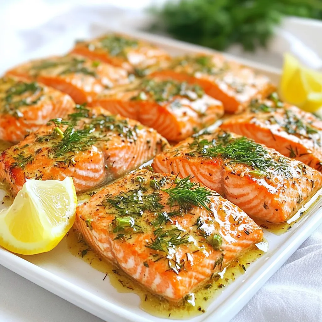 - 4 salmon fillets (6 oz each) - 3 tablespoons unsalted butter - 4 cloves garlic, minced - 1 tablespoon fresh parsley, chopped - 1 tablespoon fresh dill, chopped - 1 teaspoon lemon juice - ½ teaspoon salt - ¼ teaspoon black pepper To make garlic butter herb salmon, you need fresh ingredients. Start with salmon fillets. I prefer wild-caught salmon for the best flavor. The unsalted butter adds richness and helps the garlic shine. I use 4 cloves of garlic. Minced garlic gives a strong taste. Fresh herbs like parsley and dill add brightness. Lemon juice gives a lovely tang. Seasoning with salt and black pepper enhances all the flavors. - Lemon wedges - Additional fresh herbs for presentation Garnishes make your dish look pretty and add flavor. Lemon wedges are great for serving. They add a nice fresh taste when squeezed on the salmon. Extra fresh herbs on top look inviting and colorful. They also bring more herb flavor to every bite. These small touches can make your meal feel special. {{ingredient_image_1}} 1. Preheat your oven to 400°F (200°C). This makes sure the salmon cooks evenly. 2. Pat the salmon fillets dry with paper towels. Place them skin-side down in a baking dish. This helps the skin get crispy. 1. In a small saucepan over medium heat, melt 3 tablespoons of unsalted butter. Be careful not to burn it. 2. Add 4 cloves of minced garlic to the melted butter. Sauté for 1-2 minutes until it smells great. 3. Remove the saucepan from heat. Stir in 1 tablespoon each of chopped parsley and dill, 1 teaspoon of lemon juice, ½ teaspoon of salt, and ¼ teaspoon of black pepper. This mixture brings all the flavors together. 4. Pour the garlic butter herb mixture evenly over the salmon fillets. Make sure each piece is coated well. 5. Bake the salmon in your preheated oven for 12-15 minutes. It is done when it flakes easily with a fork. 1. Let the salmon rest for a minute after removing it from the oven. This helps keep it juicy. 2. For plating, serve the salmon on a white platter. Add more fresh herbs and lemon wedges on the side for color and flavor. To make sure your salmon is fresh, look for bright, shiny skin. The flesh should be firm and wet. If it smells like the ocean, it is likely fresh. To check if salmon is done, look for the flaky texture. Use a fork to test it. If it flakes easily, it is ready. The inside should not be raw or too dry. You can adjust the seasoning to suit your taste. Add more salt or pepper if needed. If you love bold flavors, try adding a bit more garlic. For herb substitutions, experiment with basil, thyme, or chives. Each will give a different taste to your salmon. Use what you have on hand to keep it easy. Serve salmon on a white platter for a clean look. This makes the colors pop and looks beautiful. Garnish with extra fresh herbs or lemon wedges. This adds a bright touch and enhances the flavor. A sprinkle of herbs can make your dish shine! Pro Tips Fresh Herbs: Always use fresh herbs for the best flavor. Dried herbs can alter the intended taste of the dish. Garlic Care: Be careful not to overcook the garlic in the butter; it should be fragrant but not browned to avoid bitterness. Salmon Skin: Leave the skin on while baking to help retain moisture and flavor. It can easily be removed after cooking. Resting Time: Let the salmon rest for a minute after baking to allow the juices to redistribute for a more succulent bite. {{image_2}} You can switch up the herbs in this garlic butter herb salmon. Try using basil, thyme, or even tarragon. Each herb gives a unique flavor. You can mix and match to find your favorite taste. If you want to use a different type of fish, go for it! Try trout or sea bass. These fish cook well and taste great with garlic butter. You can cook this salmon in a few ways. Grilling adds a nice smoky flavor. Preheat your grill and cook the salmon for about 6-8 minutes on each side. Baking is another great option. It keeps the fish moist. Follow the same steps in the recipe but use a baking dish. If you prefer pan-searing, start with a hot skillet. Add a little oil, then place the salmon skin-side down. Cook for 4-5 minutes, then flip and cook for another 4-5 minutes. For a low-carb or keto-friendly meal, use less butter or replace it with a healthier oil. Olive oil works well and keeps the dish tasty. If you want vegan options, try using tofu instead of salmon. Marinate the tofu in the garlic butter mix. Bake or grill it for a similar flavor profile. These variations help you enjoy this dish in many ways! To store cooked salmon, let it cool first. Then, wrap it tightly in plastic wrap. You can also use an airtight container. This keeps it fresh and tasty for up to three days. If you have sauce left, store it separately. Keep the salmon in the fridge. Avoid letting it sit out at room temperature. This helps prevent bacteria from growing. To reheat salmon, you can use the oven or a skillet. For the oven, set it to 300°F (150°C). Place the salmon on a baking sheet. Cover it with foil to keep moisture in. Heat for about 10-15 minutes. For the skillet, use low heat. Add a splash of water or broth to keep it moist. Heat for about 5 minutes, flipping gently. This method helps prevent drying out. You can freeze cooked salmon, but raw salmon freezes best. If you freeze cooked salmon, wrap it well in foil or freezer bags. It lasts up to three months. For raw salmon, place it in a freezer bag, and remove as much air as you can. It can stay fresh for six months in the freezer. You should cook garlic butter herb salmon for 12 to 15 minutes. The salmon should be flaky and tender when done. Use a fork to check if it flakes easily. If it does, it's ready to enjoy! Yes, you can use frozen salmon fillets. Just be sure to thaw them before cooking. You can leave them in the fridge overnight or use cold water to thaw them quickly. This will help the salmon cook evenly. Garlic butter herb salmon pairs well with many sides. Here are some tasty options: - Steamed asparagus - Roasted potatoes - A fresh green salad - Quinoa or rice These sides will complement the salmon well and make a balanced meal. Salmon is very healthy. It is rich in omega-3 fatty acids. These fats help your heart and brain. Salmon also contains high-quality protein, vitamins, and minerals. Eating salmon can support overall health and well-being. You can prepare the garlic butter herb mixture ahead of time. Store it in the fridge for up to two days. When you're ready, coat the salmon and bake it. This makes dinner quick and easy! We covered how to make garlic butter herb salmon with easy steps and fresh flavors. You learned about the main ingredients and how to cook them to perfection. Remember to check for freshness and adjust spices to your taste. Explore variations with different fish or herbs to keep it exciting. Lastly, follow the storage tips to enjoy your leftovers. This dish is not only tasty but also healthy, making it great for any meal. Enjoy your cooking adventure!