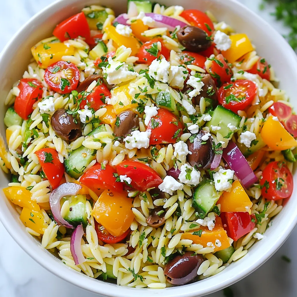 - 1 cup orzo pasta - 1 cup cherry tomatoes, halved - 1 cucumber, diced - 1 red bell pepper, diced - 1/2 red onion, finely chopped - 1 cup kalamata olives, pitted and sliced - 1/2 cup feta cheese, crumbled - 1/4 cup fresh parsley, chopped The main ingredients create a colorful and tasty base. The orzo pasta acts as the star. It cooks quickly and absorbs flavors well. Fresh vegetables add crunch and nutrition. Cherry tomatoes give sweetness, while cucumber adds a nice crisp bite. Red bell pepper brings vibrant color. The red onion gives a mild zing. Kalamata olives add a briny touch, and feta cheese gives creaminess. The parsley brings freshness and a pop of green. - 3 tablespoons olive oil - 2 tablespoons lemon juice - 1 teaspoon dried oregano - Salt and pepper to taste The dressing ties the salad together. Olive oil adds richness, while lemon juice brings brightness. Dried oregano adds that classic Mediterranean flavor. A pinch of salt and pepper lifts all the flavors. Whisk these together to make a simple yet flavorful dressing that coats the salad beautifully. - Extra herbs (basil, dill) - Protein options (chicken, chickpeas) You can personalize this salad with optional add-ins. Fresh basil or dill can enhance the herbal notes. For extra protein, consider adding grilled chicken or chickpeas. This makes the salad heartier and perfect for a meal. The beauty of this dish is its versatility, allowing you to create a unique version each time. {{ingredient_image_1}} To start, boil a large pot of salted water. Add 1 cup of orzo pasta and cook it until al dente. This usually takes about 8 to 10 minutes. Once the orzo is cooked, drain it in a colander. Rinse the orzo under cold water to stop the cooking. Let it cool completely while you prepare the vegetables. Next, chop your vegetables. Dice 1 cucumber, 1 red bell pepper, and finely chop 1/2 red onion. Halve 1 cup of cherry tomatoes and slice 1 cup of kalamata olives. In a large mixing bowl, combine all these chopped vegetables along with 1/2 cup of crumbled feta cheese. This bright mix adds color and taste to your salad. Now, let’s make the dressing. In a small bowl, whisk together 3 tablespoons of olive oil, 2 tablespoons of lemon juice, and 1 teaspoon of dried oregano. Add a pinch of salt and pepper to taste. This simple dressing will enhance the fresh flavors in your salad. Add the cooled orzo to the bowl with your vegetables. Pour the dressing over the top. Gently toss everything together until well mixed. Then, fold in 1/4 cup of chopped parsley for a fresh touch. Cover the salad with plastic wrap and chill it in the fridge for at least 30 minutes. This helps the flavors blend perfectly. To cook orzo to al dente, bring a large pot of salted water to a boil. Add the orzo and cook it for about 8-10 minutes. Check it a bit early to avoid overcooking. Once it's firm yet tender, drain the orzo. Rinse it under cold water. This step stops the cooking and helps to prevent sticking. Using fresh herbs makes a big difference in taste. Fresh parsley brings a bright note to the salad. If you only have dried herbs, that works too, but fresh is best. Marinating your salad longer is another tip. Letting it sit for at least 30 minutes lets the flavors mix well. For presentation, serve the salad in a large, decorative bowl. A colorful display adds to the appeal. Layer the salad in a clear dish to show off those vibrant colors. Accompany your salad with some crusty bread or grilled protein, like chicken or shrimp. This makes it a full meal and adds variety to your table. Pro Tips Cook Orzo Al Dente: Ensure the orzo is cooked al dente for the perfect texture that will hold up well in the salad. Chill for Flavor: Allow the salad to chill in the refrigerator for at least 30 minutes to let the flavors meld beautifully. Customize Veggies: Feel free to add or substitute your favorite vegetables, such as bell peppers or artichokes, for a personal touch. Fresh Herbs Boost: Using fresh herbs like basil or mint can enhance the salad’s flavor profile and freshness. {{image_2}} You can easily make this salad vegan. Just swap feta with tofu or avocado. Tofu crumbles add a nice texture. Avocado brings creaminess and healthy fats. You can also add more veggies. Try bell peppers or shredded carrots for extra crunch. If you want a gluten-free option, use different pasta types. Rice or quinoa works well in this salad. Always check the labels to ensure all ingredients are gluten-free. This way, everyone can enjoy the dish without worry. You can play with the flavors in this salad. Adding spices like cumin or paprika lifts the taste. Different dressings also change the flavor profile. A balsamic vinaigrette or tahini dressing can add unique notes to your salad. Experiment to find your favorite combination! To keep your Mediterranean Orzo Pasta Salad fresh, use an airtight container. Glass or plastic containers work well. Make sure the lid fits tightly to lock in flavor. Before putting it in the fridge, let it cool to room temperature. This helps prevent excess moisture. You can store the salad in the fridge for about 3 to 5 days. After that, it may start to lose its taste and texture. Look for signs of spoilage, like a sour smell or slimy vegetables. If you see any of these, it’s best to throw the salad away. You can enjoy orzo salad cold or warm. If you prefer it warm, heat it gently in a pan over low heat. Stir it often to avoid burning. If you serve it cold, just take it out of the fridge and enjoy right away. The flavors taste great either way! You can store Mediterranean Orzo Pasta Salad in the fridge for about three days. Make sure to keep it in an airtight container. If the salad has too much liquid, the pasta may absorb it. You might want to add a little dressing before serving it again. Yes, you can make this salad a day in advance. It tastes even better the next day! Just let it chill in the fridge. The flavors will blend, making it more delicious. To make it more filling, consider adding protein. Grilled chicken, chickpeas, or even shrimp work great. You could also add a handful of nuts or seeds for texture and crunch. Absolutely! This salad is perfect for meal prep. It keeps well and can be part of your lunch or dinner. Just portion it out in containers for easy grab-and-go meals. To make a dairy-free version, skip the feta cheese. You can add avocado for creaminess or use nutritional yeast for a cheesy flavor. Fresh herbs and lemon juice will keep the dish bright and tasty. This Mediterranean Orzo Pasta Salad recipe combines vibrant veggies, tasty olives, and creamy feta. You’ve learned how to cook orzo, mix a zesty dressing, and chill the salad for delicious flavor. Remember, you can customize this dish with proteins or extra herbs to fit your taste. Store leftovers properly for the best freshness. Keep experimenting with variations to keep meals exciting. Enjoy creating your perfect orzo salad, tailored just for you.