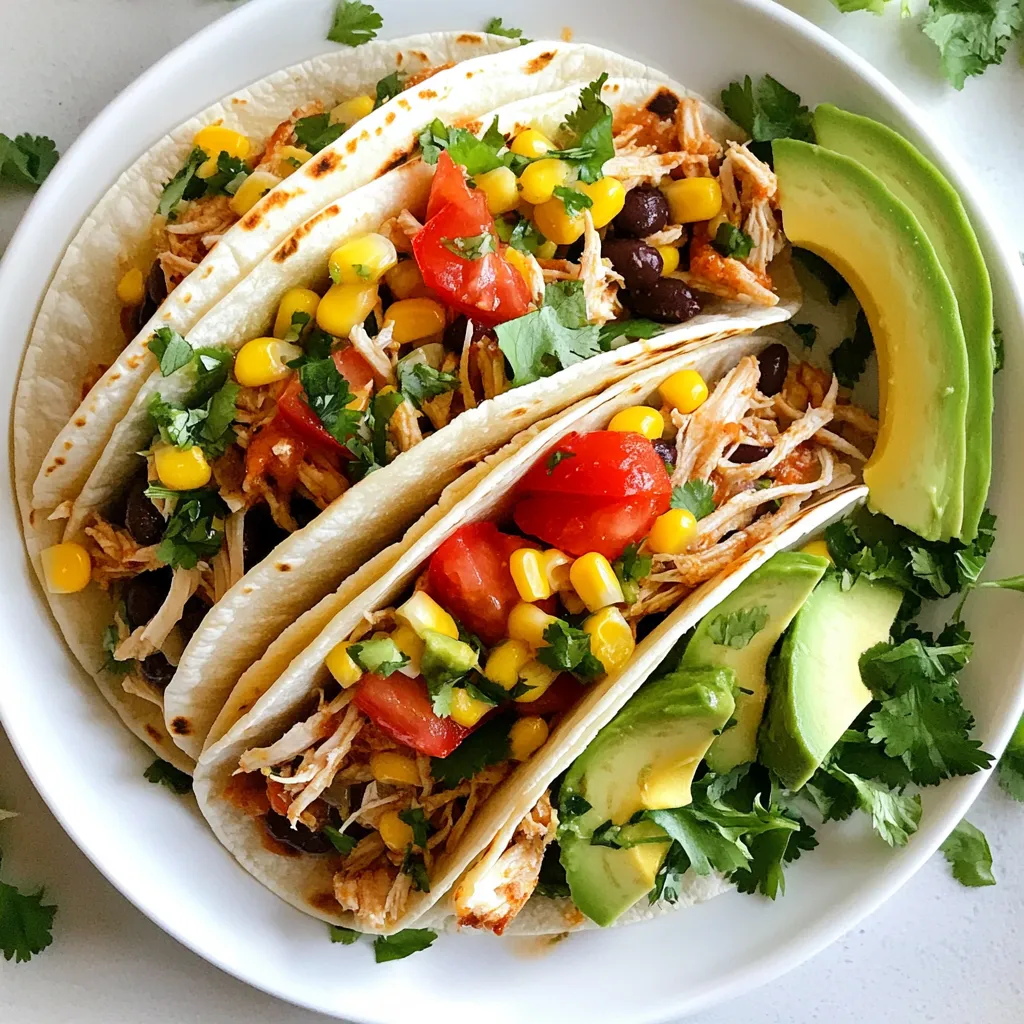 To make Chipotle Ranch Chicken Tacos, gather the following items: - 2 cups cooked chicken, shredded - 1/2 cup ranch dressing - 2 tablespoons chipotle chili powder - 1 tablespoon lime juice - 1 cup corn, drained (canned or frozen) - 1 cup black beans, rinsed and drained - 1 cup diced tomatoes - 1/2 cup red onion, chopped - 1 cup shredded lettuce - 8 small flour or corn tortillas - Fresh cilantro, for garnish - Avocado slices, for serving - Salt and pepper to taste These ingredients come together to create a tasty meal that everyone will love. You can enhance the flavor of your tacos with these extras: - Jalapeños for heat - Queso fresco for creaminess - Lime wedges for extra zest - Sour cream for richness Adding these options lets you customize your tacos to fit your taste. If you don’t have some ingredients, here are great swaps: - Use Greek yogurt instead of ranch dressing for a healthier option. - Swap chicken for shredded pork or beef for a different protein. - Replace black beans with pinto beans or chickpeas. - Try corn tortillas if you want a gluten-free option. These substitutions keep the meal fun and flexible for any kitchen! {{ingredient_image_1}} Start by gathering your ingredients. In a mixing bowl, combine the shredded chicken, ranch dressing, chipotle chili powder, and lime juice. Make sure to mix well. You want the chicken fully coated in that spicy ranch goodness. Next, season your mixture with salt and pepper to taste. If you like it spicy, add more chipotle. This step gives your chicken a great flavor. In another bowl, mix the corn, black beans, diced tomatoes, and red onion. Gently stir everything together. This will be your fresh taco filling. Season this mix with a pinch of salt and pepper. The combination will add crunch and color to your tacos. It's a simple mix but full of flavor. Now it’s time to bring everything together. Heat your tortillas in a skillet for about 30 seconds on each side. This makes them soft and easy to fold. Take a warm tortilla and add a good portion of the chipotle ranch chicken. Next, add the corn and black bean mixture, followed by a handful of shredded lettuce. Finish with fresh cilantro and avocado slices. Repeat this for the rest of your tortillas. Serve them warm, and enjoy your tasty Chipotle Ranch Chicken Tacos! When cooking chicken, keep it simple. Use cooked chicken for this recipe. Shredded chicken works best. You can use rotisserie chicken or cook your own. If you cook your chicken, season it well. Salt and pepper are a must. Cook it until it reaches 165°F for safety. Warming tortillas is key. Heat a skillet over medium heat. Place the tortillas in the skillet for about 30 seconds. Flip them and warm the other side. This makes them soft and easy to fold. You can also wrap them in a damp paper towel and microwave for 20 seconds. Both methods work great! You can adjust the spice in these tacos. Add more chipotle chili powder if you like it hot. For a milder flavor, use less powder. You can also mix in other spices. Try cumin or paprika for added depth. Taste as you go to find your perfect balance. Pro Tips Use Leftover Chicken: This recipe is perfect for using up leftover rotisserie chicken or any cooked chicken you have on hand, making it a quick and easy meal option. Customize Your Spice Level: Adjust the amount of chipotle chili powder based on your heat preference; you can even mix in some diced jalapeños for an extra kick! Fresh Ingredients Matter: Use fresh corn off the cob and ripe tomatoes for the best flavor in your taco filling. Fresh ingredients make a noticeable difference! Warm Your Tortillas: Warming tortillas enhances their flavor and makes them more pliable. Try wrapping them in a clean kitchen towel to keep them warm while you assemble the tacos. {{image_2}} You can enjoy these tacos even without chicken. Try using grilled veggies or tofu. Both options add great flavor. For a hearty twist, use jackfruit as a chicken substitute. Season it well with ranch dressing and chipotle powder. This gives a nice texture and taste. You can choose between flour and corn tortillas. Flour tortillas are soft and chewy. They hold fillings well, making them perfect for these tacos. Corn tortillas add a nice crunch. They also bring a rich corn flavor. You can even use whole wheat tortillas for a healthier choice. Toppings can elevate your tacos. Add diced avocado for creaminess. Fresh cilantro adds a burst of flavor. Sliced jalapeños can give a spicy kick. You might also like crumbled queso fresco for a salty touch. Lime wedges are perfect for squeezing over the top. They add brightness to every bite. To keep your tacos fresh, place the leftovers in an airtight container. Layer the chicken and other fillings separately from the tortillas. This way, the tortillas won’t get soggy. You can store the tacos in the fridge for up to three days. When you're ready to eat, reheat the chicken mixture in a pan over low heat. Stir until it's warm. For the tortillas, warm them in a skillet for about 15 seconds on each side. This helps them stay soft and yummy. You can also microwave them for about 10 seconds, but watch them closely. If you want to save tacos for later, you can freeze the chicken mixture. Place it in a freezer-safe bag or container. Make sure to remove as much air as possible. The mixture will stay good in the freezer for up to three months. When you’re ready to eat, thaw it in the fridge overnight, then reheat. You can warm fresh tortillas on the stove when you're ready to serve. Yes, you can make these tacos ahead. You can prepare the chicken mixture and the fresh filling. Store them in separate containers. Keep them in the fridge for up to two days. When you are ready to eat, warm the tortillas. Then, assemble the tacos just before serving. This keeps them fresh and tasty. These tacos go well with many sides. Here are some great options: - Mexican rice - Refried beans - Chips and salsa - Grilled corn on the cob - A simple green salad These sides add flavor and texture to your meal. Choose what you enjoy most! Chipotle Ranch Chicken Tacos have a mild spice. The chipotle chili powder gives a nice kick, but it is not too hot. If you like more heat, add extra chipotle powder. You can also serve hot sauce on the side. This way, everyone can adjust the spice to their taste. In this article, we explored making Chipotle Ranch Chicken Tacos. We covered the key ingredients, how to prepare the chicken mixture, and tips for cooking. You learned about flavor options and storage methods, too. Remember, tacos can be made to fit your taste. Feel free to swap ingredients or add toppings. Enjoy sharing your tacos with others and make them your own. Happy cooking!