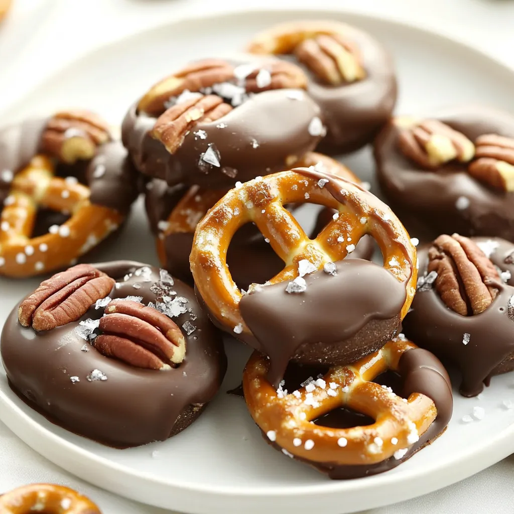 To make Chocolate Covered Pretzel Turtles, you'll need a few simple ingredients. Each one plays an important role in creating this sweet treat. Here’s the list: - 2 cups mini pretzels - 1 cup pecan halves - 1 cup soft caramel candies (unwrapped) - 1 cup semisweet chocolate chips - 1 tablespoon coconut oil - Sea salt for sprinkling (optional) Each ingredient adds flavor and texture. The mini pretzels give a nice crunch. Pecans add a rich, nutty taste. Caramel brings sweetness and a chewy texture. The chocolate coating makes everything even better. Coconut oil helps the chocolate melt smoothly. You can sprinkle sea salt for a tasty contrast. This mix of ingredients ensures you have a delightful snack. {{ingredient_image_1}} First, you need to preheat your oven to 350°F (175°C). This step is key for making soft caramel turtles. While the oven heats, line a baking sheet with parchment paper. This helps the turtles not stick when they cool. Next, arrange your mini pretzels on the baking sheet. Make sure they sit in a single layer. Then, place a pecan half on each pretzel. The pecans add a nice crunch and great flavor. To melt the caramel, grab a microwave-safe bowl. Add the unwrapped soft caramel candies. Heat them in the microwave for 30 seconds at a time. Stir after each interval until the caramel is smooth. Once ready, drizzle or spoon a small amount of caramel over each pretzel and pecan. This will bind everything together. Now, bake the assembly in the oven for about 5-7 minutes. Look for the caramel to become slightly bubbly. After baking, let them cool for about 5 minutes on the sheet. This is where the magic happens. The caramel firms up, making it easier to dip in chocolate later! To melt caramel, use a microwave-safe bowl. Place the soft caramel candies in the bowl. Heat them in 30-second bursts. Stir after each burst. This helps to avoid hot spots. You want the caramel smooth, not burnt. If it feels too thick, add a tiny bit of water. This will make it easier to drizzle. First, combine the chocolate chips and coconut oil in a microwave-safe bowl. Heat in 30-second intervals, stirring until smooth. This mix helps the chocolate coat better. When dipping, use a fork for a clean finish. Let excess chocolate drip back into the bowl. This gives you a nice, even layer. After coating, place your turtles on parchment paper. Don't crowd them; give each turtle space. Let them cool at room temperature first. Then, place them in the fridge for about 30 minutes. This helps the chocolate set nicely. If you want a crunchy texture, let them cool fully before serving. Pro Tips Use Fresh Ingredients: Ensure your caramel and chocolate are fresh for the best flavor and texture. Don't Overheat the Chocolate: Melt the chocolate slowly to avoid burning, which can create a gritty texture. Adjust Salt to Taste: Experiment with the amount of sea salt you sprinkle on top for a sweeter or saltier flavor profile. Store Properly: Keep the pretzel turtles in an airtight container to maintain their crunch and freshness. {{image_2}} You can change the nuts in your pretzel turtles. Pecans are great, but walnuts work well too. Almonds add a nice crunch. You might even try cashews for a different taste. Each nut gives a unique flavor and texture. Experiment with what you like best! Making these turtles gluten-free is easy. Just use gluten-free pretzels. For a vegan option, replace the caramel with vegan caramel candies. You can also swap regular chocolate for dairy-free chocolate chips. This way, everyone can enjoy this treat without worry. You can make your turtles even better with add-ins. Try drizzling white chocolate on top for a sweet twist. Crushed pretzels or nuts can add crunch. You can also sprinkle sea salt for a nice salty touch. Each addition can change the flavor and make it special! You can store chocolate-covered pretzel turtles in an airtight container. Place layers of parchment paper between them to prevent sticking. Keep the container in a cool, dry place. This will keep them fresh and tasty. If you want to save some for later, you can freeze them. First, let them cool completely. Then, wrap each piece in plastic wrap. Place the wrapped turtles in a freezer-safe bag. They can last up to three months in the freezer. Chocolate-covered pretzel turtles stay fresh for about one week at room temperature. If you store them in the fridge, they can last up to two weeks. Just remember to let them sit at room temperature for a few minutes before eating. This makes them taste best! Yes, you can use different types of pretzels. You can choose regular pretzels or chocolate-covered ones. The mini pretzels work best for bite-sized treats. However, larger pretzels can give a unique twist. Just ensure they are sturdy enough to hold the toppings. You know the caramel is done when it is slightly bubbly. After baking for 5-7 minutes, check for bubbles. The caramel should look smooth and shiny. Let it cool for a few minutes before adding chocolate. This step helps keep the turtles from becoming too soft. Absolutely! These treats make great gifts. They look lovely on a plate or in a jar. You can even wrap them in clear bags with a ribbon. Friends and family will love receiving these sweet, crunchy bites. They are perfect for holidays or special occasions. You now know how to make delicious chocolate-covered pretzel turtles. We covered the key ingredients, step-by-step instructions, and helpful tips. You can even try different nuts or make it gluten-free. These treats are fun to make and share. Store them well so they last longer. Remember, they also make great gifts! Enjoy your sweet creations and impress your friends and family with this simple yet tasty snack.