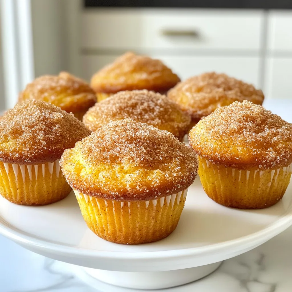 To make these tasty cinnamon sugar donut muffins, gather the following: - 1 ½ cups all-purpose flour - 1 teaspoon baking powder - ½ teaspoon baking soda - ½ teaspoon salt - 1 teaspoon ground cinnamon - ⅓ cup granulated sugar - 1 large egg - ½ cup whole milk - ⅓ cup unsweetened applesauce - 2 tablespoons unsalted butter, melted - 1 teaspoon vanilla extract - ½ cup granulated sugar (for coating) - 1 tablespoon ground cinnamon (for coating) You can swap out some ingredients if you need to: - For all-purpose flour, use whole wheat flour for added fiber. - Instead of whole milk, use almond milk or oat milk for a dairy-free option. - Applesauce can be replaced with mashed banana for a different flavor. - Use coconut oil instead of unsalted butter for a dairy-free treat. - If you lack baking powder, combine ¼ teaspoon baking soda with ½ teaspoon vinegar. Measuring ingredients correctly is key to success. Here are some tips: - Use a dry measuring cup for flour and sugar. Spoon the ingredient into the cup, then level it off with a knife. - For sticky ingredients like applesauce, use a liquid measuring cup for ease. - When measuring brown sugar, pack it into the cup for accuracy. - Always check the expiration dates on baking powder and baking soda for the best rise. {{ingredient_image_1}} First, you need to preheat your oven to 350°F (175°C). This step is key for even baking. While the oven heats, grease a muffin tin or use muffin liners. Using liners makes cleanup easier. In a medium bowl, combine the dry ingredients. Whisk together 1 ½ cups of flour, 1 teaspoon of baking powder, ½ teaspoon of baking soda, ½ teaspoon of salt, and 1 teaspoon of ground cinnamon. Mixing these well ensures that your muffins rise perfectly. In a separate large bowl, mix the wet ingredients. Combine ⅓ cup of granulated sugar, 1 large egg, ½ cup of whole milk, ⅓ cup of unsweetened applesauce, 2 tablespoons of melted unsalted butter, and 1 teaspoon of vanilla extract. Stir until the mixture is smooth and creamy. Slowly add the dry mix to the wet ingredients. Stir gently until just combined. It’s okay to have a few lumps; this keeps the muffins light. Overmixing can make them tough, so be careful here. Now, evenly divide the batter into the muffin tin. Fill each cup about 2/3 full. Bake for 15-18 minutes. To check for doneness, insert a toothpick into the center of a muffin. If it comes out clean, they are ready. Once baked, cool the muffins in the pan for 5 minutes. Then, gently remove them and roll each muffin in a cinnamon-sugar mixture while still warm. Finally, let them cool completely on a wire rack before serving. Enjoy! To get the best muffin texture, mix gently. Overmixing makes muffins tough. You want to combine the wet and dry ingredients until they just come together. A few lumps are fine. This keeps the muffins light and fluffy. Make sure your ingredients are at room temperature. This helps them blend better. Applesauce adds moisture and sweetness. It also acts as a fat substitute. You can replace oil or butter with applesauce. This makes the muffins healthier. Use unsweetened applesauce for less sugar. It keeps the muffins soft and tasty. Plus, it pairs well with cinnamon. Vanilla and cinnamon boost the flavor of your muffins. Use pure vanilla extract for the best taste. It adds warmth and depth. For cinnamon, use fresh ground if you can. It has a stronger flavor than store-bought. Mixing these two ingredients makes each muffin a treat. Don't skip these steps; they make a big difference! Pro Tips Use Room Temperature Ingredients: Allow your egg and milk to come to room temperature before mixing. This helps create a smoother batter and contributes to a lighter texture in your muffins. Don’t Overmix: When combining wet and dry ingredients, mix just until incorporated. Overmixing can lead to dense muffins, so keep it gentle! Check for Doneness: Since oven temperatures can vary, start checking your muffins a couple of minutes before the timer goes off. They should be golden brown and a toothpick inserted should come out clean. Coat While Warm: Rolling the muffins in cinnamon sugar while they are still warm allows the sugar to adhere better, creating an irresistible sweet crust. {{image_2}} You can add chocolate chips to your donut muffins for a sweet twist. Use about ½ cup of mini chocolate chips. Mix them into the batter before you fill the muffin cups. Each bite will burst with chocolate goodness. Kids and adults alike love this variation. The chocolate pairs well with cinnamon, making each muffin a real treat. For a fall-inspired treat, try pumpkin spice cinnamon muffins. Replace half of the applesauce with ½ cup of canned pumpkin puree. Add 1 teaspoon of pumpkin spice to the dry mix. This gives the muffins a warm, cozy flavor. These muffins are perfect for cool autumn days or holiday gatherings. They smell great while baking and taste even better. You can make your muffins healthier by using whole wheat flour. Swap the all-purpose flour for whole wheat flour in the same amount. This adds fiber and nutrients. The muffins may be a bit denser, but they will still taste delicious. You can also reduce the sugar slightly or use a natural sweetener. These changes keep the flavor while making them a better choice. To keep your cinnamon sugar donut muffins fresh, store them in an airtight container. This helps lock in moisture and keeps them soft. You can leave them at room temperature for up to three days. If you want to enjoy them longer, consider refrigerating them. Just remember, they might dry out a bit in the fridge. If you want to save some muffins for later, freezing is a great option. First, let the muffins cool completely. Then, wrap each muffin tightly in plastic wrap. Next, place them in a freezer bag or an airtight container. They can stay good in the freezer for up to three months. When you’re ready to eat them, simply thaw them at room temperature. For the best taste, reheat your muffins in the oven. Preheat the oven to 350°F (175°C). Place the muffins on a baking sheet and heat for about 5 to 10 minutes. This helps revive their warm, soft texture. If you’re in a hurry, you can use the microwave. Heat each muffin for 15 to 20 seconds. Just be careful not to overheat, or they might get tough. Enjoy your warm muffins with a fresh sprinkle of cinnamon sugar! Yes, you can use self-rising flour. Just skip the baking powder and salt. Self-rising flour already has these mixed in. Your muffins will still rise well and taste great. To make these muffins vegan, swap the egg for a flax egg. Mix 1 tablespoon of ground flaxseed with 2.5 tablespoons of water. Let it sit for five minutes until it thickens. Use plant-based milk instead of whole milk. You can also replace melted butter with coconut oil or vegan butter. If your muffins turn out dense, check your mixing method. Overmixing can lead to dense muffins. Make sure to mix until just combined. Also, ensure your baking powder and baking soda are fresh. If they are old, they may not work well. You can find cinnamon sugar donut muffins at many bakeries and coffee shops. Stores like Dunkin’ and Starbucks often have similar treats. Check your local grocery stores too; they may have fresh muffins in the bakery section. To sum up, we covered key muffin ingredients, step-by-step baking, and clever tips for success. You learned about ingredient substitutions and proper measurements. We shared techniques for great texture and flavor enhancements. I also discussed fun variations and how to store muffins for freshness. Finally, enjoy your baking journey. With these ideas, you can make delicious muffins that everyone loves. Happy baking!