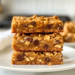 Here’s what you need to make these tasty Peanut Butter Oatmeal Cookie Bars: - 1 cup creamy peanut butter - 1/2 cup honey or maple syrup - 1 cup brown sugar, packed - 2 large eggs - 1 teaspoon vanilla extract - 1 teaspoon baking soda - 1/2 teaspoon salt - 2 cups rolled oats - 1/2 cup dark chocolate chips (optional) - 1/2 cup chopped nuts (walnuts or pecans) (optional) Each ingredient plays a key role. The peanut butter gives rich flavor and creaminess. Honey or maple syrup adds sweetness and moisture. Brown sugar brings a nice depth of flavor. The eggs help bind everything together. Vanilla adds warmth, while baking soda helps the bars rise. Salt balances the sweetness. Rolled oats provide a chewy texture. If you want, you can add dark chocolate chips or nuts for extra fun. These bars are simple to make and use basic pantry items. You’ll love how easy it is to whip them up for a snack or dessert! {{ingredient_image_1}} - Preheat the oven to 350°F (175°C). - Prepare the baking dish with parchment paper. - In a bowl, combine 1 cup of creamy peanut butter, 1/2 cup of honey, and 1 cup of brown sugar. Mix until creamy. - Next, add 2 large eggs and 1 teaspoon of vanilla extract. Whisk until fully combined. - In a separate bowl, mix 1 teaspoon of baking soda, 1/2 teaspoon of salt, and 2 cups of rolled oats. - Gradually fold the oat mixture into the peanut butter mixture. Be careful not to overmix. - If you like, add 1/2 cup of dark chocolate chips and 1/2 cup of chopped nuts. - Pour the batter into the prepared baking dish and spread it evenly. - Bake for 20-25 minutes, or until golden edges appear. - Let the bars cool in the pan for 10 minutes. - Lift them out using the parchment paper and cool completely on a wire rack. - Once cool, cut into squares or rectangles. For a nice touch, serve the bars stacked on a platter or wrapped in parchment. You can drizzle melted chocolate on top for a gourmet flair. To make great peanut butter oatmeal cookie bars, use the right mix of ingredients. Mix creamy peanut butter, honey or maple syrup, and brown sugar until smooth. This gives your bars a nice, sweet base. When adding eggs and vanilla, mix just until blended. Do not overmix the batter when you add the oats. Overmixing can make the bars tough. Fold the oat mix gently into the wet mix. This will keep your bars soft and chewy. To check if your bars are done, use a toothpick. Insert it in the center of the bars. If it comes out clean, your bars are ready. If it has wet batter, bake a little longer. Choose the right baking dish. I recommend a 9x13 inch pan. Glass or metal pans work well. Both give even heat, helping your bars bake perfectly. You can serve these bars in many fun ways. Stack them on a platter for a party or wrap them in parchment for a grab-and-go snack. For added flair, drizzle melted chocolate on top. You can also sprinkle some chopped nuts or a dusting of powdered sugar. These simple touches can make your bars look fancy and taste even better! Pro Tips Use Natural Peanut Butter: For the best flavor and texture, opt for natural peanut butter without added sugars or oils. Customize Your Mix-Ins: Feel free to experiment with different nuts or dried fruits to create your own signature bars! Check for Doneness: To ensure perfect bars, check them a few minutes before the baking time is up; they should be golden on the edges and firm in the center. Store Properly: Keep the bars in an airtight container at room temperature for up to a week or refrigerate for longer freshness. {{image_2}} You can change some ingredients to fit your taste or needs. For sweeteners, try agave syrup or coconut sugar. Both options work well and add great flavor. If you want a different nut butter, almond butter or sunflower seed butter are good choices. These swaps keep the bars tasty and fun. Want to spice things up? Add some cinnamon or nutmeg for warmth. These spices give the bars a cozy feel. You can also mix in dried fruits like raisins or cranberries. They add sweetness and chewiness, making your bars even better. If you need gluten-free bars, use certified gluten-free oats. These oats keep your recipe safe and delicious. You can also try flour alternatives like almond flour or coconut flour. Both options work well and help you enjoy these treats without worry. Store your Peanut Butter Oatmeal Cookie Bars at room temperature. They taste best this way. Use an airtight container to keep them fresh. This helps prevent them from drying out. If you live in a warm area, consider refrigeration. It keeps the bars cool and safe from melting. To freeze the bars, first, let them cool completely. Then, cut them into squares. Wrap each piece tightly in plastic wrap. Place the wrapped bars in a freezer-safe bag or container. This keeps them safe from freezer burn. When you want to eat one, take out a bar. Let it thaw at room temperature for about 30 minutes for the best texture. These cookie bars last about one week at room temperature. If stored correctly in an airtight container, they can last even longer. Look for signs that they are bad. If they smell off or have a dry texture, it’s time to toss them. Enjoy them at their best while they are fresh! You can tell the bars are done when the edges turn golden brown. Insert a toothpick in the center. If it comes out clean, they're ready. Yes, you can make these bars vegan. Just replace the eggs with flax eggs. Mix one tablespoon of ground flaxseed with three tablespoons of water. Let it sit for five minutes to thicken. You can use flax eggs, applesauce, or mashed bananas. Each option adds moisture and binds the bars. Choose based on your taste and preference. After cooling, lift the bars out using the parchment paper. Use a sharp knife to cut them into squares or rectangles. For a fun touch, serve them stacked on a platter or wrapped in parchment. Absolutely! You can make these bars a day or two in advance. Store them in an airtight container at room temperature. This helps the flavors meld together. Yes, you can use sunbutter or soy nut butter instead of peanut butter. These substitutes give a similar taste and texture without nuts, making it safer for those with allergies. These peanut butter oatmeal cookie bars are easy to make and customizable. We covered the key ingredients, straightforward steps, and tips for perfecting them. I shared how to add fun flavors and store them well. In summary, this is a fun treat you can enjoy any time. Feel free to experiment with flavors and ingredients. You’ll make a delicious snack everyone will love. Enjoy your baking adventure!