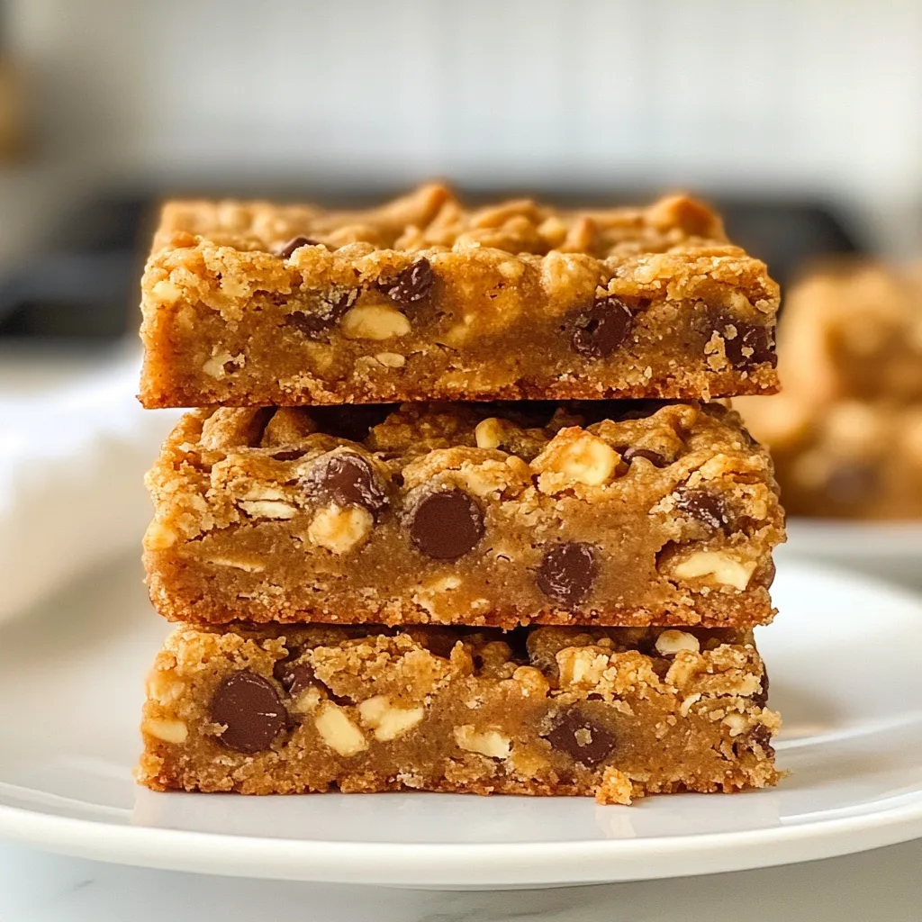 Here’s what you need to make these tasty Peanut Butter Oatmeal Cookie Bars: - 1 cup creamy peanut butter - 1/2 cup honey or maple syrup - 1 cup brown sugar, packed - 2 large eggs - 1 teaspoon vanilla extract - 1 teaspoon baking soda - 1/2 teaspoon salt - 2 cups rolled oats - 1/2 cup dark chocolate chips (optional) - 1/2 cup chopped nuts (walnuts or pecans) (optional) Each ingredient plays a key role. The peanut butter gives rich flavor and creaminess. Honey or maple syrup adds sweetness and moisture. Brown sugar brings a nice depth of flavor. The eggs help bind everything together. Vanilla adds warmth, while baking soda helps the bars rise. Salt balances the sweetness. Rolled oats provide a chewy texture. If you want, you can add dark chocolate chips or nuts for extra fun. These bars are simple to make and use basic pantry items. You’ll love how easy it is to whip them up for a snack or dessert! {{ingredient_image_1}} - Preheat the oven to 350°F (175°C). - Prepare the baking dish with parchment paper. - In a bowl, combine 1 cup of creamy peanut butter, 1/2 cup of honey, and 1 cup of brown sugar. Mix until creamy. - Next, add 2 large eggs and 1 teaspoon of vanilla extract. Whisk until fully combined. - In a separate bowl, mix 1 teaspoon of baking soda, 1/2 teaspoon of salt, and 2 cups of rolled oats. - Gradually fold the oat mixture into the peanut butter mixture. Be careful not to overmix. - If you like, add 1/2 cup of dark chocolate chips and 1/2 cup of chopped nuts. - Pour the batter into the prepared baking dish and spread it evenly. - Bake for 20-25 minutes, or until golden edges appear. - Let the bars cool in the pan for 10 minutes. - Lift them out using the parchment paper and cool completely on a wire rack. - Once cool, cut into squares or rectangles. For a nice touch, serve the bars stacked on a platter or wrapped in parchment. You can drizzle melted chocolate on top for a gourmet flair. To make great peanut butter oatmeal cookie bars, use the right mix of ingredients. Mix creamy peanut butter, honey or maple syrup, and brown sugar until smooth. This gives your bars a nice, sweet base. When adding eggs and vanilla, mix just until blended. Do not overmix the batter when you add the oats. Overmixing can make the bars tough. Fold the oat mix gently into the wet mix. This will keep your bars soft and chewy. To check if your bars are done, use a toothpick. Insert it in the center of the bars. If it comes out clean, your bars are ready. If it has wet batter, bake a little longer. Choose the right baking dish. I recommend a 9x13 inch pan. Glass or metal pans work well. Both give even heat, helping your bars bake perfectly. You can serve these bars in many fun ways. Stack them on a platter for a party or wrap them in parchment for a grab-and-go snack. For added flair, drizzle melted chocolate on top. You can also sprinkle some chopped nuts or a dusting of powdered sugar. These simple touches can make your bars look fancy and taste even better! Pro Tips Use Natural Peanut Butter: For the best flavor and texture, opt for natural peanut butter without added sugars or oils. Customize Your Mix-Ins: Feel free to experiment with different nuts or dried fruits to create your own signature bars! Check for Doneness: To ensure perfect bars, check them a few minutes before the baking time is up; they should be golden on the edges and firm in the center. Store Properly: Keep the bars in an airtight container at room temperature for up to a week or refrigerate for longer freshness. {{image_2}} You can change some ingredients to fit your taste or needs. For sweeteners, try agave syrup or coconut sugar. Both options work well and add great flavor. If you want a different nut butter, almond butter or sunflower seed butter are good choices. These swaps keep the bars tasty and fun. Want to spice things up? Add some cinnamon or nutmeg for warmth. These spices give the bars a cozy feel. You can also mix in dried fruits like raisins or cranberries. They add sweetness and chewiness, making your bars even better. If you need gluten-free bars, use certified gluten-free oats. These oats keep your recipe safe and delicious. You can also try flour alternatives like almond flour or coconut flour. Both options work well and help you enjoy these treats without worry. Store your Peanut Butter Oatmeal Cookie Bars at room temperature. They taste best this way. Use an airtight container to keep them fresh. This helps prevent them from drying out. If you live in a warm area, consider refrigeration. It keeps the bars cool and safe from melting. To freeze the bars, first, let them cool completely. Then, cut them into squares. Wrap each piece tightly in plastic wrap. Place the wrapped bars in a freezer-safe bag or container. This keeps them safe from freezer burn. When you want to eat one, take out a bar. Let it thaw at room temperature for about 30 minutes for the best texture. These cookie bars last about one week at room temperature. If stored correctly in an airtight container, they can last even longer. Look for signs that they are bad. If they smell off or have a dry texture, it’s time to toss them. Enjoy them at their best while they are fresh! You can tell the bars are done when the edges turn golden brown. Insert a toothpick in the center. If it comes out clean, they're ready. Yes, you can make these bars vegan. Just replace the eggs with flax eggs. Mix one tablespoon of ground flaxseed with three tablespoons of water. Let it sit for five minutes to thicken. You can use flax eggs, applesauce, or mashed bananas. Each option adds moisture and binds the bars. Choose based on your taste and preference. After cooling, lift the bars out using the parchment paper. Use a sharp knife to cut them into squares or rectangles. For a fun touch, serve them stacked on a platter or wrapped in parchment. Absolutely! You can make these bars a day or two in advance. Store them in an airtight container at room temperature. This helps the flavors meld together. Yes, you can use sunbutter or soy nut butter instead of peanut butter. These substitutes give a similar taste and texture without nuts, making it safer for those with allergies. These peanut butter oatmeal cookie bars are easy to make and customizable. We covered the key ingredients, straightforward steps, and tips for perfecting them. I shared how to add fun flavors and store them well. In summary, this is a fun treat you can enjoy any time. Feel free to experiment with flavors and ingredients. You’ll make a delicious snack everyone will love. Enjoy your baking adventure!