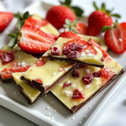 To make Chocolate Covered Strawberry Bark, you need a few simple items. These ingredients create a tasty and colorful treat. Here’s what you will need: - 1 cup dark chocolate chips - 1 cup white chocolate chips - 1 cup freeze-dried strawberries - 1 tablespoon coconut oil - Sea salt (optional) - Fresh strawberries, sliced Each ingredient plays a key role. The dark chocolate gives a rich taste. The white chocolate adds sweetness and makes it pretty. Freeze-dried strawberries add crunch and flavor. Coconut oil helps the chocolate melt smoothly. You can sprinkle sea salt to enhance the taste. Fresh strawberries on top make it look great. Gather these ingredients before you start cooking. This way, you can enjoy the fun of making this treat! {{ingredient_image_1}} To start, take a baking sheet. Line it with parchment paper. This helps keep the bark from sticking. Make sure the paper covers the whole sheet. It will make your cleanup easy, too. Next, grab a microwave-safe bowl. Add 1 cup of dark chocolate chips and ½ tablespoon of coconut oil. The coconut oil helps the chocolate melt smooth. Heat the bowl in the microwave. Do this in 30-second bursts. Stir the chocolate after each burst. Keep going until the chocolate is smooth and melted. Now, take another bowl. Add 1 cup of white chocolate chips with the rest of the coconut oil. Follow the same steps as before. Heat in 30-second intervals and stir until smooth. White chocolate melts quickly, so watch it closely. Pour the melted dark chocolate onto the lined sheet. Spread it out evenly with a spatula. Next, drizzle the white chocolate over the dark chocolate. Use a zig-zag pattern for fun. Grab a toothpick or spatula and swirl the two chocolates together. This creates a nice marbled look. Now, sprinkle 1 cup of freeze-dried strawberries on top. Press them gently so they stick. If you like, add a pinch of sea salt for flavor. Finally, decorate with sliced fresh strawberries. They will make your bark look beautiful. Place the baking sheet in the fridge for about an hour. Wait until the bark is hard. Once set, break it into pieces and enjoy! For this bark, I love using dark and white chocolate chips. Dark chocolate gives a rich taste. White chocolate adds sweetness and a nice contrast. You can use any brand, but look for good quality. The better the chocolate, the better your bark will taste. To get that beautiful marbled look, drizzle the white chocolate over the dark chocolate. Use a toothpick to swirl them together. Don't overdo it! A few gentle swirls work best. This way, you keep both colors visible. It looks stunning and tastes great! Presentation makes your bark even more special. After breaking your bark into pieces, place it on a nice plate. Add fresh strawberry slices on top for color. You can also sprinkle some sea salt for a fancy touch. Remember to keep it colorful and fun! Pro Tips Use Quality Chocolate: Always opt for high-quality chocolate chips for the best flavor and texture in your bark. Don’t Overheat the Chocolate: Heat the chocolate in short intervals to prevent burning; it should be melted but not bubbling. Experiment with Toppings: Feel free to add other toppings, like nuts or sprinkles, for extra texture and flavor variations. Store Properly: Keep the chocolate bark in an airtight container in a cool place to maintain its texture and freshness. {{image_2}} You can add nuts to your bark for a fun twist. Try chopped almonds or walnuts. Simply sprinkle them on top of the chocolate before it sets. The crunch of the nuts adds texture. It also gives a nice flavor contrast with the sweet chocolate. Don't stop at strawberries! You can use different freeze-dried fruits. Raspberries, blueberries, or bananas work well too. Just chop them up and sprinkle them on the chocolate. Each fruit brings a new taste and color. This makes your bark even more special and colorful. Want to boost the flavor? Try adding extracts! A drop of vanilla or almond extract can work wonders. Mix it into the melted chocolate for extra depth. You can also experiment with mint or orange extracts. This adds a unique twist to every bite. To keep your chocolate covered strawberry bark fresh, place it in an airtight container. This will block out air and moisture. You can layer pieces of parchment paper between the bark to prevent sticking. Store the container in a cool, dry place. Avoid areas near heat, as it can melt the chocolate. When stored properly, chocolate covered strawberry bark lasts about two weeks. If you notice any changes in smell or texture, it’s best to throw it away. Keep an eye out for any signs of spoilage. If you want it to last longer, consider freezing it. Freezing chocolate bark is a great way to keep it fresh for longer. To freeze, wrap the bark tightly in plastic wrap. Then place it in a freezer-safe bag or container. When you’re ready to eat, let it thaw in the fridge for a few hours. Avoid thawing it at room temperature to keep the texture nice. Yes, you can use milk chocolate. Milk chocolate adds a sweeter taste. It also melts well, just like dark chocolate. Try it if you prefer a milder flavor. Keep in mind, the color and taste will change. Chocolate takes about 1 hour to set. It should be in the refrigerator during this time. The cold helps the chocolate harden. You can check if it’s firm by gently tapping it. If it’s solid, it’s ready to break apart! You can find pre-made chocolate covered strawberry bark at many stores. Look in candy shops or gourmet sections. Online stores also sell it, so you can check there too. Just make sure to read reviews for quality. Yes, you can customize the toppings! Add nuts, seeds, or different fruits. Use your favorite flavors to make it unique. Get creative and have fun with it! Just remember to press toppings gently into the chocolate. You learned how to make chocolate covered strawberry bark. We covered the ingredients, steps, and tips needed. Don’t forget the fun variations you can try. Storage tips keep your treats fresh for longer. This bark is fun to make and share. Enjoy your tasty creation, and impress your friends and family. Simple changes can make it yours. Get creative and have fun with your chocolate bark!