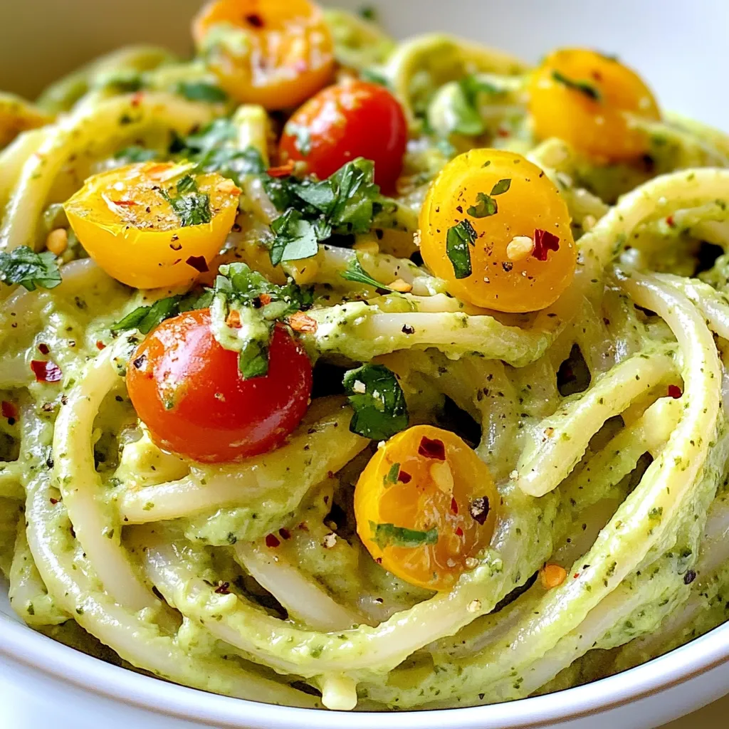 To create Avocado Cilantro Lime Pasta, you need the following ingredients: - 12 oz spaghetti or linguine - 2 ripe avocados, pitted and peeled - 1/2 cup fresh cilantro leaves - 1/4 cup grated Parmesan cheese (or nutritional yeast for a vegan option) - 2 tablespoons lime juice - 2 cloves of garlic, minced - 1 teaspoon olive oil - Salt and pepper to taste - Optional: cherry tomatoes, halved, for garnish - Optional: red pepper flakes for added heat These ingredients work together to create a creamy, zesty dish. You can swap some ingredients to fit your taste or needs. Here are some easy swaps: - Use whole wheat pasta for a healthier option. - For a vegan dish, replace Parmesan with nutritional yeast. - Instead of cilantro, try parsley for a different flavor. - You can add lemon juice if you don’t have lime. - Cherry tomatoes can be replaced with diced bell peppers for crunch. These substitutions keep the dish delicious while meeting dietary needs. This recipe serves four and provides balanced nutrition. Here’s a rough estimate per serving: - Calories: 450 - Protein: 10g - Fat: 22g - Carbohydrates: 56g - Fiber: 8g This dish is rich in healthy fats from avocados. It also offers fiber and essential vitamins. Enjoying it as part of a balanced diet can be both tasty and healthy. {{ingredient_image_1}} Start by boiling a large pot of salted water. Once it boils, add 12 oz of spaghetti or linguine. Cook it according to the package directions until it's al dente. After cooking, reserve 1/2 cup of the pasta water. Drain the pasta and set it aside in a large bowl. Next, you will make the avocado sauce. Take 2 ripe avocados, pitted and peeled, and place them in a food processor. Add 1/2 cup of fresh cilantro leaves, 1/4 cup of grated Parmesan cheese, 2 tablespoons of lime juice, 2 cloves of minced garlic, and 1 teaspoon of olive oil. Blend everything until the mixture is smooth. If it seems too thick, slowly add some reserved pasta water until you reach your desired creaminess. Now, it’s time to combine the pasta and sauce. Add the drained pasta to the bowl with the avocado sauce. Toss everything gently to coat the pasta well. You can add more reserved pasta water if you want a creamier dish. Taste the pasta and adjust with salt and pepper. If you like heat, sprinkle in some red pepper flakes. For serving, plate the pasta into bowls. Garnish with halved cherry tomatoes and extra cilantro for a fresh touch. Enjoy your flavorful dinner dish! When selecting avocados, look for ones that feel slightly soft when you press them. They should yield gently to your fingers. Check the color too; ripe avocados are darker. If they have a few brown spots, that’s okay! Just avoid any with large dents or black patches. If you find hard avocados, leave them at room temperature for a few days to ripen. The sauce should be creamy but not too thick. If it feels too heavy, add a bit of the reserved pasta water. Start with a tablespoon, blend, and check. Repeat this until you reach the desired smoothness. Be careful not to add too much water at once! You want a silky texture that coats the pasta well. For a pop of color and flavor, top your pasta with halved cherry tomatoes. They add freshness and a juicy bite. You can also sprinkle some red pepper flakes for heat. Extra cilantro on top brightens the dish. If you like cheese, add more grated Parmesan for a richer taste. Enjoy experimenting with different garnishes! Pro Tips Choose Ripe Avocados: Make sure your avocados are ripe for the best flavor and creaminess. They should yield slightly to gentle pressure when squeezed. Adjust Consistency: If your avocado sauce is too thick, gradually add reserved pasta water until it reaches your desired creaminess. Freshness is Key: Use fresh cilantro for a vibrant flavor. If you’re not a fan of cilantro, fresh basil or parsley can be great alternatives. Garnish Wisely: Enhance the dish by adding fresh cherry tomatoes or a sprinkle of red pepper flakes for a pop of color and flavor. {{image_2}} For a vegan twist, swap the Parmesan cheese with nutritional yeast. This choice gives a cheesy flavor without dairy. Nutritional yeast is packed with B vitamins and adds a savory touch. I suggest using 1/4 cup, just like the cheese. Blend it with the other sauce ingredients. This will keep your dish creamy and rich. Want to make your pasta heartier? Add protein! Grilled chicken or shrimp pairs well with this dish. For chicken, use about 1 cup, diced into small pieces. Sauté it in a bit of olive oil until cooked. For shrimp, use about 1 pound, cooking until pink and firm. Toss the protein into the pasta before serving. This adds flavor and makes the meal more filling. If you like heat, sprinkle in some red pepper flakes. Start with a pinch and adjust to your taste. You can also add ingredients like jalapeños or a dash of hot sauce for an extra kick. For freshness, consider adding halved cherry tomatoes or diced bell peppers. These additions will enhance the dish and make it even more colorful. To store your leftover Avocado Cilantro Lime Pasta, place it in an airtight container. Make sure to cool the pasta first. This helps keep the flavors fresh. Store it in the fridge for up to three days. If you wait longer, the avocados may brown. When you reheat the pasta, do it gently. Use a microwave or a pan on low heat. Add a splash of water or olive oil to help with moisture. Stir often to warm it evenly. This way, the pasta stays creamy and tasty. You can freeze this pasta if you want to save it for later. However, the texture may change after thawing. To freeze, place the pasta in a freezer-safe bag or container. Squeeze out as much air as possible. It can last for up to a month in the freezer. When you are ready to eat it, thaw it in the fridge overnight. Reheat it gently, adding a little water or oil as needed. Yes, you can use any pasta you like! Spaghetti and linguine are great choices, but penne or farfalle work well too. Just remember to adjust the cooking time based on the pasta type you choose. Whole wheat or gluten-free pasta are also options for a healthier twist. To add spice to your sauce, try these ideas: - Red pepper flakes: Sprinkle in some while mixing the sauce. - Jalapeños: Add fresh or pickled jalapeños to the food processor. - Hot sauce: A few drops of your favorite hot sauce can do wonders. Start with a little and taste as you go. You can always add more heat! This pasta pairs well with many sides: - Salad: A light green salad with a lemon dressing. - Grilled veggies: Zucchini or bell peppers add a nice touch. - Garlic bread: Crunchy bread will complement the creamy pasta. - Protein: Grilled chicken, shrimp, or beans can make it a full meal. Mix and match to create a dinner you love! You now have all the tools to make Avocado Cilantro Lime Pasta. We covered each ingredient, so you know what to use and can swap as needed. Cooking steps are easy to follow, ensuring a smooth process. Tips help you choose ripe avocados and create the best texture. Try different variations to suit your taste and store leftovers properly. This dish is versatile and fun, perfect for any meal. Enjoy your cooking adventure!