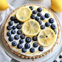 To make this delightful vegan cheesecake, you need a few key ingredients: - 1 ½ cups raw cashews, soaked for at least 4 hours - ½ cup coconut cream (canned) - ½ cup maple syrup - ¼ cup fresh lemon juice - Zest of 1 lemon - 1 teaspoon vanilla extract - 1 cup blueberries (fresh or frozen) - 1 ½ cups almond flour - 1 tablespoon melted coconut oil - 1 tablespoon agave syrup - Pinch of salt These ingredients come together to create a rich and creamy dessert. The cashews form the base, while lemon juice and zest add a bright flavor. Blueberries give it a fresh touch. You can adjust some ingredients based on what you have. For example: - Instead of cashews, you can try soaked almonds or macadamia nuts. - You can swap coconut cream with soaked silken tofu for a lower fat option. - If you don't have maple syrup, agave syrup can work too. These swaps keep the taste and texture nice. This cheesecake is not just tasty but also healthy. Here are some benefits: - Cashews: Rich in healthy fats and protein. They help with heart health. - Blueberries: Packed with antioxidants. They support your immune system. - Lemon: High in vitamin C. It boosts your skin health and digestion. - Maple Syrup: A natural sweetener that has minerals like manganese and zinc. These ingredients make this cheesecake a guilt-free treat. Enjoy the flavors while knowing you’re eating well! {{ingredient_image_1}} To make the crust, grab a mixing bowl. Add 1 ½ cups of almond flour. Then, pour in 1 tablespoon of melted coconut oil. Next, add 1 tablespoon of agave syrup and a pinch of salt. Mix these ingredients until they look crumbly. This mixture will be the base for our cheesecake. Now, take a springform pan and press the crust mixture into the bottom. Use a flat object to pack it down firmly. This step is key; it helps the crust hold together. Once done, place the pan in the freezer while you work on the filling. For the filling, start by draining and rinsing 1 ½ cups of soaked cashews. Place the cashews in a high-speed blender. Add ½ cup of coconut cream, ½ cup of maple syrup, ¼ cup of fresh lemon juice, and the zest of 1 lemon. Don’t forget to add 1 teaspoon of vanilla extract. Blend all these ingredients until smooth and creamy. You may need to scrape down the sides a few times. This ensures everything mixes well. Once smooth, gently fold in 1 cup of blueberries. You can save a few blueberries for later decoration if you like. Next, take the cheesecake filling and pour it over the crust in the springform pan. Use a spatula to smooth the top. It should look nice and even. Cover the pan with plastic wrap. Now, place it in the freezer for about 4 to 6 hours. This step allows the cheesecake to set completely. When it’s time to serve, remove the cheesecake from the pan. Let it sit at room temperature for about 10 minutes. This helps it soften slightly, making it easier to slice. Enjoy this delightful vegan lemon blueberry cheesecake! To get a creamy texture, soak your cashews well. I soak them for at least four hours. This step helps them blend smoothly. After soaking, rinse them before adding to the blender. Use a high-speed blender for best results. Blend until the mix is very smooth. If needed, scrape down the sides to blend well. The coconut cream adds richness, so don’t skip that. Cracking can happen if the cheesecake sets too fast. To avoid this, let the cheesecake set slowly. After blending, pour it gently over the crust. Cover it well while it chills. If you see cracks, don’t worry! You can cover them with toppings later. Keeping the cheesecake in the freezer helps it set evenly. For a lovely presentation, top your cheesecake with fresh blueberries. You can also add lemon slices for a bright touch. Place mint leaves around the cheesecake for color. Use a decorative plate to make it stand out. Before serving, let it sit for about ten minutes. This makes slicing easier. Enjoy your beautiful creation with friends and family! Pro Tips Soak Cashews Properly: Ensure you soak the cashews for at least 4 hours to achieve a creamy texture. If you’re short on time, you can soak them in hot water for 1 hour instead. Use Fresh Ingredients: For the best flavor, use fresh lemons and blueberries. If using frozen blueberries, thaw and drain them to avoid excess moisture in the cheesecake. Customize Sweetness: Adjust the maple syrup based on your sweetness preference. Start with less and add more if needed, especially if your blueberries are particularly tart. Let it Rest: Allow the cheesecake to sit at room temperature for about 10 minutes before slicing. This will help it soften slightly, making it easier to cut clean slices. {{image_2}} You can make this cheesecake your own by adding different fruits. For a tropical twist, try mango or passion fruit. If you love berries, mix in raspberries or strawberries. You can also use a fruit puree as a topping. This brings a fun pop of color and flavor. Each fruit adds its own unique taste, so feel free to experiment! This vegan cheesecake is already gluten-free! The crust uses almond flour, which is great for those with gluten issues. If you want an even crunchier texture, try using crushed nuts or gluten-free oats. Just make sure any ingredient you choose is certified gluten-free. This way, you can enjoy your dessert without worry. If you want a different sweetness, there are many options! You can swap maple syrup for agave nectar or date syrup. For a lower-calorie choice, consider stevia or monk fruit sweetener. Just remember to adjust the amounts since they can be sweeter than maple syrup. This lets you enjoy a tasty dessert that meets your needs! To keep your vegan lemon blueberry cheesecake fresh, store it in an airtight container. I recommend using a glass container for best results. Place a piece of parchment paper between the cheesecake and the lid to avoid sticking. This method helps maintain the cheesecake's creamy texture. You can freeze this cheesecake for later enjoyment. First, let it set in the fridge for at least 4 hours. Then, cover it tightly with plastic wrap. After that, wrap it in aluminum foil. This extra layer helps prevent freezer burn. When you're ready to eat, thaw it in the fridge overnight for the best texture. This cheesecake lasts about 5 days in the fridge. For frozen cheesecake, it can stay good for up to 2 months. Make sure to label your containers with the date. Always check for any signs of spoilage before serving, like unwanted smells or discoloration. Enjoy your delicious treat without worry! Yes, you can use other nuts. Almonds or macadamia nuts work well. Soak them like cashews. Each nut adds a unique flavor and texture. Almonds give a nuttier taste, while macadamia nuts are creamier. Just remember to adjust soaking times based on the nut type. To make a no-bake cheesecake, keep the same filling recipe. Instead of freezing, chill in the fridge. Let it set for at least 4 hours. This makes the cheesecake creamy and smooth without baking. You can also add a layer of fresh berries on top for a burst of flavor. Absolutely! You can use silken tofu for a lighter texture. It blends well and keeps the cheesecake creamy. You could also try cashew cream or almond cream. Both options will still taste great. If you want a richer flavor, use more nuts or a bit of vegan cream cheese. This blog post covered how to make a vegan lemon blueberry cheesecake. We explored key ingredients and their health benefits. I shared step-by-step instructions to guide your baking process. Tips helped ensure a creamy texture, while varied flavors offer fun twists. You learned about storing and freezing the cheesecake for later enjoyment. With these insights, you can create a delicious and healthy dessert that impresses everyone. Enjoy your baking experience and share this treat with friends and family!