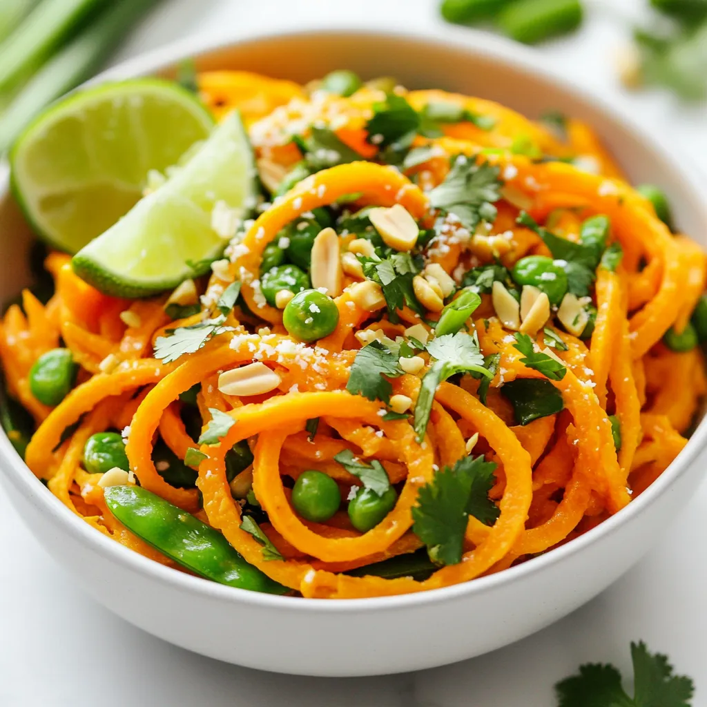 - 2 medium sweet potatoes, spiralized into noodles - 1 cup bell peppers, thinly sliced (mixed colors) - 1 cup snap peas, trimmed - 1 cup shredded carrots - 3 green onions, chopped - ½ cup cilantro, chopped - Crushed peanuts for garnish (optional) Sweet potatoes are the star here. They give a sweet base and a lovely color. The mix of bell peppers adds crunch and color, while snap peas bring freshness. Carrots add sweetness and a nice texture. Green onions and cilantro elevate the dish with their fresh flavors. - 1/4 cup creamy peanut butter - 2 tablespoons soy sauce (or tamari for gluten-free) - 1 tablespoon honey (or maple syrup) - 1 tablespoon lime juice - 1 tablespoon sesame oil - 1 teaspoon garlic, minced - 1 teaspoon ginger, grated The peanut sauce ties everything together. Creamy peanut butter makes it rich. Soy sauce or tamari gives it depth. Honey or maple syrup adds sweetness, and lime juice brings in a zesty kick. The sesame oil, garlic, and ginger add aromatic notes that make the sauce pop. - Additional vegetables - Alternative proteins You can customize this dish easily. Add any seasonal veggies you like. Broccoli or zucchini work well. For protein, tofu or chicken fits perfectly. This flexibility lets you create a meal that suits your taste. {{ingredient_image_1}} Start by spiralizing the sweet potatoes. You can use a spiralizer or a julienne peeler. If you prefer, you can buy store-bought sweet potato noodles. Just rinse them under cold water. Set them aside for later. In a bowl, whisk together the creamy peanut butter, soy sauce, honey, lime juice, sesame oil, minced garlic, and grated ginger. Mix until smooth. If the sauce is too thick, add a splash of water. This gives you a nice creamy texture. Heat a drizzle of sesame oil in a large skillet over medium heat. Add the sliced bell peppers and snap peas. Sauté them for about 3-4 minutes. You want them to soften but not lose their crunch. Add the sweet potato noodles and shredded carrots to the skillet. Toss everything well. Sauté for another 5-7 minutes. Cook until the noodles are tender, but be careful not to let them get mushy. Take the skillet off the heat. Pour in the peanut sauce and toss to coat. Transfer the noodles to a serving dish. Top with chopped green onions, cilantro, and crushed peanuts if you like. Serve with lime wedges for a zesty kick. To get the best texture for your sweet potato noodles, cook them right. You want them tender but not mushy. I recommend sautéing them for about 5-7 minutes after adding to the skillet. Stir gently as they cook. This helps keep them firm and flavorful. Making the peanut sauce just right is key. If you want it thicker, add more peanut butter. For a thinner sauce, add a splash of water or more lime juice. Whisk the sauce well until smooth. This will give you the perfect creamy blend for your noodles. To amp up the flavor, think about adding some spice. A pinch of red pepper flakes can add heat. You can also use fresh herbs, like basil or mint, for a tasty twist. Experiment to find what you love best! Pro Tips Use Fresh Ingredients: Fresh vegetables not only enhance the flavor but also add vibrant colors to the dish, making it more visually appealing. Adjust Sauce Consistency: If your peanut sauce is too thick, add a splash of warm water to achieve the desired creamy texture while retaining flavor. Don’t Overcook the Noodles: Sweet potato noodles can turn mushy if overcooked, so aim for a tender yet slightly firm texture for the best bite. Customize Your Veggies: Feel free to swap in your favorite vegetables based on what you have on hand, such as broccoli, zucchini, or even spinach. {{image_2}} You can swap in many different veggies for Thai Peanut Sweet Potato Noodles. Seasonal vegetables add fun and flavor. Try zucchini noodles in summer or roasted butternut squash in fall. You can also add spinach or kale for a healthy boost. Carrots, bell peppers, and snap peas are always great choices. Mix it up to keep your meals exciting! Adding protein makes this dish more filling. Tofu is a great plant-based option. Just cube it and sauté until golden. Chicken is another choice; simply grill or stir-fry it first. Shrimp cooks quickly and adds a nice touch. You can choose any of these proteins based on your taste or diet. You can change the sauce to keep things interesting. A spicy peanut sauce adds heat. For a lighter taste, try a lime vinaigrette. If you want something creamy, use tahini or almond butter instead of peanut butter. Each sauce will give your noodles a different flavor profile. Don't be afraid to experiment! To keep your Thai Peanut Sweet Potato Noodles fresh, store them in an airtight container. Place cooked noodles and veggies together. You can keep them in the fridge for up to three days. Make sure to let them cool down before sealing. This helps prevent extra moisture. If you have extra peanut sauce, store it in a separate container. It will stay fresh for about a week in the fridge. When you're ready to enjoy leftovers, reheat them gently. Use a skillet over low heat to warm the noodles. Add a splash of water or extra peanut sauce. This helps keep the noodles moist and tasty. Stir frequently until everything is warm. Avoid using the microwave. It can make the noodles soggy. You can easily prepare this dish ahead of time. Spiralize the sweet potatoes and chop the veggies a day before. Store them in the fridge in separate containers. You can also make the peanut sauce ahead. Just whisk the sauce ingredients and store it in a jar. This way, you save time when cooking. On cook day, all you need to do is sauté and combine. Enjoy your quick and healthy meal! Yes, you can use regular noodles. Regular noodles have a different taste and texture. Sweet potato noodles are soft and have a slight sweetness. They add a unique flavor to the dish. If you prefer regular noodles, choose rice noodles or whole wheat noodles. They will work well too. To make this dish vegan, swap honey for maple syrup. Use tamari instead of soy sauce for gluten-free options. You can also add more vegetables for extra flavor. Tofu is a great protein choice to keep it filling. This way, you can enjoy a rich taste without using animal products. These noodles pair well with many side dishes. You might enjoy a simple cucumber salad. Fresh spring rolls are another great option. For a heartier meal, serve with grilled tofu or a vegetable stir-fry. These sides balance the sweet and savory flavors of the noodles. In this article, we explored the vibrant world of Thai Peanut Sweet Potato Noodles. You learned about key ingredients like sweet potatoes, fresh veggies, and creamy peanut sauce. I provided step-by-step instructions for preparation and cooking, along with helpful tips to perfect your dish. You also discovered ways to customize it with different proteins and sauces. Cooking should be fun and flexible. Enjoy experimenting with flavors and textures to make this dish your own!