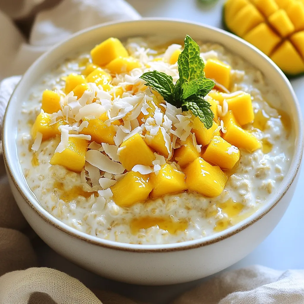 - 1 cup rolled oats - 1 cup coconut milk (canned or carton) - 1 ripe mango, diced - 1 tablespoon chia seeds - 2 tablespoons shredded coconut (unsweetened) - 1 tablespoon maple syrup (optional) - A pinch of salt - Fresh mint leaves for garnish (optional) To make Coconut Mango Overnight Oats, you need some simple ingredients. Start with rolled oats. These oats are the base of our dish. Next, grab some coconut milk. You can use canned or carton milk. This milk adds a creamy texture and rich flavor. You will also need a ripe mango. Dice this fruit to add a sweet and juicy taste. Chia seeds will help thicken the oats and add a healthy boost. Shredded coconut gives a nice crunch and enhances the coconut flavor. If you like, add a tablespoon of maple syrup for extra sweetness. Just a pinch of salt will balance all the flavors. Finally, fresh mint leaves can make a lovely garnish. They add a pop of color and a fresh scent. These ingredients come together to create a tasty and filling breakfast. Each spoonful brings the taste of summer. You can feel good knowing you are eating healthy too! {{ingredient_image_1}} 1. In a mixing bowl or jar, combine: - 1 cup rolled oats - 1 cup coconut milk - 1 tablespoon chia seeds - 2 tablespoons shredded coconut - 1 tablespoon maple syrup (optional) - A pinch of salt Stir well. This mix creates a creamy base for our oats. 2. Fold in half of the diced mango. Save the rest for topping later. This step adds a burst of fruity flavor. 3. Cover the bowl or seal the jar with a lid. Place it in the fridge overnight. This soaking time helps the oats and chia seeds absorb the liquid. 4. In the morning, stir the mixture. If it's too thick, add a bit more coconut milk. This keeps it smooth and easy to eat. 5. Top your oats with the remaining diced mango. Add a sprinkle of shredded coconut. For a fresh touch, you can also add mint leaves. 6. Enjoy your delicious and tropical Coconut Mango Overnight Oats! You can eat it straight from the jar or transfer it to a bowl. Soaking your oats is key. Let them sit for at least four hours. This gives them time to absorb the liquid. The result is creamy and soft oats. You can soak them overnight for the best texture. Sweetness is personal. Taste your mixture before it chills. If it needs more sweetness, add maple syrup. Adjusting the sweetness helps you enjoy your oats. Choosing the wrong oat type is a common error. Use rolled oats for the best results. Quick oats can turn mushy, while steel-cut oats need more time. Don't skip the chia seeds. They help thicken the oats and add fiber. Plus, they give a nice texture. Without them, your oats won’t be as creamy. Pro Tips Use Ripe Mangoes: The riper the mango, the sweeter and more flavorful your overnight oats will be. Look for mangoes that yield slightly to pressure when squeezed. Adjust Sweetness: If you prefer a sweeter taste, feel free to add more maple syrup or even a splash of honey, depending on your dietary preferences. Experiment with Toppings: Don't hesitate to customize your toppings! Try adding nuts, seeds, or even a dollop of yogurt for extra texture and flavor. Make in Batches: This recipe is easy to scale! Prepare a larger batch to enjoy throughout the week, just remember to keep the toppings separate until serving. {{image_2}} You can easily change some ingredients in this recipe. Feel free to use different types of milk. Almond milk, oat milk, or soy milk all work well. Each type brings its own flavor. You can also swap the mango for other fruits. Try ripe bananas, fresh berries, or diced peaches. Each fruit will give a new taste and keep things fun. Adding spices or extracts can make your oats more exciting. A pinch of cinnamon or a drop of vanilla extract can add depth. You can even try a little nutmeg for a warm flavor. For extra crunch, consider adding nuts on top. Chopped almonds, walnuts, or pecans add texture and healthy fats. Mix and match to find your favorite combination. To keep your Coconut Mango Overnight Oats fresh, store them in the fridge. Use a jar or an airtight container. This helps keep moisture in and prevents them from drying out. Make sure the lid is tight to keep out any fridge odors. For the best taste and texture, eat your oats within three days. After that, the oats may lose their creamy texture. Yes, you can freeze Coconut Mango Overnight Oats. Just place them in a freezer-safe container. Leave some space at the top, as the oats will expand when frozen. To serve after freezing, thaw them overnight in the fridge. In the morning, stir well and add more coconut milk if needed. This helps bring back the creamy texture. Enjoy your tasty tropical treat! Overnight oats are oats soaked in liquid overnight. This softens them. They become creamy and ready to eat by morning. You can mix in fruits, nuts, or seeds for flavor and nutrition. They are a simple and quick breakfast choice. Yes, you can prepare these oats up to five days in advance. Store them in the fridge in sealed jars or containers. This makes busy mornings easier. Just grab a jar and enjoy! Yes, this recipe is gluten-free if you use certified gluten-free rolled oats. Always check labels to be sure. Many oats may be processed with gluten products. Using certified oats ensures they are safe for gluten-free diets. To make this recipe vegan, ensure you use plant-based coconut milk. You can skip the maple syrup for sweetness, or use agave syrup instead. This keeps it plant-based and delicious while still tasting great. Coconut Mango Overnight Oats offer a simple, tasty way to enjoy breakfast. We covered key ingredients, easy steps, and smart tips for the best oats. Remember to adjust the sweetness and soak your oats well. Use different fruits or flavors to keep things exciting. Store leftovers properly to enjoy them later. With these ideas, you can make great meals that fit your needs. Now, dive in and create your own delicious versions!