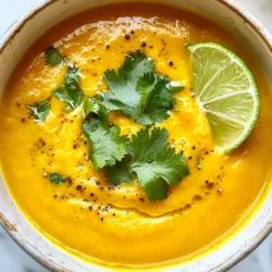- 4 large carrots, chopped - 1 medium onion, diced - 2 cloves garlic, minced - 1 tablespoon fresh ginger, grated - 1 tablespoon ground turmeric - 4 cups vegetable broth - 1 can (400ml) coconut milk These main ingredients form the heart of the soup. The carrots offer sweetness and color. Onions and garlic add depth and flavor. Fresh ginger and turmeric bring warmth and health benefits. Vegetable broth gives a rich base, while coconut milk adds creaminess. - 2 tablespoons olive oil - 1 teaspoon salt - ½ teaspoon black pepper - Fresh cilantro for garnish - Lime wedges for serving The olive oil helps sauté the veggies. Salt and black pepper enhance the flavors. Fresh cilantro adds a pop of color and freshness. Lime wedges offer a zesty finish, brightening the soup's taste. - Pot - Immersion blender - Cutting board - Knife A sturdy pot is key for cooking. An immersion blender lets you puree the soup smooth. A cutting board and knife help with chopping all those veggies. These tools make the cooking process easy and enjoyable. {{ingredient_image_1}} To start, heat a large pot over medium heat. Add 2 tablespoons of olive oil. Once the oil is warm, toss in 1 medium onion, diced. Sauté the onion for about 5 minutes. You want it to become soft and translucent. Now, add 2 minced garlic cloves, 1 tablespoon of grated ginger, and 1 tablespoon of ground turmeric. Stir these together and cook for another 2 minutes. This mixture will fill your kitchen with a lovely aroma. Next, add 4 large carrots, chopped into small pieces. Pour in 4 cups of vegetable broth. Bring this to a boil, then lower the heat. Cover the pot and let it simmer for about 20 minutes. You want the carrots to become tender, so they blend easily later. After 20 minutes, remove the pot from the heat. Use an immersion blender to puree the soup until it is smooth. If you don't have one, carefully transfer the soup to a blender in batches. Once blended, return the soup to low heat. Stir in 1 can of coconut milk for creaminess. Season with 1 teaspoon of salt and ½ teaspoon of black pepper. Allow the soup to heat through for about 5 more minutes. Taste it and adjust the seasoning if needed. To blend the soup smooth, use an immersion blender. It makes the process easy. If you don’t have one, carefully transfer the soup to a regular blender. Blend until you see a creamy mix. Be cautious with hot liquids. Always leave space in the lid to avoid splatter. For extra flavor, consider adding a pinch of cumin or coriander. These spices will bring warmth to the soup. You can also add a splash of soy sauce for depth. If you like a hint of sweetness, a touch of maple syrup works well. Experiment with different herbs, too. Fresh basil or mint can add a unique twist. Serve the soup in warm bowls. Garnish with fresh cilantro for a pop of color. A lime wedge adds brightness and balances the flavors. Pair it with crusty bread for a hearty meal. You can also enjoy it with a simple salad to make it light and refreshing. Pro Tips Fresh Ingredients: Use fresh carrots and ginger for the best flavor and nutritional benefits in your soup. Adjusting Consistency: If you prefer a thinner soup, gradually add more vegetable broth or coconut milk until you reach your desired consistency. Flavor Boost: For an extra depth of flavor, consider adding a squeeze of lime juice directly into the soup before serving. Storage Tips: This soup stores well in the refrigerator for up to 5 days. Reheat gently on the stove and add a splash of broth if it thickens too much. {{image_2}} You can easily change some ingredients in this soup. If you want to skip coconut milk, use almond milk or cashew cream instead. For broth, try chicken broth if you prefer a non-vegetarian option. You can also use homemade broth for a fresher taste. If you want a different spice, consider using curry powder or cumin. These swaps can give your soup a new twist. You can make this soup heartier by adding protein. Some great options are cooked chicken, tofu, or chickpeas. If you like seafood, shrimp or crab can work well too. Just add them during the last few minutes of cooking. This way, they warm up without overcooking. Adding protein can turn this soup into a full meal. If you love spice, you can add heat easily. For a warm kick, toss in some red pepper flakes or cayenne pepper. You can also add diced jalapeños for a fresh spice. If you want to keep it mild, serve some hot sauce on the side. This lets everyone choose their spice level. Enjoy experimenting to find your perfect balance! Store leftovers in an airtight container. Let the soup cool down first. This helps keep the flavors fresh. It’s best to eat the soup within three to four days. When reheating, warm it gently on the stove or in the microwave. To freeze the soup, let it cool completely. Then, pour it into freezer-safe bags or containers. Leave some space at the top for expansion. You can freeze it for up to three months. To reheat, thaw it overnight in the fridge. Then, warm it on the stove or microwave until hot. Stir well to mix the ingredients. When stored correctly, the soup lasts up to four days in the fridge. In the freezer, it stays good for about three months. Always check for any signs of spoilage before eating. If it smells off or has changed color, it’s best to throw it out. Yes, you can make this soup ahead of time. To prep for later, follow these steps: - Make the soup and let it cool. - Store it in airtight containers. - Keep it in the fridge for up to five days. - If you want to freeze it, use freezer-safe containers. It keeps well for three months. When you are ready to eat, just reheat it on the stove. Stir well and enjoy a warm bowl! Turmeric and ginger are great for your health. Here are some key benefits: - Turmeric: It contains curcumin, which fights inflammation. This spice may help with joint pain and boost your immune system. - Ginger: It aids digestion and can ease nausea. This root helps reduce muscle pain and soreness. Together, they add flavor and health benefits to your soup! Yes, this soup is vegan-friendly. All the ingredients are plant-based: - The broth is vegetable-based. - Coconut milk adds creaminess without dairy. This soup fits perfectly into a vegan diet! Enjoy it with confidence. This blog explored a tasty soup with fresh ingredients like carrots, ginger, and turmeric. You learned how to sauté and blend for the perfect texture. We also shared tips on flavor and serving ideas. Remember, you can swap ingredients and add protein for a heartier meal. Proper storage keeps your soup fresh longer. With these easy steps, you can enjoy a nutritious dish anytime. Each bowl is not just food; it's fueled health for you.
