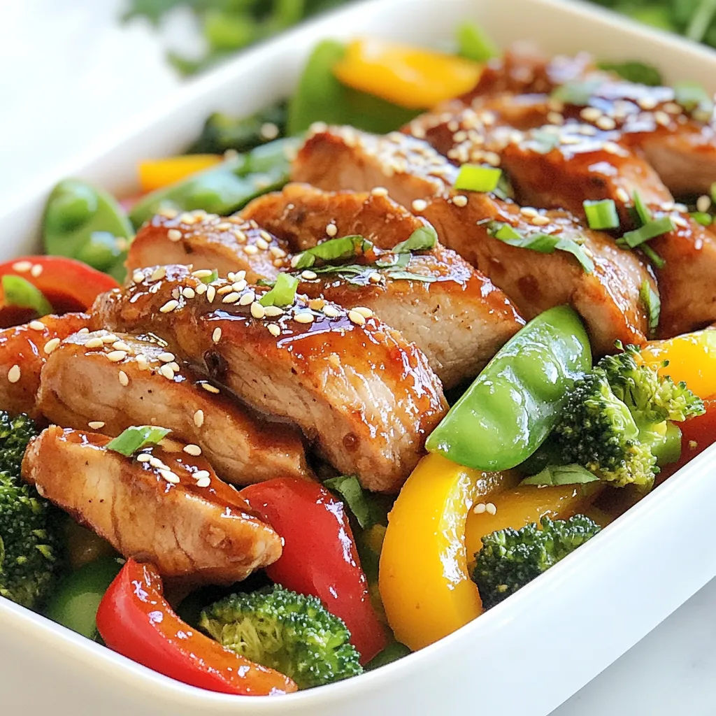 - 1 lb pork tenderloin, thinly sliced - 2 tablespoons olive oil - 1 bell pepper (any color), sliced - 1 cup broccoli florets - 1 cup snap peas - 2 green onions, sliced - 3 cloves garlic, minced - 2 tablespoons ginger, minced - 3 tablespoons maple syrup - 2 tablespoons Sriracha sauce - 1 tablespoon soy sauce (or tamari for gluten-free) - Sesame seeds, for garnish - Fresh cilantro, for garnish - Salt and pepper, to taste To make the Maple Sriracha Pork Stir Fry, gather all your ingredients first. This helps keep your cooking smooth. Start with the pork tenderloin. Thin slices let it cook fast. The tenderloin is juicy and perfect for stir-frying. Next, get fresh vegetables. I love using bell peppers, broccoli, and snap peas. They add color and crunch. Slice the bell pepper and chop the broccoli into small florets. Snap peas are ready to go as they are! For the marinade, mix maple syrup, Sriracha sauce, and soy sauce. This blend gives the pork its sweet and spicy kick. Don’t forget to add salt and pepper to taste. It brings out all the flavors. Finally, gather your garnishing ingredients. Fresh cilantro and sesame seeds make the dish look pretty. They also add great taste. With all these ingredients ready, you are set to cook a flavorful meal! {{ingredient_image_1}} To start, you need to marinate the pork. In a bowl, mix sliced pork with salt, pepper, maple syrup, Sriracha, and soy sauce. Let this sit for at least 15 minutes. If you want a stronger flavor, marinate it for up to one hour in the fridge. This helps the meat soak in all the tasty flavors. Next, you will cook the pork. Heat one tablespoon of olive oil in a large skillet or wok over medium-high heat. When the oil is hot, add the marinated pork. Stir-fry it for 4-5 minutes. You want it to be nicely browned and cooked through. Once done, take the pork out of the skillet and set it aside. Now, it’s time for the vegetables. In the same skillet, add the remaining tablespoon of olive oil. Toss in minced garlic and ginger, stir-frying for about 30 seconds. This will make your kitchen smell amazing! Then, add the sliced bell pepper, broccoli florets, and snap peas. Stir-fry these for 4-5 minutes until they are tender-crisp. Finally, return the cooked pork to the skillet. Toss everything together and cook for an additional 2 minutes. This helps all the flavors blend. If needed, adjust the seasoning with salt and pepper. After that, drizzle any leftover marinade over the stir-fry and toss again. This extra step boosts the flavor before serving. To get the best stir-fry texture, cut the pork thin. Thin pieces cook fast and stay tender. Marinate the pork for at least 15 minutes. This adds flavor and helps with tenderness. When you cook, use high heat. This keeps everything crisp. Don't overcrowd the pan; cook in batches if needed. This way, the pork and veggies get a nice sear. You can boost the flavor in many ways. Try adding a splash of rice vinegar for tang. A squeeze of lime juice can brighten the dish. If you want more heat, add extra Sriracha or some red pepper flakes. Fresh herbs like basil or mint add a nice touch. For a sweet twist, add pineapple chunks when stir-frying. A good wok is key for stir-frying. It heats evenly and gives you great results. A large skillet also works if you don’t have a wok. Use a sharp knife for cutting the pork and veggies. A wooden spoon or spatula helps to stir without scratching your pan. Don’t forget a cutting board for safety and ease while chopping. Pro Tips Marinate for Maximum Flavor: Allow the pork to marinate for at least an hour if possible. This enhances the depth of flavor and tenderness of the meat. Prep Your Ingredients: Have all your vegetables sliced and ready to go before you start cooking. Stir-frying is a quick process, and having everything prepped will ensure even cooking. Use High Heat: Cooking on medium-high heat helps achieve a nice sear on the pork and keeps the vegetables crisp. Ensure your skillet or wok is hot before adding the ingredients. Garnish for Flavor: Don’t skip the sesame seeds and cilantro garnish. They add not only visual appeal but also a fresh flavor that complements the dish beautifully. {{image_2}} You can swap pork for chicken or tofu. Chicken thighs work well, too. Just cut them into thin pieces. Tofu gives a nice plant-based option. Use firm or extra-firm tofu for the best texture. For tofu, press it first. This helps remove extra water. It will soak up the flavors better. Mix and match your favorite vegetables. You can use carrots, zucchini, or bell peppers. Mushrooms add a great umami flavor. Try adding bok choy or kale for greens. Keep the cooking time in mind. You want the veggies tender but still crisp. If you like it spicy, add more Sriracha. For a milder dish, use less. You can also add a pinch of red pepper flakes. If you want some sweetness, add more maple syrup. Taste as you go to find your perfect balance. After cooking your Maple Sriracha Pork Stir Fry, let it cool. Place it in an airtight container. Store it in the fridge for up to three days. This keeps the flavors fresh and tasty. When you're ready to eat, check for any signs of spoilage. If it looks good, you’re all set! To freeze this dish, first cool it completely. Then, transfer it to a freezer-safe bag or container. Remove as much air as possible to prevent freezer burn. You can freeze the stir-fry for up to two months. When you're ready to enjoy it again, thaw it in the fridge overnight for best results. For reheating, you have a few options. You can use a microwave or a skillet. If using the microwave, heat in short bursts. Stir in between to ensure even heating. If using a skillet, add a splash of water or broth. This helps to keep the pork moist as you warm it up. Enjoy your meal just like it was fresh! You can marinate the pork for at least 15 minutes. For more flavor, let it sit for up to 1 hour in the fridge. This time helps the pork soak up the sweet and spicy flavors. Yes, you can make this dish gluten-free. Just use tamari instead of regular soy sauce. This swap allows you to enjoy the same great taste without gluten. You can serve this stir fry with steamed rice or quinoa. Both options balance the flavors well. You can also add a simple side salad for extra crunch. Yes, you can create a vegetarian version. Substitute the pork with tofu or tempeh. Use the same marinade and cook it just like the pork for a tasty meal. In this blog post, we explored how to make a Maple Sriracha Pork Stir Fry. We covered the full list of ingredients you need, from pork tenderloin to fresh vegetables. You learned the step-by-step process for marinating and cooking the pork, and how to prepare the veggies. I shared tips for perfect stir-fry texture and tasty variations. Remember, these meals store well, and you can customize them to fit your taste. Enjoy cooking and make this dish your own!