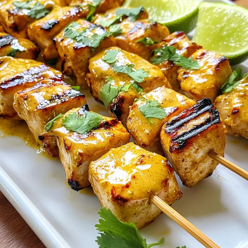 - 1 ½ pounds boneless, skinless chicken thighs, cut into 1-inch cubes - ⅓ cup creamy peanut butter - 2 tablespoons soy sauce - 2 tablespoons honey - 2 tablespoons fresh lime juice - 1 tablespoon sesame oil - 1 teaspoon grated ginger - 2 cloves garlic, minced - ½ teaspoon cayenne pepper (optional) - Wooden skewers, soaked in water for 30 minutes You will need chicken thighs for this recipe. They stay juicy and tender when grilled. The creamy peanut butter gives a rich flavor and smooth texture. Soy sauce adds salt and umami. Honey brings sweetness and balances the flavors. Fresh lime juice adds a bright, zesty touch. Sesame oil gives a nice nutty flavor, while ginger and garlic add depth. If you like some heat, cayenne pepper is your friend. Finally, soak the wooden skewers in water. This prevents them from burning on the grill. These ingredients blend perfectly to create a delicious marinade. You can adjust flavors to fit your taste. Enjoy mixing and matching! {{ingredient_image_1}} To start, grab a mixing bowl. Add ⅓ cup of creamy peanut butter, 2 tablespoons of soy sauce, 2 tablespoons of honey, and 2 tablespoons of fresh lime juice. Then, pour in 1 tablespoon of sesame oil. Next, add 1 teaspoon of grated ginger and 2 cloves of minced garlic. If you like heat, sprinkle in ½ teaspoon of cayenne pepper. Stir all the ingredients until they blend smoothly. This smooth mix will be your marinade. Now, take 1 ½ pounds of boneless, skinless chicken thighs. Cut them into 1-inch cubes. Add the chicken pieces to the marinade. Make sure each piece is well-coated. Cover the bowl and place it in the fridge. Let it chill for at least 1 hour. If you have time, marinate it overnight for even better flavor. Before you grill, preheat your grill to medium-high heat. While it heats, take the soaked wooden skewers. Thread the marinated chicken cubes onto the skewers. Leave a little space between each piece. This helps them cook evenly. Once the grill is hot, place the skewers on it. Cook for about 8-10 minutes. Turn them occasionally. You want the chicken to reach an internal temperature of 165°F (75°C). When done, take them off the grill. Let the skewers rest for a couple of minutes before serving. To make the best marinade, start with the basics. You can adjust flavors to fit your taste. If you like it sweeter, add more honey. For extra tang, squeeze in more lime juice. Taste as you mix! For marination, one hour is the minimum. If you have time, let the chicken soak overnight. This gives it more flavor and tenderness. To avoid sticking, oil your grill grates. Use a paper towel dipped in oil and wipe the grates before cooking. This helps the skewers slide off easily. To get great grill marks, place the skewers at a 45-degree angle. Do not move them for the first few minutes. This way, you’ll get those beautiful lines on the chicken. Garnish your skewers with fresh lime wedges and bright cilantro leaves. This adds color and flavor. You can also drizzle leftover marinade on top for extra taste. For side dishes, consider serving with rice or a fresh salad. Both pair well and balance the meal. You can even add grilled veggies for a fun twist! Pro Tips Marinate Longer for Flavor: For the best flavor, marinate the chicken overnight. This allows the flavors to penetrate deeply into the meat, resulting in a more delicious skewer. Customize the Heat: Adjust the cayenne pepper to your taste. If you want milder skewers, leave it out; for extra heat, add more. Soak Skewers Properly: Soaking wooden skewers in water for at least 30 minutes prevents them from burning on the grill, ensuring your chicken cooks perfectly. Rest Before Serving: Allow the skewers to rest for a few minutes after grilling. This helps the juices redistribute, making the chicken more tender and juicy when served. {{image_2}} You can switch up the protein in these skewers. Tofu works great for a vegetarian option. Just press it to remove excess water. Shrimp is another option. It cooks fast and absorbs the marinade well. The nut butter can change, too. Almond butter or sunflower seed butter can replace peanut butter. Each will give a unique twist to the dish. Want more heat? You can add more cayenne or a splash of chili sauce. This will give your skewers a nice kick. If you like it spicy, try adding sliced jalapeños to the skewers. Incorporating seasonal vegetables can boost flavor and nutrition. Bell peppers, zucchini, or cherry tomatoes are excellent choices. Just cut them into similar sizes as the chicken. Add them to the skewers for color and taste. To store your peanut lime chicken skewers, first let them cool. Place the skewers in an airtight container. You can also wrap them tightly in plastic wrap. Store them in the fridge. They should stay fresh for up to three days. Make sure to label the container with the date. This way, you know when to eat them! When it’s time to eat your leftovers, you can reheat them in different ways. For the juiciest skewers, use the grill. Heat the grill to medium. Place the skewers on the grill for about 5 minutes. Turn them to heat evenly. You can also use a microwave. Place the skewers on a microwave-safe plate. Cover them with a damp paper towel. Heat them for 1 to 2 minutes. Check to see if they are warm enough. If not, heat for more time in short bursts. This method is quick, but the grill keeps them juicier. Enjoy your tasty leftovers! You should marinate the chicken for at least 1 hour. This time allows the chicken to soak in all the great flavors. If you have more time, marinate it overnight. The longer the chicken sits in the marinade, the more tasty it will be. Yes, you can cook these skewers in the oven. Preheat your oven to 400°F (200°C). Place the skewers on a baking sheet lined with foil. Bake for about 15-20 minutes, flipping halfway through. Make sure the chicken reaches 165°F (75°C) to be safe to eat. These skewers go great with many side dishes. You can serve them with: - Jasmine rice - Grilled vegetables - A crisp green salad - Fresh cucumber salad - Quinoa for a healthy boost Yes, this recipe can be kid-friendly. To make it better for kids, you can lower the cayenne pepper. This will reduce the heat but keep the flavor. Kids love the sweet taste of honey and peanut butter, so they will enjoy these skewers! You learned how to make tasty peanut lime chicken skewers. We talked about key ingredients and how to prepare them. I shared tips to enhance your dish and variations to keep things fun. Storage and reheating tricks help you enjoy leftovers. Try different flavors and sides to match your taste. With practice, you'll impress everyone at your next meal. Enjoy your cooking adventure with these simple yet delicious skewers!