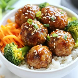 - 1 lb ground chicken or turkey - 1/2 cup breadcrumbs - 1/4 cup green onions, finely chopped - 1 large egg - 2 cloves garlic, minced - 1 tablespoon fresh ginger, grated - 1/4 teaspoon black pepper - 1/4 cup teriyaki sauce - 1 tablespoon sesame oil - 1 cup cooked jasmine rice - 1 cup steamed broccoli florets - 1 carrot, julienned - 2 tablespoons sesame seeds - Extra green onions for garnish You can swap ground chicken for ground turkey if you like. If you prefer, use gluten-free breadcrumbs instead of regular ones. Chopped shallots can replace green onions. You can use egg replacers if you need a vegan option. For the teriyaki sauce, any soy sauce works in a pinch. Olive oil can substitute sesame oil, but it will change the flavor a bit. Ground chicken or turkey is lean and packed with protein. Breadcrumbs add texture and help bind the meatballs. Green onions offer a fresh taste and extra nutrients. Garlic and ginger boost flavor and have health benefits, like aiding digestion. Teriyaki sauce provides a sweet and savory glaze, while sesame oil adds richness and aroma. Jasmine rice makes a fragrant base, and broccoli and carrots bring vitamins and color to your bowl. Plus, sesame seeds add a nice crunch and extra flavor. {{ingredient_image_1}} To start, gather your ingredients in a large bowl. You need 1 pound of ground chicken or turkey. Next, add 1/2 cup of breadcrumbs and 1/4 cup of finely chopped green onions. Crack in 1 large egg, then add 2 minced garlic cloves and 1 tablespoon of grated ginger. Finally, sprinkle in 1/4 teaspoon of black pepper. Mix everything with your hands until it is well combined. This step is key! The mixture should stick together but not be too wet. When forming meatballs, use your hands for better control. Take a small amount of the mixture and roll it into a ball about 1 inch in size. Keep your hands slightly moistened to avoid sticking. Make sure to space the meatballs evenly on the baking sheet. This helps them cook evenly. If you want extra flavor, you can add a bit of teriyaki sauce to the mixture before rolling. Once you have formed all your meatballs, it’s time to bake. Preheat your oven to 400°F (200°C) and line a baking sheet with parchment paper. Place the meatballs on the sheet and bake for 15 to 20 minutes. You want them to turn golden and be cooked through. While they bake, prepare the glaze. In a small pan, heat 1/4 cup of teriyaki sauce and 1 tablespoon of sesame oil over medium heat. When the meatballs are done, gently add them to the pan and coat them in the glaze. This adds a delicious shine and flavor. Now, your teriyaki glazed meatballs are ready to serve! To make juicy meatballs, use ground chicken or turkey. These meats are lean but still tender. Mix the meat with breadcrumbs, egg, and spices. This mix helps keep moisture in. Avoid overmixing. Just combine until everything blends. Bake the meatballs at 400°F for 15-20 minutes. This high heat gives them a nice crust. Use a meat thermometer if you have one. The meatballs should reach 165°F to be safe to eat. Teriyaki sauce is the star here. It adds a sweet and savory flavor. You can add a bit of sesame oil for extra richness. If you want a kick, try a bit of sriracha mixed in. Other sauces can work too. You might like sweet chili sauce or soy sauce. For spices, keep it simple. Black pepper enhances the flavors without overpowering them. Start with a base of jasmine rice. It’s fluffy and pairs well with the meatballs. Add steamed broccoli for crunch and color. Carrots bring some sweetness and make it look nice. Garnish with sesame seeds and green onions. This adds texture and a fresh taste. You can also serve these meatballs with a side salad or pickled veggies for more balance. Enjoy the flavors and colors in your bowl! Pro Tips Choose the Right Meat: Using ground chicken or turkey keeps the meatballs lean, but feel free to experiment with ground beef or pork for a richer flavor. Perfectly Cooked Meatballs: Ensure your meatballs are evenly sized for uniform cooking. A small ice cream scoop can help achieve consistent portions. Glaze with Care: When glazing the meatballs, gently toss them to avoid breaking them. This will keep your meatballs intact and beautifully coated. Customize Your Bowl: Feel free to add other vegetables like bell peppers or snap peas for added color and nutrition in your meatball bowls. {{image_2}} When making teriyaki glazed meatballs, you have many meat options. You can use ground chicken or turkey, which keeps it lean. However, beef or pork adds a rich flavor. If you want a vegetarian dish, try using plant-based meat. A mix of mushrooms and beans also works well. Each choice brings its own taste, so experiment to find your favorite! While teriyaki sauce is wonderful, there are other tasty glazes. You can use soy sauce mixed with honey for a sweet touch. A spicy chili sauce adds heat for those who like it hot. For a tangy option, try a citrus glaze made with orange juice and soy sauce. Each glaze can change the whole dish, so don’t be afraid to mix things up. You can customize the bowl to suit your taste. Swap jasmine rice for brown rice or quinoa for a healthier twist. Add more veggies like bell peppers, snap peas, or corn. For extra crunch, toss in some radishes or cucumbers. Each addition makes your meal more colorful and fun. Make it your own, and enjoy every bite! Storing your leftover teriyaki glazed meatball bowls is easy. First, let the bowls cool to room temperature. Place the meatballs and veggies in an airtight container. Add the rice on the side to keep it fluffy. You can store them in the fridge for up to three days. When it's time to enjoy your leftovers, reheat them properly. You can use a microwave or a stovetop. For the microwave, place the bowl in for about 1-2 minutes. Stir halfway through to ensure even heating. If using the stovetop, heat a pan over medium heat. Add a splash of water, cover, and heat for about five minutes. This method keeps the meatballs juicy. If you want to save your teriyaki bowls for later, freezing is a great option. Form the meatballs and bake them as directed. Let them cool completely. Place meatballs in a freezer-safe bag or container. You can freeze them for up to three months. For best results, store rice and veggies separately. When ready to eat, thaw overnight in the fridge. Reheat as mentioned above, and enjoy! The meatballs take about 15 to 20 minutes to cook. You want them to be golden brown and fully cooked inside. Make sure to check their temperature; it should reach 165°F (74°C) for safety. This cooking time works well when you preheat your oven to 400°F (200°C). Yes, you can use frozen vegetables. They save time and still taste great. Just steam them according to the package directions. Frozen broccoli and carrots work well in this recipe. They will add nice color and crunch to your bowls. You can serve your meatball bowls with a variety of sides. Jasmine rice is a perfect base. You can also add a simple salad for freshness. A drizzle of extra teriyaki sauce can enhance the dish. For a crunchy touch, sprinkle some nuts or seeds on top. Enjoy your meal with chopsticks for fun! In this article, we explored everything about making delicious meatball bowls. We covered ingredients, cooking methods, and tips for perfect meatballs. You learned how to vary the meat and customize your sauce. Plus, we shared storage tips for leftovers and reheating. In closing, these meatball bowls can fit any taste. Enjoy creating your version!