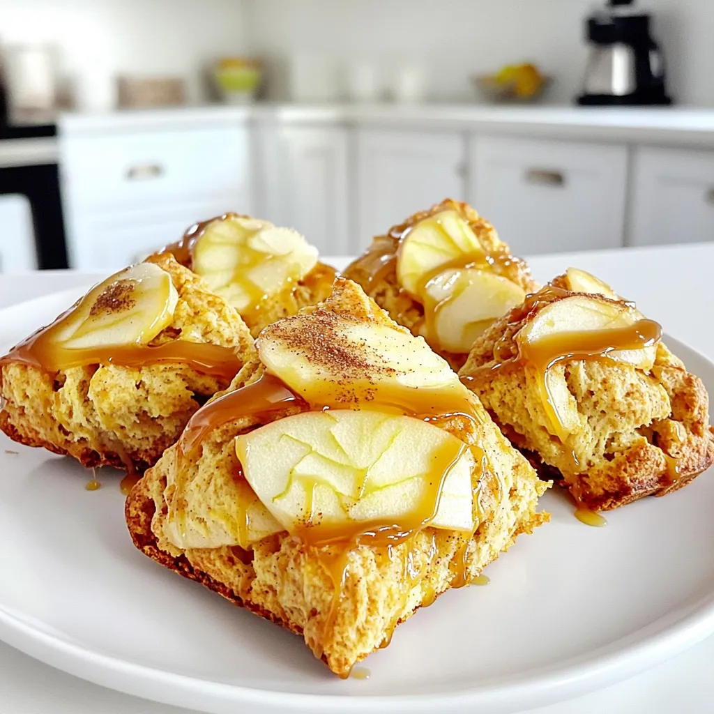 To make the best caramel apple cinnamon scones, you need simple and fresh ingredients. Here’s what you will need: - 2 cups all-purpose flour - 1/4 cup granulated sugar - 1 tablespoon baking powder - 1 teaspoon ground cinnamon - 1/2 teaspoon salt - 1/2 cup unsalted butter, cold and cubed - 1/2 cup whole milk - 1 teaspoon vanilla extract - 1 medium apple, peeled and diced (preferably Granny Smith) - 1/2 cup caramel sauce (store-bought or homemade) - 1 egg (for egg wash) - Extra sugar for sprinkling Each ingredient plays a key role in making these scones tasty. All-purpose flour gives the scones structure. Sugar adds sweetness, while baking powder helps them rise. Ground cinnamon brings warmth and flavor. Salt balances the sweetness. Using cold, cubed butter is important for a flaky texture. Whole milk and vanilla extract enhance the scone's richness. Granny Smith apples add a nice tartness, which balances the sweet caramel sauce. You can choose to use store-bought caramel sauce for convenience or make your own for a personal touch. The egg wash gives the scones a beautiful golden color, while extra sugar sprinkled on top adds a delightful crunch. When you gather these ingredients, you set the stage for a warm, comforting treat. Enjoy the process of making these scones; they’ll be worth it! 1. Preheat your oven to 400°F (200°C). Line a baking sheet with parchment paper. This helps the scones bake evenly and prevents sticking. 2. In a large bowl, whisk together 2 cups of flour, 1/4 cup of sugar, 1 tablespoon of baking powder, 1 teaspoon of cinnamon, and 1/2 teaspoon of salt. Mix them well so there are no lumps. 3. Cut 1/2 cup of cold, cubed butter into the flour mixture. Use your fingers or a pastry cutter. You want it to look like coarse crumbs. This step makes the scones flaky. 1. In a separate bowl, mix 1/2 cup of whole milk and 1 teaspoon of vanilla extract. 2. Pour this milk mixture into the dry ingredients. Stir until just combined. Be careful not to overmix; a few lumps are okay. 3. Gently fold in 1 medium diced apple and half of the caramel sauce. Make sure the fruit and caramel are evenly spread throughout the dough. 1. Turn the dough onto a floured surface. Knead it gently a few times until it holds together. Shape the dough into a circle about 1 inch thick. 2. Cut the dough into 8 wedges using a sharp knife. Transfer them carefully to the baking sheet. 3. Beat 1 egg and brush it over the top of each scone. This gives them a lovely golden color. Drizzle the remaining caramel sauce over the scones and sprinkle with extra sugar for a sweet touch. 1. Place the baking sheet in the preheated oven and bake for 18-20 minutes. The scones should turn a beautiful golden brown. 2. Allow the scones to cool on the baking sheet for a few minutes. Then, move them to a wire rack to cool completely. Enjoy your warm caramel apple cinnamon scones! Serve your scones warm on a rustic wooden board. Drizzle extra caramel sauce on top. Add apple slices and a sprinkle of cinnamon for a cozy touch. These scones pair perfectly with hot cider or a cup of tea. For a perfect texture, keep your butter cold. Cut it into the flour until it looks like coarse crumbs. Avoid over-mixing the dough; stop as soon as it comes together. Bake the scones until they are golden brown, about 18-20 minutes. This ensures a nice rise and soft inside. To prevent dry scones, make sure to measure your flour correctly. Use the spoon and level method to avoid packing it in. Adding enough moisture, like whole milk, helps keep them fluffy. You can change the flavors to suit your taste. Add nuts like walnuts or pecans for crunch. Try different spices like nutmeg or ginger for a twist. If you want less sweetness, use less caramel sauce. You can also drizzle it on top after baking for that perfect finishing touch. {{image_2}} You can easily switch up the flavors in these scones. For a fun twist, try chocolate chip caramel apple scones. Just add 1/2 cup of chocolate chips to the dough when mixing in the apples and caramel. The chocolate melts and mixes with the caramel for a rich treat. Another option is pumpkin-spiced caramel apple scones. Replace the ground cinnamon with 1 tablespoon of pumpkin spice. This gives the scones a warm, cozy flavor perfect for fall. If you need gluten-free scones, you can use gluten-free all-purpose flour instead of regular flour. Make sure the blend includes xanthan gum for the best texture. For a vegan option, swap the milk for a plant-based milk like almond or oat milk. Use coconut oil instead of butter. This keeps the scones rich and full of flavor without animal products. You can get creative with seasonal fruits or spices. In spring, add fresh strawberries or blueberries for a fruity kick. In winter, try adding a pinch of nutmeg or even crushed ginger for warmth. These small changes can make your scones unique and fun to enjoy all year round. To keep your caramel apple cinnamon scones fresh, store them at room temperature. Place them in an airtight container. This way, they stay soft and delicious. If you plan to eat them within two days, room temperature is fine. If you want to keep them longer, refrigerate the scones. Wrap each scone in plastic wrap to prevent them from drying out. They will last up to a week in the fridge. For even longer storage, you can freeze them. Wrap each scone tightly and place them in a freezer bag. They can last up to three months in the freezer. When you’re ready to enjoy them, let them thaw in the fridge overnight. To reheat scones, preheat your oven to 350°F (175°C). Place the scones on a baking sheet. Heat them for about 10 minutes. This helps restore their soft texture. If they are frozen, allow them to thaw at room temperature first. You can also use a microwave if you’re in a hurry. Heat each scone for about 15-20 seconds. Just be careful not to overheat them, or they may become tough. Enjoy your warm scones just like when they came out of the oven! Homemade caramel apple cinnamon scones stay fresh for about 2 to 3 days. Store them in an airtight container. This keeps them soft and tasty. If you want to keep them longer, freeze them. Yes, you can make the dough ahead of time. Wrap it tightly in plastic wrap and chill it in the fridge. Use it within 24 hours for the best results. This saves time on busy mornings. If you don’t have caramel sauce, try using maple syrup or honey. Both options add sweetness and flavor. You can also make a quick homemade caramel if you prefer. Yes, these scones freeze well. After baking, let them cool completely. Then, wrap each scone in plastic wrap and place them in a freezer bag. They stay good for up to 3 months. The scones are done when they turn golden brown. A toothpick inserted into the center should come out clean. This means they are fully cooked inside. Enjoy the sweet aroma while they bake! You now have a complete guide to making delicious caramel apple cinnamon scones. We covered the key ingredients, detailed steps, tips for perfecting your bake, and fun variations you can try. Remember to store your scones properly and reheat them for the best taste. I hope you feel inspired to bake these treats and share them with others. Enjoy every bite of your homemade scones!