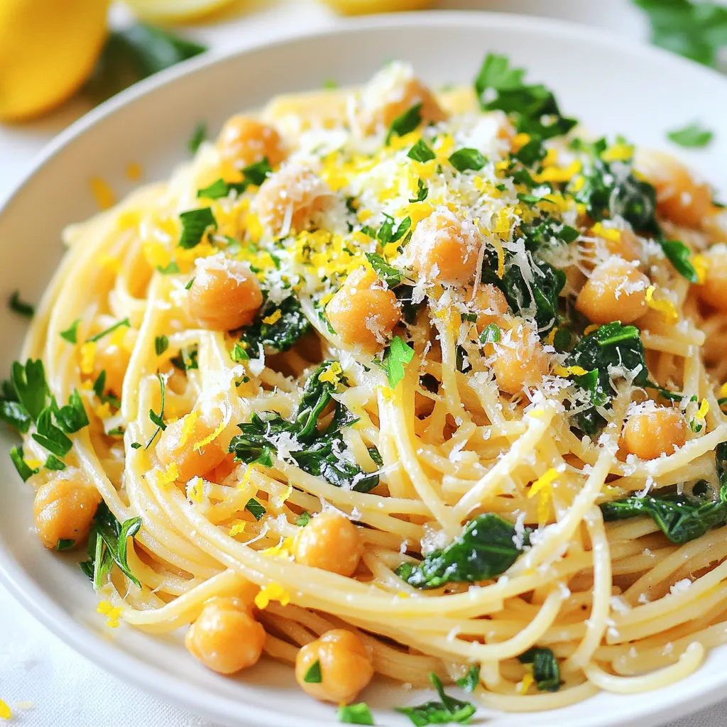 To make Lemon Garlic Chickpea Pasta, gather these simple ingredients: - 8 oz whole wheat pasta (like spaghetti or penne) - 1 can (15 oz) chickpeas, drained and rinsed - 4 cloves garlic, minced - 1 teaspoon red pepper flakes (adjust to taste) - Zest of 1 lemon - 3 tablespoons fresh lemon juice - 3 tablespoons olive oil - Salt and pepper to taste - 1 cup fresh spinach - ¼ cup grated Parmesan cheese (or nutritional yeast for vegan option) - Fresh parsley, chopped (for garnish) You can swap ingredients based on your needs: - Pasta: Use gluten-free pasta if you prefer. - Chickpeas: White beans or lentils work well too. - Garlic: Garlic powder can replace fresh garlic. - Olive oil: Avocado oil is a good alternative. - Spinach: Kale or arugula can add a different taste. - Parmesan cheese: Nutritional yeast gives a cheesy flavor for vegans. This dish is not just tasty; it's also healthy. Here’s a quick look at what you get per serving: - Calories: Approximately 350 - Protein: About 15 grams - Carbohydrates: Roughly 50 grams - Fiber: Around 10 grams - Fat: About 10 grams This meal packs in protein and fiber, making it a great choice for a filling lunch or dinner. {{ingredient_image_1}} Start by boiling a large pot of salted water. Once it bubbles, add 8 ounces of whole wheat pasta. You can use spaghetti or penne. Cook the pasta until it is al dente, about 8 to 10 minutes. Save half a cup of the pasta water before draining the rest. Set the drained pasta aside while you prepare the sauce. In a large skillet, heat 3 tablespoons of olive oil over medium heat. Add 4 minced garlic cloves and 1 teaspoon of red pepper flakes. Stir them together for 1 to 2 minutes. You want the garlic to smell good but not turn brown. Next, add a can of drained and rinsed chickpeas. Cook these for about 5 minutes. This makes them warm and slightly crispy. Now it’s time to mix everything! Stir in the zest of 1 lemon and 3 tablespoons of fresh lemon juice. Season this with salt and pepper to taste. Toss in the cooked pasta and 1 cup of fresh spinach. Add the reserved pasta water to help mix everything well. Keep stirring until the spinach wilts and the pasta is coated. Finally, remove the skillet from heat and stir in ¼ cup of grated Parmesan cheese. Serve hot and garnish with chopped parsley. Enjoy your tasty Lemon Garlic Chickpea Pasta! To cook pasta just right, start with a big pot of water. Use plenty of salt; it should taste like the sea. Bring the water to a rolling boil before adding the pasta. Stir it once to prevent sticking. Cook until al dente, which means firm to the bite. Reserve half a cup of the cooking water before draining. This water adds flavor and helps blend the sauce. Garlic is the star in this dish. Use fresh garlic for the best taste. Mince it finely so it cooks quickly. Sauté it over medium heat for just 1-2 minutes. Watch closely; you don’t want it to brown. If it burns, it can taste bitter. Adding red pepper flakes gives a nice kick. Adjust the amount for your spice level. Serve this pasta hot for the best experience. Top it with fresh parsley for color and flavor. A sprinkle of extra Parmesan cheese makes it richer. Pair it with a light salad for a complete meal. This dish also works well as a side. Enjoy it with grilled chicken or fish for extra protein. Pro Tips Perfect Pasta Texture: Always cook your pasta until al dente for the best texture. This way, it will hold up better when mixed with the sauce. Chickpeas Crispy Factor: For an extra crunch, consider roasting the chickpeas in the oven before adding them to the skillet. Freshness Matters: Use freshly squeezed lemon juice for a bright flavor that bottled lemon juice just can't replicate. Customize Your Greens: Feel free to substitute the spinach with other leafy greens like kale or arugula for a different flavor profile. {{image_2}} You can easily make this dish vegan. Just swap Parmesan cheese for nutritional yeast. Nutritional yeast gives a cheesy flavor without dairy. It’s packed with vitamins and adds a nice umami taste. Use about ¼ cup to replace the cheese. This keeps the dish rich and tasty while being plant-based. Feel free to add seasonal veggies to your pasta. Fresh spinach is great, but you can also try zucchini or bell peppers. These vegetables add color, flavor, and nutrients. Just sauté them with the garlic and chickpeas. This way, your dish stays vibrant and healthy. If you want extra protein, consider adding tofu or tempeh. Both options work well with the lemon and garlic flavors. You can cube and sauté them until golden. Another option is to use more chickpeas. Adding an extra can gives you more fiber and protein in each bite. Store your Lemon Garlic Chickpea Pasta in an airtight container. Let it cool first. Keep it in the fridge for up to three days. If you want to keep it longer, consider freezing. To reheat, place the pasta in a skillet. Add a splash of water or olive oil. Heat over medium heat until warm. Stir often to prevent sticking. You can also use the microwave. Heat in short bursts, stirring in between. To freeze, pack the cooled pasta in a freezer-safe bag. Remove as much air as you can. Label the bag with the date. It will stay good for up to three months. When you're ready to eat, thaw it in the fridge overnight. Reheat as mentioned above. Yes, you can use gluten-free pasta. Many brands offer great options like brown rice and chickpea pasta. Just check the cooking time on the package, as it may differ. You can use nutritional yeast for a vegan option. It adds a cheesy flavor without the dairy. You may also try using vegan Parmesan or even a sprinkle of toasted nuts for added texture. To make this dish spicier, add more red pepper flakes. You can also include fresh diced chili peppers or a dash of hot sauce. Adjust based on your heat preference, starting with a little and adding more as needed. This blog post covered all the key steps to create a delicious pasta dish. We looked at the ingredients, cooking methods, and helpful tips to ensure great flavor. You also learned about variations, storage options, and common questions. With these tools, you can make this meal your own. Remember, cooking is about creativity. Don't be afraid to experiment and try new flavors. Enjoy cooking and sharing your tasty dish with others!