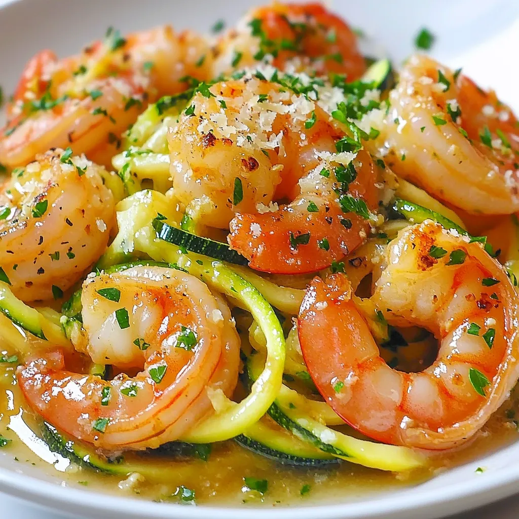 - 2 medium zucchinis (zoodles) - 1 pound large shrimp, peeled and deveined - 4 tablespoons unsalted butter - 4 cloves garlic, minced - 1 teaspoon red pepper flakes (adjust to taste) - Salt and pepper to taste - 2 tablespoons fresh parsley, chopped - Juice of 1 lemon - Optional: Grated Parmesan cheese for serving Zucchini is the star here. It makes zoodles, a fun and healthy swap for pasta. When you spiralize zucchini, it turns into long, noodle-like strands. They add crunch and are low in carbs. Shrimp gives this dish a nice protein punch. Look for large shrimp; they cook fast and taste great. Garlic is key for flavor. Use fresh cloves instead of pre-minced. Fresh garlic really shines in this dish. The butter adds richness. It helps the flavors blend well and makes everything so tasty. When choosing shrimp, look for a clean smell. Fresh shrimp should not smell fishy. They should be firm and moist. Check for a slight sheen on the shell. For zucchini, pick ones that are firm and smooth. Avoid any that are soft or have spots. Fresh zucchini will hold up well when cooking. Always select produce that is in season for the best flavors. {{ingredient_image_1}} Start by washing the zucchinis. Next, use a spiralizer or a vegetable peeler. Make long, thin noodles, also known as zoodles. Once you create the zoodles, place them on a paper towel. This helps soak up extra moisture. This step keeps your dish from being too watery. Heat a large skillet over medium heat. Add 2 tablespoons of unsalted butter to the skillet. Once the butter melts, add the shrimp. Sprinkle some salt, pepper, and red pepper flakes on top. Cook the shrimp for 2-3 minutes on each side. They should turn pink and opaque. Once cooked, take the shrimp out of the skillet and set them aside. In the same skillet, add the remaining 2 tablespoons of butter. Let it melt, then add the minced garlic. Stir the garlic for about 1 minute. You want it to smell great but not burn. Keep an eye on it so it stays fragrant. Now, add the zoodles to the skillet with the garlic butter. Gently toss them to coat in the butter. Cook for 1-2 minutes, just until they start to soften. Then, return the cooked shrimp to the skillet. Squeeze the juice of one lemon over the mix. Toss everything together until heated through. Taste and adjust salt and pepper if needed. Serve the garlic butter shrimp zoodles on plates. Add fresh parsley and optional grated Parmesan cheese on top. Enjoy your meal! To cook shrimp well, focus on time. You need about 2-3 minutes per side. Shrimp cooks fast. When they turn pink and opaque, they are done. If you overcook them, they get tough. Use medium heat for best results. Add salt and pepper early for flavor. Red pepper flakes give a nice kick. Zoodles are easy to make. Use a spiralizer or a vegetable peeler. Cut the zucchinis into thin strips. After cutting, let them sit on a paper towel. This helps remove extra moisture. Too much water makes zoodles soggy. Toss them gently before cooking to keep them fresh. Garlic adds a lot of taste. Use fresh garlic for the best flavor. Mince the garlic finely for a stronger punch. Sauté it just until fragrant, about one minute. Be careful not to burn it; burnt garlic tastes bitter. You can also add garlic powder for extra depth if needed. For a twist, try roasting garlic before adding it to the dish. This gives a sweeter, milder flavor. Pro Tips Use Fresh Shrimp: For the best flavor and texture, opt for fresh shrimp instead of frozen. If using frozen, thaw them properly before cooking. Don’t Overcook the Zoodles: Zoodles should be cooked just until they are tender. Overcooking can make them mushy and lose their appealing texture. Customize the Spice Level: Adjust the amount of red pepper flakes based on your heat preference. You can also add a pinch of cayenne for extra heat. Add Extra Flavor: Experiment with adding a splash of white wine or a dash of soy sauce when making the garlic butter sauce for a deeper flavor profile. {{image_2}} You can change the main protein in this dish. Chicken works great here. Use diced chicken breast for a tasty twist. Cook it just like the shrimp. Tofu is a nice choice too. Use firm tofu and cut it into cubes. Sauté the tofu until golden for great flavor. Both swaps keep the dish light and fun. If you want to skip zucchini, try other veggies. Spaghetti squash is a great low-carb option. Roast it first for better taste. You can also use sliced bell peppers. They add crunch and colorful flair. Another option is cauliflower rice. It soaks up the garlic butter nicely. Each of these alternatives keeps the dish healthy and filling. Adding more veggies boosts flavor and nutrition. Bell peppers bring sweetness and color. Slice them thin and toss them in with the zoodles. Spinach is another great choice. Add it just before serving. It wilts quickly and adds a nice touch. You can mix and match to suit your taste. These extra veggies make your meal even more fun and vibrant. After you enjoy your garlic butter shrimp zoodles, store leftovers in an airtight container. Keep them in the fridge. They stay fresh for about two days. Make sure to cool them down before sealing the container. This helps keep the flavors intact. To reheat, you can use a skillet or microwave. If using a skillet, add a splash of water or broth. Heat over medium until warm. If using a microwave, place in a microwave-safe dish. Heat for 1-2 minutes, stirring halfway. Check to make sure they are hot all the way through. You can freeze garlic butter shrimp zoodles, but I suggest freezing only the shrimp. Zoodles lose texture when frozen. Place shrimp in a freezer bag, removing as much air as possible. They can stay good for about three months. When ready to eat, thaw shrimp in the fridge overnight before cooking. Yes, you can prepare parts in advance. Make the zoodles and shrimp separately. Store them in the fridge. When you are ready to eat, just warm them up. This keeps the zoodles from getting soggy. You can also prep the garlic butter sauce ahead. Mix it all together right before serving for the best taste. If you want to replace butter, try olive oil or coconut oil. Both options add flavor. You can also use dairy-free butter if you prefer. Ghee is another great choice for a rich taste. These substitutes keep the dish tasty and healthy. To spice things up, add more red pepper flakes. You can also include fresh chili peppers. Sriracha or hot sauce is another fun option. Mix in these spicy ingredients to suit your taste. Just remember to start small and adjust as needed. Zoodles, or zucchini noodles, are full of vitamins. They are low in calories and carbs. Zoodles offer fiber, which is good for digestion. They also provide antioxidants that help your body. Eating zoodles instead of pasta can help you feel full with fewer calories. This makes them a great choice for health-conscious eaters. This blog post covered how to make Garlic Butter Shrimp Zoodles. We explored ingredients, from fresh shrimp to zoodles, and shared tips on selecting them. The step-by-step guide helps you prepare and cook each component perfectly. Plus, I gave you variations for proteins and veggies, along with storage tips. In the end, this dish is simple, tasty, and offers healthy options. You can easily customize it to suit your taste. Enjoy creating your own version of this easy meal!