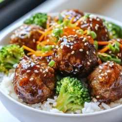 To make Teriyaki Meatball Rice Bowls, gather these simple ingredients: - 1 lb ground chicken or turkey - 1/2 cup panko breadcrumbs - 1/4 cup green onions, finely chopped - 1 tablespoon grated ginger - 2 cloves garlic, minced - 1 egg, beaten - Salt and pepper to taste - 1 cup cooked white rice (jasmine or sushi rice) - 1/2 cup teriyaki sauce - 1 tablespoon sesame oil - 1 cup steamed broccoli florets - 1/2 cup shredded carrots - Sesame seeds for garnish You can swap ingredients based on what you have. Use ground beef or pork if you prefer. For a vegetarian option, try mashed chickpeas or tofu. You can also replace panko with regular breadcrumbs. If you do not have teriyaki sauce, soy sauce works well. Using fresh ingredients makes a big difference. Choose high-quality ground chicken or turkey for juicy meatballs. Fresh ginger and garlic add a great punch of flavor. For the rice, jasmine or sushi rice will give you the best texture. Fresh green onions and vibrant veggies make your bowls look and taste amazing. When possible, opt for organic produce and proteins. This ensures you enjoy the best taste in your Teriyaki Meatball Rice Bowls. {{ingredient_image_1}} To start, gather your ingredients. You need ground chicken or turkey, panko breadcrumbs, green onions, ginger, garlic, an egg, salt, and pepper. In a large bowl, mix the ground meat, breadcrumbs, chopped green onions, grated ginger, minced garlic, beaten egg, salt, and pepper. Make sure to mix everything well. Your hands work best for this. Once mixed, shape the mixture into small meatballs, about one inch wide. Set the meatballs aside on a plate. Now, it’s time to cook. Heat sesame oil in a large skillet on medium heat. Once hot, add the meatballs in batches. Don’t crowd the pan; you want them to brown nicely. Cook the meatballs for about five to seven minutes. Turn them occasionally for even cooking. When they are browned all over, they are ready for the sauce. Pour teriyaki sauce over the meatballs. Make sure each meatball gets coated. Let them simmer for three to four minutes. This will thicken the sauce a bit and soak into the meatballs. Now, let’s build your rice bowls. Start with a scoop of cooked white rice in each bowl. You can use jasmine or sushi rice for best results. Next, add a generous serving of the teriyaki meatballs on top of the rice. Then, include some steamed broccoli florets and shredded carrots. These add color and nutrition to your meal. Finally, sprinkle sesame seeds and some extra green onions on top for garnish. Your Teriyaki Meatball Rice Bowls are ready to enjoy! To make the best meatballs, use fresh ground chicken or turkey. This choice keeps them tender. Adding panko breadcrumbs helps with moisture. They soak up the juices while cooking. Keep the meatballs small, about one inch wide. This size cooks evenly and stays juicy. Don't overmix the meat when combining ingredients. Overmixing can lead to tough meatballs. Lastly, let the meatballs rest before cooking. This helps them hold their shape. For the rice, use jasmine or sushi rice for the best taste. Rinse the rice well before cooking. This removes excess starch and keeps it fluffy. Use a rice cooker for perfect results. A rice cooker takes the guesswork out of cooking. If you don’t have one, use a pot with a lid. Follow a simple ratio of one cup of rice to one and a half cups of water. Bring it to a boil, then reduce heat and cover. Let it steam for about 15 minutes. Fluff with a fork before serving. To boost the teriyaki flavor, add more ginger and garlic. These ingredients brighten the dish. You can also mix in some sesame seeds while cooking the meatballs. This adds a nice crunch. If you want a bit of heat, try adding red pepper flakes. For a richer taste, let the teriyaki sauce simmer longer. This thickens it and intensifies the flavor. You can even use homemade teriyaki sauce for an extra special touch. Pro Tips Use Fresh Ingredients: Fresh ginger and garlic elevate the flavor of the meatballs. Opt for freshly grated ginger and minced garlic instead of pre-packaged options for the best taste. Cook Meatballs Evenly: To ensure even cooking, make sure to space the meatballs apart in the skillet. Cook them in batches if necessary to avoid overcrowding. Customize Veggies: Feel free to mix and match the vegetables in your rice bowl. Bell peppers, snap peas, or bok choy can also be great additions alongside broccoli and carrots. Perfect Rice Texture: For fluffy rice, rinse the jasmine or sushi rice under cold water before cooking. This removes excess starch and prevents clumping. {{image_2}} You can switch up the protein in your teriyaki meatball rice bowls. If you prefer beef, use 1 lb of ground beef instead of chicken or turkey. Beef gives a rich flavor that pairs well with teriyaki sauce. For a vegetarian option, try using firm tofu. Crumble the tofu and mix it with the panko and seasonings. This gives you a tasty meatless meatball. Adding different vegetables boosts nutrition and color. You can swap steamed broccoli for snap peas or green beans. Both add a nice crunch. You can also mix in bell peppers or zucchini. For added nutrition, toss in some spinach or kale. These veggies cook quickly and bring great flavor. While store-bought teriyaki sauce is easy, you can make your own. Combine soy sauce, honey, ginger, and garlic for a quick homemade version. This gives you control over sweetness and flavor. If you want something different, try using soy sauce with a splash of rice vinegar. This option is less sweet but adds a nice tang. Experiment with flavors to find what you love best! To keep your teriyaki meatball rice bowls fresh, store any leftovers in an airtight container. Place the meatballs, rice, and veggies in the same container or separate them for easy reheating. Make sure to cool them to room temperature before sealing. This helps keep them safe and tasty. Leftovers can last in the fridge for up to three days. When you are ready to enjoy your leftovers, reheating is simple. You can use a microwave or a skillet. For the microwave, place the food in a bowl. Heat it for one to two minutes, stirring halfway through. If using a skillet, add a splash of water or teriyaki sauce. Heat it on low until warm, stirring often. This keeps the meatballs moist. If you want to freeze your teriyaki meatball rice bowls, do it right after cooking. Let them cool first, then pack them in airtight containers or freezer bags. Be sure to remove as much air as possible. They can last in the freezer for up to three months. To eat, just thaw in the fridge overnight and reheat as mentioned above. Enjoy your homemade meal anytime! Yes, you can make Teriyaki Meatball Rice Bowls ahead of time. Prepare the meatballs and cook them. Once cooked, let them cool. Store the meatballs in an airtight container. You can keep them in the fridge for up to three days. When ready to eat, reheat the meatballs with the teriyaki sauce. You can also cook the rice ahead of time. Just make sure to store it properly. To check if the meatballs are fully cooked, use a meat thermometer. The internal temperature should reach 165°F. If you don't have a thermometer, cut one meatball in half. The meat should be no longer pink, and the juices should run clear. Cooking time may vary, so keep an eye on them. They should be golden brown on the outside and firm to the touch. Teriyaki Meatball Rice Bowls pair well with various side dishes. Here are some tasty options: - Edamame sprinkled with sea salt - Cucumber salad with rice vinegar - Miso soup with tofu and seaweed - Asian-style slaw with sesame dressing These sides add flavor and balance to your meal. Choose any of these to make your dinner special! In this article, I covered how to make delicious Teriyaki Meatball Rice Bowls. I discussed each ingredient and tips for the best results. You learned how to prepare and cook meatballs, assemble your bowls, and store leftovers. I also shared fun variations to make the dish your own. Now, dive in and enjoy this tasty meal. Experiment with flavors and ingredients to make it unique. Happy cooking!