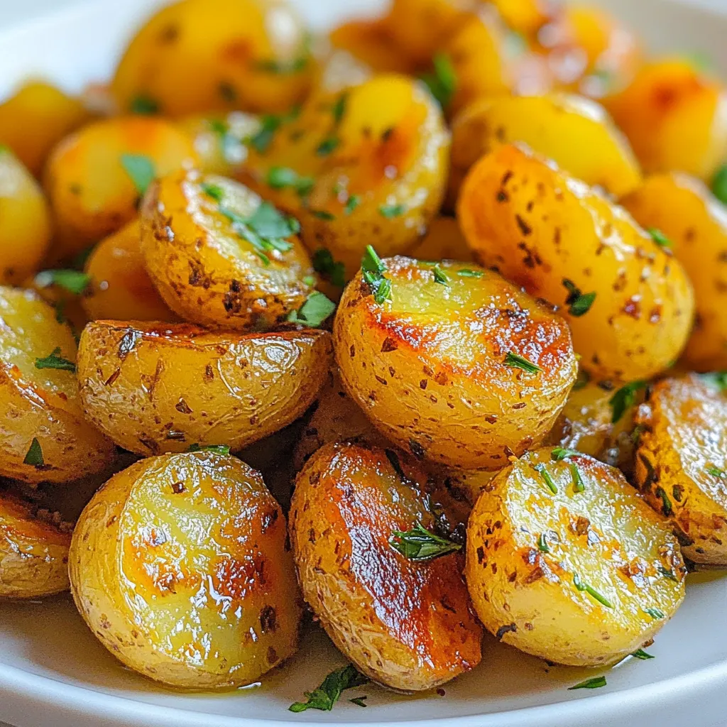 To make Garlic Herb Skillet Potatoes, you need to gather the following ingredients: - 1.5 lbs baby potatoes, halved - 4 cloves garlic, minced - 3 tablespoons olive oil - 2 tablespoons fresh rosemary, chopped - 2 tablespoons fresh thyme, chopped - 1 teaspoon smoked paprika - Salt and pepper to taste - 1 tablespoon fresh parsley, chopped (for garnish) These ingredients bring together great flavors. The baby potatoes give a soft inside with a crispy outside. The garlic adds a rich taste, while rosemary and thyme offer a fresh scent. Smoked paprika gives a warm color and subtle smokiness. Salt and pepper enhance all the flavors. Finally, the parsley adds a pop of color and freshness when you serve. Gathering these items is easy. You can find them at your local grocery store. Make sure to choose firm potatoes and fresh herbs for the best dish. {{ingredient_image_1}} Start by washing the baby potatoes under cool water. This step removes dirt and ensures a clean dish. If the potatoes are larger, cut them in half. Leave smaller ones whole for even cooking. The size affects cooking time. Larger pieces take longer to cook, while small ones cook faster. Next, heat three tablespoons of olive oil in a large skillet over medium heat. Once the oil is hot, add the halved potatoes with the cut side down. Season the potatoes with salt, pepper, and one teaspoon of smoked paprika. Make sure to let them cook untouched for about 10 to 12 minutes. This step is key to developing a crispy, golden-brown crust. Now, it's time to flip the potatoes. Use a spatula to turn them carefully. Add in four cloves of minced garlic, along with two tablespoons of chopped rosemary and two tablespoons of chopped thyme. Stir gently to mix the flavors without breaking the potatoes. Cook for another 5 to 7 minutes. This allows the garlic to infuse into the oil and the herbs to release their nice aroma. Check the potatoes for tenderness. They should be golden all over. If they are soft when pierced with a fork, they are done. Remove the skillet from heat. Finally, garnish the potatoes with one tablespoon of fresh parsley before serving. This adds a nice touch and bright color to your dish. Enjoy your Garlic Herb Skillet Potatoes! To get that perfect crisp on your Garlic Herb Skillet Potatoes, avoid overcrowding the skillet. When you pack too many potatoes in, they steam instead of fry. This makes them soft, not crispy. Use a large skillet and give them space. Cook over medium heat for about 10-12 minutes until golden brown. You can boost the flavor by adding more herbs and spices. Try fresh basil, oregano, or even a dash of chili flakes for heat. When preparing garlic, make sure to add it at the right time. If you add it too early, it can burn and taste bitter. Stir it in after flipping the potatoes to let it infuse the oil without burning. These potatoes make a fantastic side dish. Pair them with grilled chicken, fish, or steak for a well-rounded meal. For a lovely presentation, serve them in a white bowl and sprinkle fresh parsley on top. This adds color and makes the dish pop. Enjoy your meal with a side salad for freshness! Pro Tips Choose the Right Potatoes: Opt for waxy baby potatoes for the best texture; they hold their shape well and become creamy inside. Don't Rush the Cooking: Allow the potatoes to cook undisturbed for the first 10-12 minutes to ensure a nice crust forms on the cut side. Herb Variations: Feel free to experiment with different herbs like basil or oregano for a unique flavor profile. Serve Immediately: These potatoes are best enjoyed right after cooking while they are crispy and hot! {{image_2}} You can use different types of potatoes for this dish. Red or yellow potatoes work great. They have a nice texture and flavor. Sweet potatoes are another fun option. They add a natural sweetness and a vibrant color. Adjust your cooking time as sweet potatoes may take a bit longer to cook. If you want to change the flavor, try different herbs. Fresh basil or oregano can add a new twist. You can also use dried herbs if fresh ones are not available. Just remember, dried herbs are stronger, so use less than fresh. For example, if a recipe calls for two tablespoons of fresh herbs, use about one tablespoon of dried. You can easily make this recipe vegan. Just swap the butter with olive oil. If you need it gluten-free, this recipe is already safe. For low-sodium diets, cut back on salt. You can also use low-sodium seasoning mixes to enhance flavor without adding too much salt. To store leftovers, let the potatoes cool down first. Place them in an airtight container. This helps keep them fresh for about 3 to 5 days in the fridge. When reheating, use a skillet over medium heat. Add a little olive oil to help regain the crispiness. Stir them often to ensure even heating. You can also use the microwave, but they may get soggy. Freezing cooked potatoes is easy but requires care. First, cool the potatoes completely before freezing. Place them in a single layer on a baking sheet. Freeze them for about 1 to 2 hours until solid, then transfer to a freezer bag. This prevents them from sticking together. Avoid freezing raw potatoes, as they can become grainy. Use freezer-safe containers to keep them fresh. Label the bags with the date for easy tracking. You can tell if the potatoes are cooked by checking their tenderness. Use a fork to pierce them. If the fork goes in easily, they are done. You should also see a nice golden-brown crust on the outside. This means they got crispy and flavorful. Yes, you can cook these potatoes in the oven or an air fryer. For oven baking, spread the seasoned potatoes on a baking sheet. Roast them at 400°F for about 25-30 minutes. Flip them halfway through for an even crisp. For air frying, place the potatoes in the basket and cook at 400°F for about 15-20 minutes. Shake the basket halfway for even cooking. These potatoes pair well with many dishes. You can serve them alongside grilled chicken, steak, or fish. They also go great with a fresh salad or roasted vegetables. For a vegetarian option, try them with a chickpea salad or stuffed bell peppers. In this post, we covered making Garlic Herb Skillet Potatoes. You learned about the key ingredients and easy steps to prepare this dish. Tips on achieving the best crisp and flavor, as well as storage advice, were included. Variations let you personalize the recipe to fit your needs. Enjoy creating this tasty side dish. It will impress at any meal. Happy cooking!