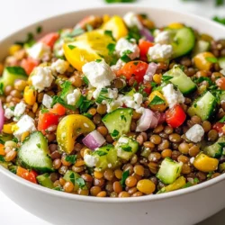 - 1 cup green or brown lentils - 3 cups vegetable broth or water - 1/2 cup red bell pepper, finely chopped - 1/2 cup cucumber, diced - 1/3 cup red onion, finely chopped - 1/4 cup Kalamata olives, pitted and sliced - 1/4 cup feta cheese, crumbled - 1/4 cup fresh parsley, chopped - 1/4 cup extra virgin olive oil - 2 tablespoons lemon juice - 1 teaspoon dried oregano - Salt and pepper to taste To make this Mediterranean lentil salad, you need fresh and healthy ingredients. Start with lentils, which are packed with protein. They cook well and add a nice texture. Use either green or brown lentils; both work great. Next, prepare your vegetables. I love adding red bell peppers for a sweet crunch. Cucumbers bring a refreshing bite, while red onions add a little zing. Kalamata olives give a salty flavor that pairs perfectly with the salad. Don’t forget the feta cheese! It adds creaminess and richness. Fresh parsley brightens the dish with its green color and fresh taste. For the dressing, you will need extra virgin olive oil and lemon juice. The olive oil brings healthy fats, and the lemon juice adds tang. Dried oregano ties all the flavors together. Finally, season with salt and pepper to taste. This combination creates a vibrant, healthy meal that everyone will love. {{ingredient_image_1}} First, gather your lentils and vegetable broth or water. Combine the lentils and broth in a medium saucepan. Then, bring the mixture to a boil over medium-high heat. Once boiling, reduce the heat to low. Cover the saucepan and let it simmer for 20 to 25 minutes. Check the lentils for doneness; they should be tender but hold their shape. After cooking, drain any extra liquid and set the lentils aside to cool. In a large mixing bowl, mix the cooled lentils with the following ingredients: - 1/2 cup red bell pepper, finely chopped - 1/2 cup cucumber, diced - 1/3 cup red onion, finely chopped - 1/4 cup Kalamata olives, pitted and sliced - 1/4 cup feta cheese, crumbled - 1/4 cup fresh parsley, chopped Gently toss these ingredients together until well combined. In a small bowl, whisk together these dressing ingredients: - 1/4 cup extra virgin olive oil - 2 tablespoons lemon juice - 1 teaspoon dried oregano - Salt and pepper to taste Mix until the dressing is smooth and well blended. Next, pour the dressing over the lentil salad. Toss everything well to ensure all ingredients are coated evenly. Adjust the seasoning if needed for taste. Let the salad sit for at least 15 minutes before serving. This waiting time helps the flavors blend together nicely. The longer it sits, the better it tastes! To cook lentils just right, start with rinsing them well. Use one cup of lentils. Combine them with three cups of vegetable broth or water in a pot. Bring it to a boil over medium-high heat. Once boiling, turn the heat down low, cover the pot, and let it simmer. Check them after 20 minutes. You want them tender but not mushy. If they feel soft, take them off the heat. Drain any extra liquid and let them cool. Herbs and spices can change your salad's taste. I love using fresh parsley for a bright touch. Dried oregano adds a nice warmth. You can also try a pinch of cumin for a twist. If you want heat, add crushed red pepper flakes. Don’t be afraid to mix and match. Taste as you go to find what you love. Serve your Mediterranean lentil salad with pita bread. The bread pairs well with the flavors. You can also serve it with grilled vegetables. Zucchini and bell peppers work great. For a heartier meal, add a protein like grilled chicken or shrimp on the side. The salad is also tasty on its own, making it a perfect dish for lunch or dinner. Pro Tips Choose the Right Lentils: Use green or brown lentils for a firmer texture that holds up well in salads. Let It Chill: Allow the salad to sit for at least 15 minutes before serving to enhance the flavors. Fresh Ingredients Matter: Use fresh vegetables and herbs for the best flavor and nutritional value. Customize Your Olives: Feel free to substitute Kalamata olives with green olives for a different taste profile. {{image_2}} You can easily boost protein in your Mediterranean lentil salad. Try adding cooked chicken or shrimp for extra flavor. If you want a plant-based option, chickpeas work great too. They add a nice texture and taste. Just mix in about one cup of your choice. This makes your salad heartier and more filling. Feel free to swap in seasonal vegetables. Fresh corn or zucchini can brighten your salad. You can also use cherry tomatoes for sweetness. If you have a favorite veggie, go ahead and add it. Just make sure to chop it small so it blends well with the lentils and other ingredients. This keeps the salad colorful and nutritious. If you want to keep the salad vegan, you can skip the feta cheese. Instead, use a dairy-free feta alternative. There are many brands that taste great and add creaminess. You can also add avocado for healthy fats. It gives a nice, smooth texture. This way, your salad stays fresh and delicious without dairy. To keep your Mediterranean lentil salad fresh, store it in the fridge. Use an airtight container to prevent moisture loss. The salad will stay good for about 3-5 days. If you notice any liquid, just drain it before serving. This will help keep the texture nice and firm. If you want to save some for later, freeze it! Put the salad in a freezer-safe container. Leave some space at the top, as it will expand. You can freeze it for up to three months. When you’re ready to eat, let it thaw in the fridge overnight. You can enjoy this salad cold or warm. If you prefer it warm, heat it gently in a pan on low heat. Stir occasionally to prevent sticking. Avoid microwaving, as it may change the texture. Add a splash of olive oil or lemon juice when serving to bring back the flavors. Yes, you can use canned lentils. They save time and are ready to eat. Just rinse them well in cold water before adding them to the salad. This helps remove extra sodium and improves taste. The salad stays fresh in the fridge for about three to five days. Store it in a sealed container to keep it tasty. If you add the dressing right before serving, it will last longer. If you want a different cheese, try goat cheese or ricotta. For a dairy-free option, use crumbled tofu or a vegan feta. These substitutes add a nice flavor without changing the salad too much. Yes, this Mediterranean Lentil Salad is gluten-free. Lentils do not have gluten. All the other ingredients, like vegetables and olive oil, are also gluten-free. Enjoy this salad without worry! This salad is simple to make and packed with flavor. We mixed lentils, fresh veggies, and tasty dressing for a healthy dish. You can easily change ingredients to fit your taste or diet. Remember to check lentils as they cook to keep them firm. Store leftovers properly to enjoy later. This recipe is great for lunch, dinner, or as a side. Enjoy experimenting with flavors and making it your own!