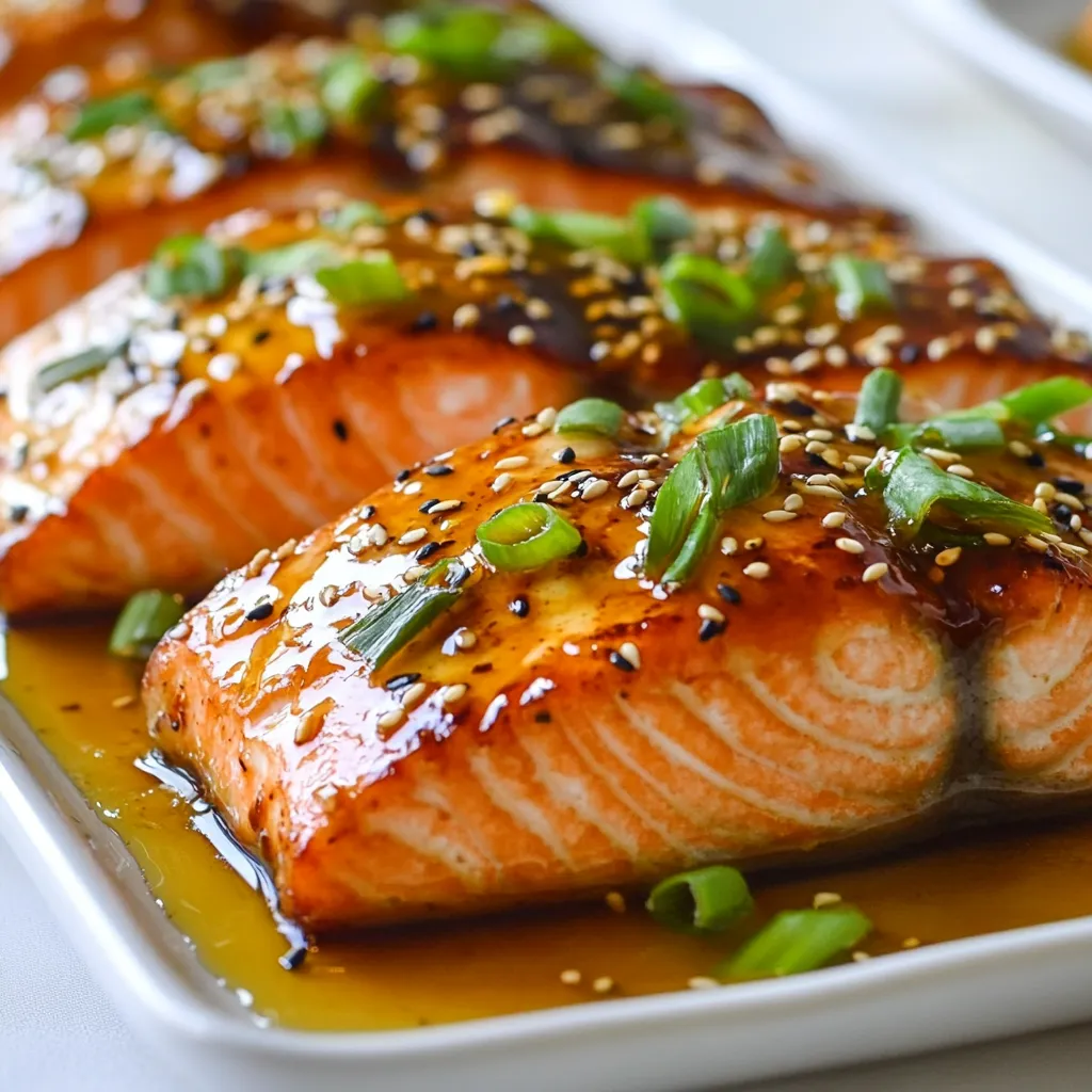 - 4 salmon fillets (6 oz each) - 1/4 cup honey - 4 cloves garlic, minced - 2 tablespoons soy sauce (low-sodium) - 1 tablespoon fresh ginger, grated - 2 tablespoons olive oil - Salt and pepper to taste - 2 green onions, thinly sliced (for garnish) - Sesame seeds (for garnish) To make honey garlic glazed salmon, gather the ingredients first. Fresh salmon is key, so choose fillets that look bright and smell fresh. Honey adds sweetness, while garlic gives a nice punch. The soy sauce balances the flavors. Adding ginger gives warmth and depth. Olive oil helps the salmon cook nicely. When you season, use salt and pepper to bring out the flavor. Green onions and sesame seeds make great garnishes. They add color and a bit of crunch. You can find all these ingredients in your local grocery store. Be sure to check the quality of your ingredients for the best taste! {{ingredient_image_1}} 1. Whisking the sauce: In a small bowl, combine honey, minced garlic, soy sauce, and grated ginger. Whisk them well until mixed. This sauce brings sweet and savory flavors to the salmon. 2. Patting the salmon dry: Take your salmon fillets and use paper towels to pat them dry. This helps the skin get crispy when cooked. Season both sides with salt and pepper for added flavor. 1. Searing salmon in skillet: Heat olive oil in a large oven-safe skillet over medium-high heat. Once hot, place the salmon fillets into the pan, skin-side down. Sear them for about 3-4 minutes until the skin is crispy and golden. 2. Flipping and adding sauce: Gently flip the salmon fillets. Pour the honey-garlic sauce over the top, letting it coat the fish evenly. This sauce will create a tasty glaze. 3. Baking in the oven: Preheat your oven to 400°F (200°C). Transfer the skillet with the salmon to the oven. Bake for 10-12 minutes. The salmon is done when it reaches an internal temperature of 145°F (63°C). 1. Resting time: Once you take the skillet out of the oven, let the salmon rest for a couple of minutes. This helps the juices settle. 2. Garnishing and serving: Drizzle any remaining sauce over the salmon. Garnish with thinly sliced green onions and a sprinkle of sesame seeds. This adds a nice touch and extra flavor. Enjoy your meal! To make the glaze just right, you can adjust the sweetness. If you like it sweeter, add more honey. If you want less sweetness, cut back on the honey. You can also increase or decrease the garlic. More garlic gives a stronger flavor, while less keeps it mild. For crispy skin, make sure the pan is hot before adding the salmon. This helps the skin get nice and golden. When checking for doneness, look for an internal temperature of 145°F. You can use a meat thermometer for accuracy. The salmon should flake easily with a fork when it’s done. Garnish your salmon with thinly sliced green onions and a sprinkle of sesame seeds for a pop of color. For side dishes, consider serving with rice or steamed veggies. This adds balance to your meal and makes it look more appealing. Pro Tips Tip 1: For extra flavor, marinate the salmon in the honey-garlic sauce for 30 minutes before cooking. Tip 2: Use a meat thermometer to ensure the salmon is cooked perfectly; the ideal internal temperature is 145°F (63°C). Tip 3: If you prefer a sweeter glaze, add a bit more honey to the sauce before pouring it over the salmon. Tip 4: For a crispy texture, broil the salmon for the last 2-3 minutes of cooking time to caramelize the glaze. {{image_2}} You can swap salmon for other fish. Try trout, cod, or tilapia. Each fish brings its own taste. You can also change the sweetener. Substitute honey with maple syrup or agave if needed. These options still add a nice sweetness. Want to spice it up? Add some black pepper or red pepper flakes to the glaze. You can also mix in fresh herbs like parsley or cilantro. They add great flavor and color. For a spicy version, try adding sriracha or chili paste to the sauce. This gives your dish a fun kick! You can grill or bake your salmon. Grilling gives it a nice smoky flavor. To grill, place the salmon on a hot grill for about 5-7 minutes per side. Baking is easy and keeps the fish moist. If you prefer pan-frying, cook the salmon in a skillet over medium heat. This method gives a nice crispy skin. Choose the method that fits your style! To store leftovers, place the salmon fillets in an airtight container. Make sure your container seals well to keep moisture in. You can keep the salmon in the fridge for up to three days. It is best to store it right after cooling to keep it fresh. To freeze honey garlic glazed salmon, wrap each fillet tightly in plastic wrap. Then, place them in a freezer-safe bag or container. This keeps out air and prevents freezer burn. You can freeze the salmon for up to three months. When you are ready to eat it, thaw the salmon in the fridge overnight. You can also use cold water for a quicker thaw. Just place the sealed bag in a bowl of cold water for about an hour. To reheat the salmon, I recommend using the oven. Preheat it to 350°F (175°C). Place the salmon on a baking sheet with a bit of water. Cover it with foil to keep it moist. Heat for about 10-15 minutes. This method keeps the texture and flavor intact. You can also use the microwave. Just heat on medium for one minute at a time until warm. To check if salmon is cooked, use a food thermometer. The safe internal temperature is 145°F or 63°C. You can also look for color. Cooked salmon should be opaque and flake easily with a fork. If the flesh is still translucent, it needs more time. You can use both fresh and frozen salmon. Fresh salmon has a soft texture and rich flavor. Frozen salmon is convenient and often just as good. If using frozen salmon, thaw it in the fridge overnight. You may need to adjust cooking time. Thawed salmon cooks faster than fresh. This dish pairs well with many sides. Here are some great options: - Steamed broccoli - Garlic mashed potatoes - Quinoa salad - Roasted asparagus - Brown rice - Mixed greens salad These sides add color and balance to your meal. Enjoy experimenting with flavors! This blog post covered how to make honey garlic glazed salmon. We discussed the simple ingredients, step-by-step instructions, and helpful tips. You learned how to perfect the glaze and what variations you can try. Remember to store leftovers properly and reheat them to keep their tasty flavor. Now you can enjoy this delicious dish with friends and family. Cooking can be easy and fun, especially with this recipe at hand. Happy cooking!