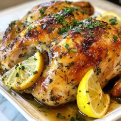 - 1 whole chicken (about 4-5 lbs) - 1/2 cup unsalted butter, softened - 4 cloves garlic, minced - 2 tablespoons fresh rosemary, chopped - 2 tablespoons fresh thyme, chopped - 1 tablespoon fresh sage, chopped - 1 lemon, cut into wedges - Salt and pepper to taste - 1 cup chicken broth - Fresh parsley for garnish When I make herb butter roasted chicken, I love using fresh herbs. They add so much flavor. You will need one whole chicken, about 4 to 5 pounds. This size is great for a family meal. Softened unsalted butter is key. It makes the herb butter mix well. You’ll want four cloves of minced garlic. This gives a nice depth of flavor. Use fresh rosemary and thyme, about two tablespoons each. They add a lovely aroma. One tablespoon of fresh sage will also brighten the dish. Don’t forget a lemon cut into wedges for extra juicy flavor. You can season with salt and pepper to your taste. For cooking, we need one cup of chicken broth. This keeps the chicken moist as it cooks. Lastly, fresh parsley adds a pop of color when you serve. With these simple ingredients, you can create a juicy and flavorful meal that everyone will love! {{ingredient_image_1}} - Preheat the oven to 425°F (220°C). - In a small bowl, mix softened butter, minced garlic, rosemary, thyme, sage, salt, and pepper until well blended. This herb butter will make your chicken tasty. - Pat the chicken dry with paper towels. This helps the skin crisp up. - Carefully loosen the skin over the chicken breast and thighs with your fingers. Be gentle to avoid tearing the skin. - Take half of the herb butter and rub it under the skin. This adds flavor and moisture. - Spread the rest of the herb butter all over the outside of the chicken. - Stuff the chicken's cavity with lemon wedges. This adds fresh flavor. - Place the chicken in a roasting pan and pour chicken broth into the pan. This keeps the chicken moist while it cooks. - Roast the chicken for about 1 hour and 15 minutes. Baste every 20 minutes with the broth. This helps keep the skin golden and juicy. - Once the chicken is done, take it out of the oven and let it rest for 10-15 minutes. This helps the juices stay inside when you carve it. - Carve the chicken and serve it with fresh parsley. Drizzle some pan juices over the chicken for extra flavor. Enjoy your meal! Basting is key to keeping your chicken moist. Every 20 minutes, spoon some broth over the chicken. This adds flavor and keeps the skin crispy. After roasting, let the chicken rest for 10-15 minutes. This helps the juices stay inside, making each bite juicy. You can add more herbs or spices. Consider using oregano, basil, or even a pinch of red pepper flakes for a kick. Marinating the chicken overnight can also boost the flavor. A simple mix of olive oil, lemon juice, and garlic works great. Just remember to rinse the chicken before cooking. Serve the chicken on a large platter for a beautiful display. You can slice the chicken and arrange it neatly. Drizzle some pan juices over the top for added shine. For garnish, use fresh parsley or lemon slices. This makes the dish look fresh and inviting. Pro Tips Let the Chicken Come to Room Temperature: Before roasting, allow the chicken to sit at room temperature for 30 minutes. This helps the chicken cook more evenly. Use a Meat Thermometer: For perfect doneness, insert a meat thermometer into the thickest part of the thigh. The internal temperature should reach 165°F (75°C) for safe consumption. Baste for Extra Moisture: Basting the chicken every 20 minutes with the pan juices keeps the skin crispy and locks in moisture for juicy meat. Rest Before Carving: Allowing the chicken to rest for 10-15 minutes after roasting ensures that the juices redistribute, leading to a more flavorful and moist chicken. {{image_2}} You can mix and match herbs for your herb butter. Basil and oregano work great too. Try tarragon or dill for a twist. Customize the butter by adding your favorite herbs. You can also add a pinch of chili flakes for some heat. Grilling chicken gives it a nice smoky flavor. To grill, preheat your grill to medium heat. Place your chicken on the grill and cook for about 1 hour. Keep an eye on it to avoid burning. For rotisserie cooking, secure the chicken on the spit and cook for about 1.5 hours. If you prefer a slow cooker, season your chicken with herb butter. Place it in the cooker with some broth. Cook on low for 6-8 hours. For an Instant Pot, use the sauté function to brown the chicken first. Then add broth and cook under pressure for about 30 minutes. Roasted vegetables, like carrots or Brussels sprouts, pair well with chicken. You can also serve mashed potatoes or rice to soak up the juices. A fresh salad adds a nice touch. For a complete meal, include some warm bread to enjoy with your chicken. To store leftover chicken, let it cool first. Place the chicken in an airtight container. You can also wrap it tightly in plastic wrap. Store it in the fridge for up to four days. For best taste, eat it within two days. To reheat chicken, use the oven for best results. Set the oven to 350°F (175°C). Place the chicken in a baking dish. Add a splash of chicken broth to keep it moist. Cover the dish with aluminum foil. Heat for about 20-25 minutes until warm. Avoid the microwave if you can; it dries out the meat. You can freeze leftover chicken too. Wrap it tightly in foil or freezer bags. Make sure to remove as much air as possible. Label the bags with the date. Frozen chicken lasts for up to three months. When ready to eat, thaw it in the fridge overnight. Reheat using the oven as mentioned above for the best flavor and texture. How long should I roast a chicken per pound? Roast your chicken for about 15 minutes per pound. For a 4-5 pound chicken, this is roughly 1 hour and 15 minutes. Always check the internal temperature. It should reach 165°F (75°C). Can I use frozen chicken for this recipe? Using frozen chicken is not ideal. It needs to thaw first for even cooking. Plan to defrost it in the fridge for about 24 hours before cooking. What is the best way to check if the chicken is done? The best way to check is with a meat thermometer. Insert it into the thickest part of the thigh. It should read 165°F (75°C) for safe eating. How do I make herb butter in advance? You can make herb butter a day ahead. Mix the butter with garlic and herbs, then store it in the fridge. Just let it soften before using. What wines pair well with herb butter roasted chicken? White wines like Chardonnay or Sauvignon Blanc pair well. They match the chicken's flavors nicely without overpowering them. How can I adjust the recipe for a smaller chicken? If you have a smaller chicken, reduce the cooking time. For a 3-pound chicken, roast it for about 1 hour. Adjust herb butter amounts to match the size. Roasting a whole chicken with herb butter is simple and rewarding. You learned about the key ingredients, step-by-step instructions, and tips to keep your chicken juicy. Variations allow you to explore different flavors and cooking methods. Proper storage and reheating ensure no chicken goes to waste. Remember, a well-roasted chicken can delight at any meal. Follow these steps, and enjoy your delicious creation!