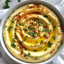 - 1 can (15 oz) chickpeas, drained and rinsed - 1/4 cup tahini - 1/4 cup olive oil - 4 cloves roasted garlic - 2 tablespoons lemon juice - 1 teaspoon ground cumin - 1/2 teaspoon salt (adjust to taste) - 1/4 cup water (more if needed) - Fresh parsley, for garnish - Paprika, for garnish Using high-quality ingredients makes a big difference. I recommend using fresh garlic. Roasting it brings out a sweet flavor. Choose a good tahini for a smooth texture. Extra virgin olive oil adds richness. For chickpeas, canned is fine, but dried is even better if you soak them overnight. Fresh parsley gives a pop of color and flavor. Don’t skip the paprika; it enhances the look and taste. This recipe is quite flexible. If you need a nut-free option, use sunflower seed butter instead of tahini. You can swap olive oil for avocado oil if you prefer. For a lower-sodium version, reduce the salt or use a salt substitute. If you want a spicy kick, add a pinch of cayenne pepper or red pepper flakes. For a vegan option, this recipe is already vegan-friendly! {{ingredient_image_1}} To start, preheat your oven to 400°F (200°C). Grab a whole head of garlic. Cut the top off so the cloves show. Drizzle a little olive oil on top. Wrap the garlic in aluminum foil. Roast it for 30 to 35 minutes. You want the cloves to be soft and caramelized. Once it’s done, let it cool before you handle it. This step adds a sweet and rich flavor to the hummus. Now, it’s time to blend. In your food processor, add the drained chickpeas. Next, squeeze the roasted garlic out of its skin and add it to the mix. Then, pour in the tahini, olive oil, lemon juice, ground cumin, and salt. Blend everything until it is well mixed. This creates a base full of flavor and texture. To get that creamy hummus, you will need to add water. Start blending and add water slowly. Add just a little at a time until you reach your desired consistency. If it feels too thick, keep adding water one tablespoon at a time. Taste your hummus and adjust the seasoning. If it needs more salt or lemon juice, go ahead and add it. Once you have the right flavor and texture, your hummus is ready to serve! To make your hummus extra creamy, start with warm chickpeas. Warm chickpeas blend better than cold ones. If you use canned chickpeas, rinse and drain them well. For a silkier texture, remove the skins from the chickpeas. It takes time but makes a big difference. Adding enough water is key. Start with 1/4 cup and add more if needed. Blend until smooth. Roasted garlic gives a rich taste. You can also add other flavors. Try adding a pinch of cayenne for heat. Fresh herbs like basil or cilantro can brighten the flavor. A splash of extra lemon juice will add zing, too. If you enjoy a nutty taste, use toasted sesame oil instead of olive oil. One common mistake is not blending long enough. Blend until the mixture is very smooth. Another mistake is adding too much salt at once. Start with less and adjust later. If the hummus is too thick, don’t be afraid to add more water. Lastly, remember to taste as you go. This will help you create the best flavor. Pro Tips Choosing Chickpeas: For a creamier texture, you can use dried chickpeas that have been soaked and cooked, as they tend to be softer than canned ones. Roasting Garlic: Feel free to roast extra garlic cloves and use them in other dishes or store them in the fridge for an easy flavor boost in future meals. Adjusting Consistency: If you prefer a lighter hummus, try using ice-cold water instead of room temperature water while blending for a fluffier texture. Flavor Variations: Experiment with adding roasted red peppers, sun-dried tomatoes, or fresh herbs to the hummus for a unique twist on this classic recipe. {{image_2}} You can change the taste of this hummus easily. To make it spicy, add a pinch of cayenne pepper or red pepper flakes. If you love fresh herbs, add chopped basil or dill. For a smoky flavor, mix in smoked paprika. Each option brings a unique twist. While chickpeas are the classic base, you can use other legumes. Black beans give a rich flavor. White beans such as cannellini create a creamy texture. Lentils can work too, but make sure they are cooked well. Each legume will change the taste and texture. This hummus is naturally vegan and gluten-free. It fits many diets easily. To make it nut-free, ensure your tahini is free from nuts. If you want a lower-fat option, use less olive oil and add more water. You can enjoy this dip without worry about dietary needs. To keep your creamy roasted garlic hummus fresh, store it in an airtight container. Make sure to cover the surface with a thin layer of olive oil. This helps seal in flavor and keeps it moist. Place it in the fridge right away. Hummus stays best when it is cold. You can freeze hummus for longer storage. First, pack it in a freezer-safe container. Leave some space at the top, as it may expand. You can also freeze it in ice cube trays. Once frozen, pop the cubes into a bag. This makes it easy to use later. Homemade hummus lasts about five to seven days in the fridge. After that, it may lose its flavor and texture. If you freeze it, hummus is good for up to three months. Always check for any changes in smell or color before eating. To make hummus creamier, use more olive oil. This adds richness and smoothness. You can also blend longer to fully incorporate the ingredients. Adding more water, one tablespoon at a time, helps reach the right texture. Try adding a bit more tahini, too. This will enhance the creaminess and flavor. Yes, you can use dried chickpeas. Soak them overnight in water. Cook them until soft, which takes about one to two hours. Canned chickpeas save time, but dried ones can taste fresher. Just remember to drain and rinse them well after cooking. You can serve hummus with many tasty options. Fresh veggies like carrot sticks and cucumber slices work well. Pita bread or chips are also great for dipping. Try using it as a spread on sandwiches or wraps for added flavor. Homemade hummus lasts about four to five days in the fridge. Store it in an airtight container to keep it fresh. You can also freeze hummus for up to three months. Just thaw it in the fridge before serving. In this guide, we explored essential ingredients, preparation steps, and tips for perfect hummus. I shared ways to enhance flavor, avoid common mistakes, and even offered substitutions for diets. Remember, choosing quality ingredients makes a big difference. Experiment with variations to find your favorite. Store your hummus properly to enjoy its rich taste longer. With these insights, you can make delicious hummus at home. Now, go cook and enjoy your creation!