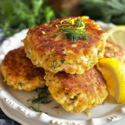 To make Lemon Dill Salmon Cakes, you need a few key items. Here’s what you will need: - 1 can (14.75 oz) wild-caught salmon, drained and flaked - 1/2 cup breadcrumbs (preferably panko for crunch) - 1/4 cup finely chopped red onion - 1/4 cup fresh parsley, chopped - 2 tablespoons fresh dill, chopped - Zest of 1 lemon - 2 tablespoons lemon juice - 1 large egg, beaten - Salt and pepper to taste - 2 tablespoons olive oil (for frying) These ingredients come together to create a tasty dish. The salmon offers protein and healthy fats. The breadcrumbs help bind the cakes while adding crunch. Fresh herbs like parsley and dill bring bright flavors. Lemon zest and juice add a zing that wakes up the taste buds. While the main ingredients work great, you can add a few extras for more flavor. Here are some ideas: - Garlic powder for a savory kick - Old Bay seasoning for a classic seafood taste - Chopped bell peppers for extra color and crunch - A dash of hot sauce for heat These additions can help personalize your salmon cakes. Feel free to mix and match based on your taste. If you don’t have some ingredients on hand, don’t worry. Here are common swaps: - Use canned tuna instead of salmon for a different fish flavor. - Swap panko breadcrumbs with regular breadcrumbs if that’s all you have. - Try dried dill if fresh isn’t available, but use less. - Replace olive oil with vegetable oil for frying. These substitutions keep the dish simple yet delicious. Always feel free to get creative with what you have in your kitchen! {{ingredient_image_1}} First, gather your ingredients. You need one can of wild-caught salmon, breadcrumbs, and some fresh herbs. Here’s what to prepare: - 1 can (14.75 oz) wild-caught salmon, drained and flaked - 1/2 cup breadcrumbs (preferably panko for crunch) - 1/4 cup finely chopped red onion - 1/4 cup fresh parsley, chopped - 2 tablespoons fresh dill, chopped - Zest of 1 lemon - 2 tablespoons lemon juice - 1 large egg, beaten - Salt and pepper to taste - 2 tablespoons olive oil (for frying) Make sure to drain the salmon well before you start. This step helps the cakes hold their shape. Chop the herbs and onion finely. This gives the cakes a nice flavor and texture. Now, let’s mix everything together. In a large bowl, add the flaked salmon, breadcrumbs, red onion, parsley, dill, lemon zest, and lemon juice. Next, add the beaten egg. This helps bind the mixture. Season with salt and pepper. Use your hands or a spatula to mix gently. Be careful not to overmix. You want a good texture for the cakes. Once mixed, form the mixture into patties. Aim for 2-3 inches in diameter and about 1 inch thick. You should make about 6-8 patties. Place them on a plate as you go. Heat your skillet over medium heat. Add the olive oil and let it warm up. It should shimmer but not smoke. Carefully place the patties in the skillet. Make sure not to overcrowd them. This helps them cook evenly. Cook each side for about 4-5 minutes. You want them golden brown and crispy. When flipping the patties, do it gently to keep them from breaking. Once they are cooked, transfer them to a paper towel-lined plate. This will help drain any extra oil. Now, your lemon dill salmon cakes are ready to enjoy! Serve them warm and pair them with tartar sauce or a fresh salad for a tasty meal. To cook salmon cakes well, you need the right heat. Use medium heat to avoid burning. Preheat the skillet with olive oil until it shimmers. This ensures a crispy crust. Avoid overcrowding the pan. If you add too many patties, they will steam instead of fry. Cook in batches if needed. This helps each cake brown evenly. Texture matters in salmon cakes. You want them crispy outside and tender inside. Use panko breadcrumbs for crunch. They help create that perfect bite. Don't overmix the ingredients. Mix just until combined. Overmixing makes the cakes tough. Form the patties gently, about 2-3 inches wide. This size cooks well without falling apart. Lemon dill salmon cakes shine with simple sides. Serve them warm with tartar sauce for a zesty kick. A fresh green salad adds color and crunch. Try pairing with a light, tangy dip. A yogurt-based sauce works great. This adds creaminess without heaviness. Enjoy your salmon cakes with a squeeze of fresh lemon for extra flavor. Pro Tips Use Fresh Herbs: Fresh dill and parsley will enhance the flavor of your salmon cakes significantly compared to dried herbs. Chill the Patties: For firmer patties, refrigerate them for 30 minutes before frying. This helps them hold their shape while cooking. Monitor the Heat: Ensure the oil is hot enough before adding the patties to achieve a crispy exterior. Too low heat may cause them to fall apart. Experiment with Breading: Try different types of breadcrumbs, like crushed crackers or cornmeal, for unique textures and flavors in your salmon cakes. {{image_2}} You can make Lemon Dill Salmon Cakes healthier with a few easy swaps. Instead of breadcrumbs, try using oats or crushed nuts. These options add fiber and healthy fats. For a lighter dish, bake the salmon cakes instead of frying them. Just brush them with a little olive oil and place them in the oven at 375°F for about 20 minutes. Get creative with flavors! You can add different herbs like thyme or basil for a unique twist. For a spicy kick, mix in chopped jalapeños or a dash of hot sauce. You can even add diced bell peppers or corn for extra color and texture. Each change brings a new taste to your salmon cakes, making them fun to explore. If you follow a gluten-free diet, substitute regular breadcrumbs with gluten-free ones or almond flour. These options work great and keep the cakes tasty. For a Paleo-friendly dish, use almond flour instead of breadcrumbs. Also, ensure your salmon and other ingredients are free from any additives. These small changes keep the essence of the dish while fitting your dietary needs. To store leftover salmon cakes, let them cool first. Place them in an airtight container. Keep them in the fridge. They will last for about 3 days. If you plan to eat them later, wrap them tightly in plastic wrap before placing them in a container. This keeps them fresh and tasty. When ready to eat, reheat the salmon cakes. You can use the oven or a skillet. For the oven, preheat to 350°F (175°C). Place the cakes on a baking sheet and heat for 10-12 minutes. For a skillet, add a little olive oil over medium heat. Cook each side for about 3-4 minutes until warm and crispy. This method helps keep the cakes crunchy. To freeze salmon cakes, start by cooling them completely. Then, lay them on a baking sheet in a single layer. Freeze for about 1 hour. Once frozen, transfer them to a freezer-safe bag or container. Label the bag with the date. They can stay in the freezer for up to 2 months. When you want to eat them, thaw in the fridge overnight before reheating. Salmon cakes can last in the fridge for up to 3 days. Make sure to keep them in an airtight container. This keeps them fresh and prevents any odors from other foods. Yes, you can use fresh salmon. Just cook it first, then flake it. Fresh salmon adds a nice texture and flavor. It also makes the dish feel special. Use about 1 cup of cooked, flaked salmon for this recipe. You can serve lemon dill salmon cakes with a fresh salad. A simple green salad works well. You can also pair them with tartar sauce or yogurt sauce for dipping. Roasted vegetables or sweet potato fries make great sides too. This blog post shares delicious lemon dill salmon cake recipes you can enjoy. I covered the key ingredients and cooking steps, along with helpful tips. You learned variations for different diets and how to store and reheat leftovers. Salmon cakes are easy to make and perfect for any meal. Try these ideas to make your cooking fun and tasty. Now you have all the tools to impress your family and friends with great salmon cakes!