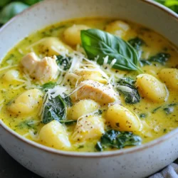To make this creamy soup, gather these ingredients: - 1 tablespoon olive oil - 1 small onion, diced - 2 cloves garlic, minced - 1 pound chicken breasts, diced - 4 cups chicken broth - 1 cup heavy cream - 1 cup prepared basil pesto - 16 ounces potato gnocchi - 1 cup baby spinach, loosely packed - 1 teaspoon dried Italian herbs (oregano, basil, thyme) - Salt and pepper to taste - Grated Parmesan cheese for serving - Fresh basil leaves for garnish Each item plays a key role in creating rich flavors and a hearty texture in the soup. The chicken provides protein, while the heavy cream adds a smooth, velvety mouthfeel. You can swap some ingredients if needed: - Use vegetable broth instead of chicken broth for a vegetarian option. - Swap heavy cream with coconut milk for a lighter version. - If you don't have basil pesto, make your own using fresh basil, olive oil, nuts, and cheese. - Any green leaves like kale or Swiss chard can replace baby spinach. These substitutions keep the soup tasty, while allowing you to cater to dietary needs and preferences. For the best flavor, I recommend using high-quality brands: - Olive Oil: Choose extra virgin olive oil for a richer taste. Brands like California Olive Ranch are great. - Chicken Broth: Look for low-sodium options like Swanson or Pacific Foods for a balanced flavor. - Heavy Cream: Use brands like Land O'Lakes for a rich, creamy texture. - Pesto: Try Buitoni or Classico for a fresh flavor that enhances your soup. Using quality ingredients elevates your dish and makes every spoonful a delight. {{ingredient_image_1}} Start by heating 1 tablespoon of olive oil in a large pot over medium heat. Add the diced onion to the pot. Sauté it for about 3 to 4 minutes. You want the onion to become soft and translucent. Next, stir in 2 cloves of minced garlic. Cook it for 1 more minute until it smells really good. This step builds a rich flavor base for your soup. Now, add 1 pound of diced chicken breasts to the pot. Season it with salt, pepper, and 1 teaspoon of dried Italian herbs. Stir the chicken often while it cooks. It will take about 5 to 7 minutes for the chicken to cook through. Make sure there is no pink left. This step adds protein and heartiness to your soup. Pour in 4 cups of chicken broth and 1 cup of heavy cream. Stir well to mix everything together. Bring the mixture to a gentle simmer. Add in 1 cup of prepared basil pesto. This gives the soup its creamy and flavorful kick. Now, add 16 ounces of potato gnocchi. Cook it according to the package instructions, usually about 2 to 3 minutes. The gnocchi will float to the top when it is done, which means it is ready. Once the gnocchi is cooked, fold in 1 cup of baby spinach. Let it wilt for 1 to 2 minutes. This adds a nice color and nutrients to your soup. Finally, taste the soup and adjust the seasoning with more salt and pepper if needed. Ladle the soup into bowls. Top each bowl with grated Parmesan cheese and fresh basil leaves. This makes your dish look and taste amazing! To get that rich and creamy texture, start with high-quality heavy cream. This adds depth to the soup. Make sure to stir the cream in gently after adding the broth. This helps it blend well. Keep the heat low after adding the cream. High heat can cause it to curdle. If you want it creamier, add a bit more cream or even some cream cheese. One mistake is cooking the chicken too long. Overcooking can make it dry. Cook just until it's no longer pink. Also, don't skip the pesto! This ingredient gives the soup its signature flavor. Using too much salt can overpower the dish. Always taste as you cook. Lastly, don’t forget to fold in the spinach at the end. This keeps it fresh and bright. You can boost flavor with a few extra ingredients. A squeeze of lemon juice adds brightness. Fresh herbs, like parsley or thyme, can elevate the taste. Consider adding sun-dried tomatoes for a tangy twist. If you like some heat, sprinkle in red pepper flakes. A sprinkle of grated Parmesan on top adds a nice salty finish. These small changes can make your soup even more delightful. Pro Tips Use Fresh Ingredients: Fresh basil and high-quality chicken will enhance the flavor of your soup significantly. Customize Your Gnocchi: Try using flavored gnocchi, such as spinach or mushroom, for an extra layer of taste. Control the Creaminess: Adjust the amount of heavy cream based on your preference for a lighter or richer soup. Storage Tips: This soup can be stored in the fridge for up to 3 days, but the gnocchi may absorb some broth. Add more broth when reheating if necessary. {{image_2}} You can easily make this soup vegetarian. Instead of chicken, use diced mushrooms or chickpeas. Replace chicken broth with vegetable broth for a rich flavor. This swap keeps the heartiness of the dish while making it plant-based. You will still enjoy the creamy texture and fresh pesto taste. Feel free to add more veggies to your soup. Carrots, zucchini, or bell peppers work well. Just chop them small and add them when you cook the onions. For a cheesy twist, stir in cream cheese or mozzarella. This adds creaminess and a nice stretch to the soup. If you like heat, add red pepper flakes. Start with a pinch and adjust to your taste. Mix them in when you sauté the garlic for an extra kick. The spice brings a new level of excitement to the creamy pesto flavor. Store leftover creamy pesto chicken gnocchi soup in airtight containers. Let the soup cool down to room temperature first. This helps prevent bacteria growth. Place the containers in the fridge for up to three days. Label the containers with the date to keep track. For long-term storage, you can freeze the soup. Use freezer-safe containers or bags. Leave some space at the top of the container. Soup expands when it freezes. The soup can last for up to three months in the freezer. When ready to eat, move the container to the fridge and let it thaw overnight. Reheat the soup on the stove for even heating. Pour it into a pot over low heat. Stir gently until hot, about 5-10 minutes. You can also use a microwave. Heat in short bursts, stirring in between. This helps heat evenly. If the soup thickens, add a little chicken broth or water as needed. Yes, you can use store-bought gnocchi. It saves time and works great in this soup. I prefer using fresh gnocchi for its soft texture. If you pick dried gnocchi, just cook it a little longer. Either way, it absorbs the soup flavor well. To make this soup gluten-free, choose gluten-free gnocchi. Many brands offer tasty options made from rice or potatoes. Also, check your chicken broth. Some brands add gluten. You can make your own broth for a safe choice. This way, you can enjoy the soup without worry. Absolutely! This soup keeps well. Make it a day in advance and store it in the fridge. When you reheat it, the flavors deepen, making it even better. Just add a splash of cream to refresh the texture. Enjoy it warm on a chilly day! This article covered everything you need for Creamy Pesto Chicken Gnocchi Soup. We explored ingredients, cooking steps, and helpful tips. I shared variations to fit your taste and provided storage advice for leftovers. Remember to avoid common mistakes and have fun with this recipe. Your soup will be creamy and full of flavor. Enjoy making this dish that warms your heart and home!
