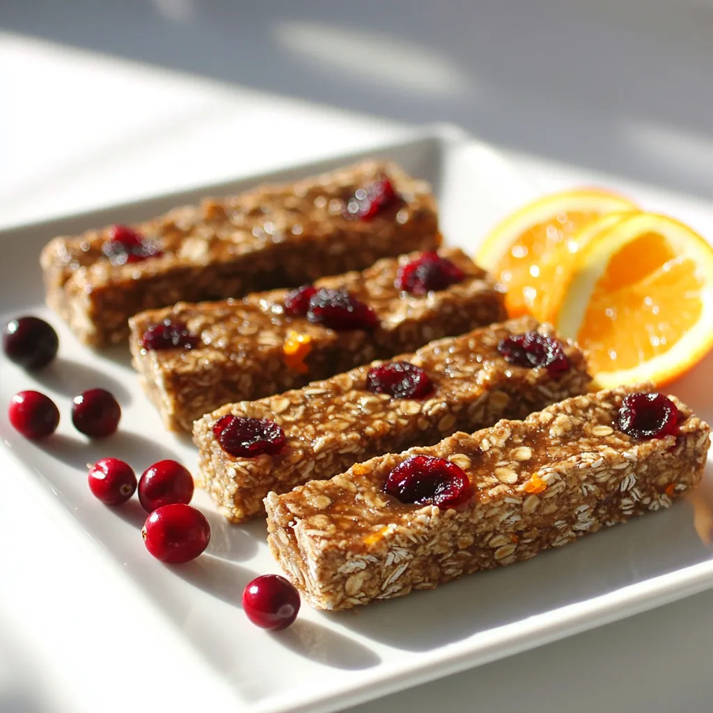 To make these tasty cranberry orange energy bars, you need the following items: - 1 cup rolled oats - 1/2 cup unsweetened almond butter - 1/3 cup honey or maple syrup - 1/2 cup dried cranberries, chopped - Zest of 1 orange - 1/4 cup fresh orange juice - 1/4 cup sunflower seeds - 1/2 teaspoon vanilla extract - 1/4 teaspoon salt - 1/4 teaspoon ground cinnamon You can easily swap out some ingredients to fit your taste. If you want a nut-free option, try sunflower butter instead of almond butter. For sweetness, maple syrup can replace honey. If you don’t have dried cranberries, you can use raisins or chopped dates. Also, feel free to use other seeds like pumpkin seeds in place of sunflower seeds. Each ingredient in these energy bars brings great nutrition: - Rolled oats provide fiber and keep you full longer. - Almond butter offers healthy fats and protein. - Honey or maple syrup gives natural sweetness along with antioxidants. - Dried cranberries add vitamins and minerals, plus a burst of flavor. - Orange zest and juice are rich in vitamin C, boosting your immune system. - Sunflower seeds deliver protein, healthy fats, and vitamin E. - Vanilla extract adds flavor without extra sugar. - Salt enhances flavor, while cinnamon can help regulate blood sugar. These ingredients mix together to create a tasty, healthy snack that fuels your day! Making cranberry orange energy bars is easy and fun. Start by gathering all your ingredients. You need rolled oats, almond butter, honey or maple syrup, dried cranberries, orange zest, fresh orange juice, sunflower seeds, vanilla extract, salt, and ground cinnamon. This recipe takes about ten minutes to prep and two hours to set. In a large mixing bowl, combine the rolled oats, chopped dried cranberries, and sunflower seeds. Add the orange zest, salt, and ground cinnamon. Mix these ingredients well. This step ensures that each bite of your bar has the same great flavor. In another bowl, whisk together the almond butter, honey or maple syrup, fresh orange juice, and vanilla extract. Keep whisking until the mixture is smooth and creamy. This blend adds sweetness and moisture to your bars. Once it’s ready, pour the wet mix into the dry ingredients. Stir until everything is coated and sticky. This forms the base of your energy bars. To get a great texture in your bars, use rolled oats. They give a nice chew. The mixture should be thick and sticky. If it feels too dry, add a bit more almond butter or honey. Mixing well helps the flavors blend. Make sure to coat every piece of oat and cranberry. Press the mixture firmly into the baking dish. Use a flat spatula or your hands. This helps the bars hold together. Press evenly to avoid any loose edges. Line the dish with parchment paper for easy removal later. Leave some paper hanging over the sides. This makes lifting out the bars much easier. Cut the bars into squares or rectangles. Serve them on a nice plate and add a pop of color. Garnish with extra dried cranberries and orange slices. This makes them look inviting. They are perfect for breakfast or a snack. Pair them with a cup of tea or coffee for a quick boost! {{image_2}} You can change up these energy bars by adding nuts and seeds. Try walnuts, almonds, or pecans for crunch. They bring healthy fats and protein. You can also add chia seeds or flaxseeds for extra fiber. Mix and match until you find your favorite combo. You can adjust the sweetness based on your taste. If you like it sweeter, add more honey or maple syrup. If you want less sugar, cut back on the sweetener. You can also try using mashed bananas or applesauce. Both give natural sweetness and moisture. You can easily make these bars gluten-free and vegan. Use certified gluten-free oats to keep them safe for gluten-free diets. For a vegan option, simply replace honey with maple syrup. This keeps the bars plant-based and just as tasty. Don't hesitate to explore these options for a custom treat! To keep your cranberry orange energy bars fresh, store them in an airtight container. This helps maintain their chewy texture and bright flavors. You can use a glass or plastic container, as long as it seals well. If you want them to last longer, place parchment paper between the bars. This prevents them from sticking together. When stored in the refrigerator, these energy bars can last up to a week. After that, they may lose some flavor and texture. If you plan to eat them over a longer time, freezing is a great option. This keeps them fresh and ready for your next snack. To freeze your energy bars, first cut them into squares. Wrap each bar in plastic wrap. Then, place all the wrapped bars in a freezer-safe bag or container. Make sure to remove as much air as possible to prevent freezer burn. They can stay frozen for up to three months. When you want one, just take it out and let it thaw for a bit before enjoying! Yes, you can! Almond butter works well, but you can try peanut or cashew butter too. Each nut butter adds its own taste. If you want a different flavor, pick a nut butter you enjoy. Just make sure it is smooth and creamy for the best results. To boost nutrition, you can add a few seeds or nuts. Try adding chia seeds, flaxseeds, or walnuts. These add fiber and healthy fats. You can also include a scoop of protein powder. This will help keep you full longer. Adding more dried fruits, like apricots or raisins, can also add more vitamins. If you want a substitute for honey, maple syrup is a great choice. It has a similar sweetness and is easy to mix. You can also use agave nectar. If you need a sugar-free option, try mashed bananas or applesauce. These will add sweetness and moisture to your bars. Yes, it is best to refrigerate the bars. Chilling helps them set and hold their shape. If you do not refrigerate, they might become too soft and fall apart. Store them in an airtight container in the fridge for up to a week. You can also freeze them for longer storage, which keeps them fresh and tasty. In this blog post, we explored the key ingredients for energy bars, their benefits, and how to mix them. I provided tips for the right texture and serving ideas. You can try different add-ins and tweak sweetness levels for unique flavors. I emphasized how to store energy bars for freshness and answered common questions. In the end, making energy bars is fun and healthy. You can enjoy tasty snacks while controlling what goes into your food. Give it a try!