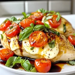 - 4 boneless, skinless chicken breasts - 1 cup fresh mozzarella cheese, cubed - 1 cup cherry tomatoes, halved - 1/2 cup fresh basil leaves, chopped - 1 teaspoon garlic powder - 2 tablespoons olive oil - Salt and pepper to taste - 3 tablespoons balsamic glaze - Toothpicks or kitchen twine When I prepare Caprese stuffed chicken, I always focus on fresh ingredients. The chicken breasts need to be boneless and skinless for easy stuffing. I love using fresh mozzarella cheese because it melts beautifully. Cherry tomatoes add a sweet burst of flavor. Fresh basil gives a nice herbal note, making it taste bright and fresh. For seasoning, I use garlic powder, olive oil, salt, and pepper. This simple mix amplifies the dish's taste without overpowering it. The balsamic glaze adds a tangy sweetness, making the dish pop. Lastly, I use toothpicks or kitchen twine to secure the chicken. This step is key to keeping all the delicious filling inside while cooking. {{ingredient_image_1}} 1. Preheating the oven: Start by preheating your oven to 375°F (190°C). This step is vital to ensure even cooking later on. 2. Preparing the stuffing mixture: In a bowl, mix together 1 cup of fresh mozzarella cheese, 1 cup of halved cherry tomatoes, and 1/2 cup of chopped basil leaves. Add 1 tablespoon of balsamic glaze and stir gently. Set this aside for later. 1. Creating pockets in chicken breasts: Take your boneless, skinless chicken breasts. With a sharp knife, carefully cut a pocket into the thickest part of each breast. Make sure not to cut all the way through so the filling stays inside. 2. Seasoning the chicken: Season both the inside and outside of the chicken breasts with 1 teaspoon of garlic powder, salt, and pepper to taste. This adds great flavor to your dish. 1. Stuffing the chicken: Generously fill each chicken breast pocket with the mozzarella, tomato, and basil mixture. Don’t be shy—load it up! 2. Searing and baking instructions: Secure each pocket with toothpicks or kitchen twine to keep the stuffing safe. Heat 2 tablespoons of olive oil in a large oven-safe skillet over medium-high heat. Once hot, sear the stuffed chicken breasts for about 4-5 minutes on each side until golden brown. Drizzle the remaining balsamic glaze over the top. Then, transfer the skillet to the preheated oven and bake for 20-25 minutes, or until the chicken reaches an internal temperature of 165°F (75°C). Once done, let it rest a few minutes before removing the toothpicks or twine. Enjoy your delicious Caprese stuffed chicken! To keep your chicken juicy, start by not overcooking it. Use a meat thermometer to check the internal temperature. You want it to reach 165°F (75°C). This step ensures your chicken stays moist and tender. Creating the right pocket in the chicken is key. Make it deep enough to hold the filling but don’t cut all the way through. This helps keep the delicious stuffing inside. Seal the pocket well with toothpicks or kitchen twine. This will prevent the filling from spilling out while cooking. If you're looking for a dairy-free option, try using dairy-free cheese. Many brands offer great alternatives that melt well. You can also swap the mozzarella with goat cheese for a tangy twist. Feel free to add other vegetables to your stuffing. Spinach, bell peppers, or even artichokes can add flavor and texture. Mix and match to suit your taste! Caprese Stuffed Chicken pairs well with simple side dishes. Think about serving it with a fresh salad or roasted vegetables. These sides will balance the richness of the chicken. For presentation, drizzle extra balsamic glaze on top. Place the stuffed chicken on a colorful plate. Garnish with fresh basil leaves. This makes the dish look even more inviting and delicious! Pro Tips Use Fresh Ingredients: Always opt for fresh mozzarella, ripe cherry tomatoes, and fresh basil for the best flavor and texture. Secure Properly: Make sure to secure the chicken pockets tightly to prevent the delicious filling from spilling out during cooking. Let it Rest: Allow the stuffed chicken to rest for a few minutes after baking to help retain its juices and enhance flavor. Experiment with Flavor: Feel free to add other ingredients like spinach or pesto to the stuffing for an extra layer of flavor. {{image_2}} You can make Caprese stuffed chicken even more tasty. Adding pesto gives it a nice kick. Pesto adds a rich, herby flavor that blends well with the mozzarella and tomatoes. Try spreading a bit of pesto inside the chicken pocket before stuffing. Using different cheeses also brings new flavors. You might swap mozzarella for burrata or goat cheese. Burrata adds creaminess, while goat cheese gives a tangy twist. Experiment and see what you like best. If you follow a low-carb or keto diet, this dish fits nicely. Just skip the balsamic glaze or use a low-sugar version. You can also add more veggies to the stuffing. Zucchini or spinach works well here. For gluten-free needs, this recipe is already safe. Just ensure any added sauces are gluten-free. You can enjoy this dish without worry. Grilling the chicken offers a smoky flavor. Instead of baking, heat your grill and cook the stuffed chicken for about 15-20 minutes. Just make sure to seal the pockets well. A slow cooker is another great option. Cook on low for 4-6 hours. This method keeps the chicken moist and tender. It also allows the flavors to meld beautifully. To keep your Caprese stuffed chicken fresh, let it cool first. Place it in an airtight container. This keeps out air and moisture. Store it in the fridge. It will last about 3 to 4 days. If you want to keep it longer, consider freezing it. When reheating, avoid drying out the chicken. The best method is to use the oven. Preheat it to 350°F (175°C). Place the chicken in a baking dish. Add a splash of broth or water to keep it moist. Cover with foil to trap steam. Heat for about 15-20 minutes. You can also microwave it, but this may dry it out. For longer storage, you can freeze the stuffed chicken. Wrap each piece tightly in plastic wrap. Then, place it in a freezer bag. It can last up to 3 months in the freezer. When you’re ready to eat, thaw it in the fridge overnight before reheating. Can I use frozen chicken breasts for this recipe? Yes, you can use frozen chicken breasts. Just make sure to thaw them first. You can do this overnight in the fridge or in cold water for a quick thaw. Soaking in water takes about 1-2 hours. How do I know when the chicken is cooked properly? To check if the chicken is done, use a meat thermometer. The internal temperature should reach 165°F (75°C). If you don't have a thermometer, cut into the chicken. The juices should run clear, and the meat should not be pink. What to do if the filling spills out during cooking? If the filling spills out, don't panic! It can still taste great. Try to seal the chicken better next time. Use toothpicks or kitchen twine to keep the filling inside. If it happens, just scoop it back onto the chicken when serving. Adjusting cooking times for larger chicken breasts If your chicken breasts are larger, you will need to adjust the cooking time. Increase the baking time by 5-10 minutes. Always check the internal temperature to ensure it’s cooked. Can this recipe be made ahead of time? Yes, you can make this dish ahead. Stuff the chicken and store it in the fridge for up to 24 hours. Just bake it when you're ready to eat. How to make Caprese Stuffed Chicken more kid-friendly? To make it kid-friendly, you can use less basil and choose mozzarella sticks. Kids love the gooey cheese! You might also skip the balsamic glaze if they prefer plain flavors. This blog post covered how to make Caprese Stuffed Chicken, exploring ingredients, preparation, and cooking steps. You learned useful tips for cooking and serving. I shared ways to adapt the recipe for different diets and tastes. Remember to store your leftovers properly for the best flavor. Enjoy experimenting with this dish, and don't hesitate to make it your own. Preparing this meal will impress your family and friends while being easy to make. Happy cooking!