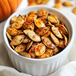 - 1 cup raw pumpkin seeds (pepitas) - 2 tablespoons olive oil - 1 teaspoon smoked paprika - 1 teaspoon cayenne pepper (adjust to taste) - 1 teaspoon garlic powder - 1 teaspoon salt - 1/2 teaspoon black pepper - 1 tablespoon maple syrup (optional for sweetness) For this recipe, I use raw pumpkin seeds, also known as pepitas. They are the heart of this crunchy snack. Olive oil helps the spices stick and adds flavor. I love the smoky taste of smoked paprika, which gives depth. Cayenne pepper adds heat, but you can change this to suit your taste. Garlic powder brings a savory touch, while salt and black pepper enhance all the flavors. If you want a hint of sweetness, maple syrup is a great choice. It balances the spices well. Each ingredient plays a key role in making this snack truly special. {{ingredient_image_1}} - Preheat your oven to 350°F (175°C). - Rinse the pumpkin seeds in cold water. This helps remove any leftover pumpkin flesh. Dry them with a kitchen towel. When you rinse the seeds, it’s important to get them clean. This makes your snack taste better. Drying them is key too. Wet seeds won't roast well. They may end up chewy instead of crunchy. - Combine pumpkin seeds with 2 tablespoons olive oil. - Add 1 teaspoon smoked paprika, 1 teaspoon cayenne pepper, 1 teaspoon garlic powder, 1 teaspoon salt, and 1/2 teaspoon black pepper. If you like sweetness, add 1 tablespoon maple syrup (optional). - Mix everything together until the seeds are well-coated. Make sure you mix well. Every seed should get some oil and spices. If you want more heat, add more cayenne. If you want less, just use a bit. - Spread the seeds on a lined baking sheet in a single layer. - Roast for 20-25 minutes. Stir them every 10 minutes for even cooking. This step is crucial. Stirring helps them cook evenly. You want them golden brown and crunchy. When they cool, they'll get even crunchier. To make the best spicy roasted pumpkin seeds, start by taste-testing. After roasting, try a seed. If it needs more heat, add cayenne pepper. You can also mix in some chili powder for a different kick. If you want more depth, try adding onion powder or cumin. These spices can change the flavor and make it unique. You want your seeds to be golden brown for the best crunch. Check them at 20 minutes. If they look light brown, give them a few more minutes. Stir every 10 minutes to cook them evenly. After roasting, let them cool. Cooling helps them get crispy. They will become crunchier as they sit. For serving, use a fun bowl or container. A clear glass jar shows off the seeds nicely. You can also sprinkle smoked paprika on top for color. These seeds are great as snacks or on salads. They add crunch and flavor. Consider pairing them with a dip or yogurt for a tasty treat. Pro Tips Soak for Extra Crunch: Soaking the pumpkin seeds in saltwater for a few hours before roasting can enhance their crunchiness. Experiment with Flavors: Feel free to try different spices like cumin or chili powder for a unique flavor profile. Storage Tips: Store cooled seeds in an airtight container to maintain their crunch for up to two weeks. Use Fresh Seeds: For the best flavor, use fresh pumpkin seeds straight from a pumpkin during the fall season. {{image_2}} You can play with flavors to make your spicy roasted pumpkin seeds unique. For a different kick, try adding cumin or chili powder. If you like a sweeter snack, use cinnamon instead of spice. You can even mix sweet and savory by adding both maple syrup and cayenne. This combo gives a nice balance. If you need a gluten-free or vegan snack, this recipe is perfect. All the ingredients are naturally gluten-free and plant-based. Just make sure to check your olive oil for any hidden gluten. You can also swap maple syrup for agave nectar to keep it vegan. Besides roasting, you can also air fry your pumpkin seeds. Set your air fryer to 300°F (150°C) and cook for 10-15 minutes. Shake the basket every few minutes for even cooking. If you prefer stovetop, heat a pan over medium heat. Add the seeds and stir for 5-10 minutes until they are golden brown. Each method gives you a crunchy snack with a twist! To keep your spicy roasted pumpkin seeds fresh, store them in an airtight container. A glass jar works well. You can also use a resealable plastic bag. Make sure to remove all air before sealing. Place the container in a cool, dark place like a pantry or cupboard. Avoid storing them in the fridge, as moisture can make them soggy. If stored properly, spicy roasted pumpkin seeds can last up to two weeks. After that, they may lose their crunch and flavor. For the best taste, try to eat them within the first week. If you notice any signs of spoilage, like a strange smell, it’s best to toss them. If your pumpkin seeds lose their crunch, don’t worry! You can easily revive them. Preheat your oven to 350°F (175°C). Spread the seeds in a single layer on a baking sheet. Roast them for about 5-10 minutes. Keep an eye on them to prevent burning. Once they cool down, they should be crunchy again. Enjoy your snack! You should use raw pumpkin seeds, also called pepitas. Raw seeds are fresh and have a soft texture. Roasted seeds are already cooked and may lack that crispiness you want. Using raw seeds allows you to control the flavor and crunch. You can add your spices and roast them to perfection. Yes, you can skip the maple syrup. If you want to keep it sugar-free, just leave it out. You can also use other sweeteners like honey or agave syrup. If you prefer no sweetness, remove it entirely. The seeds will still taste great with the spices. To adjust the heat level, change the amount of cayenne pepper. If you like it mild, use less cayenne. For more heat, add more. You can also try adding different spices, like chili powder or even crushed red pepper. This way, you can make the snack just right for your taste! In this blog post, we explored roasting pumpkin seeds with ease. We discussed key ingredients, step-by-step instructions, and handy tips for perfecting your snack. You learned how to enhance flavors and adapt the recipe for different diets. Storage advice ensured your seeds stay fresh and crunchy. Roasting pumpkin seeds is simple and fun. Try different spices and enjoy your tasty, healthy treat! Dive in and make this recipe your own.