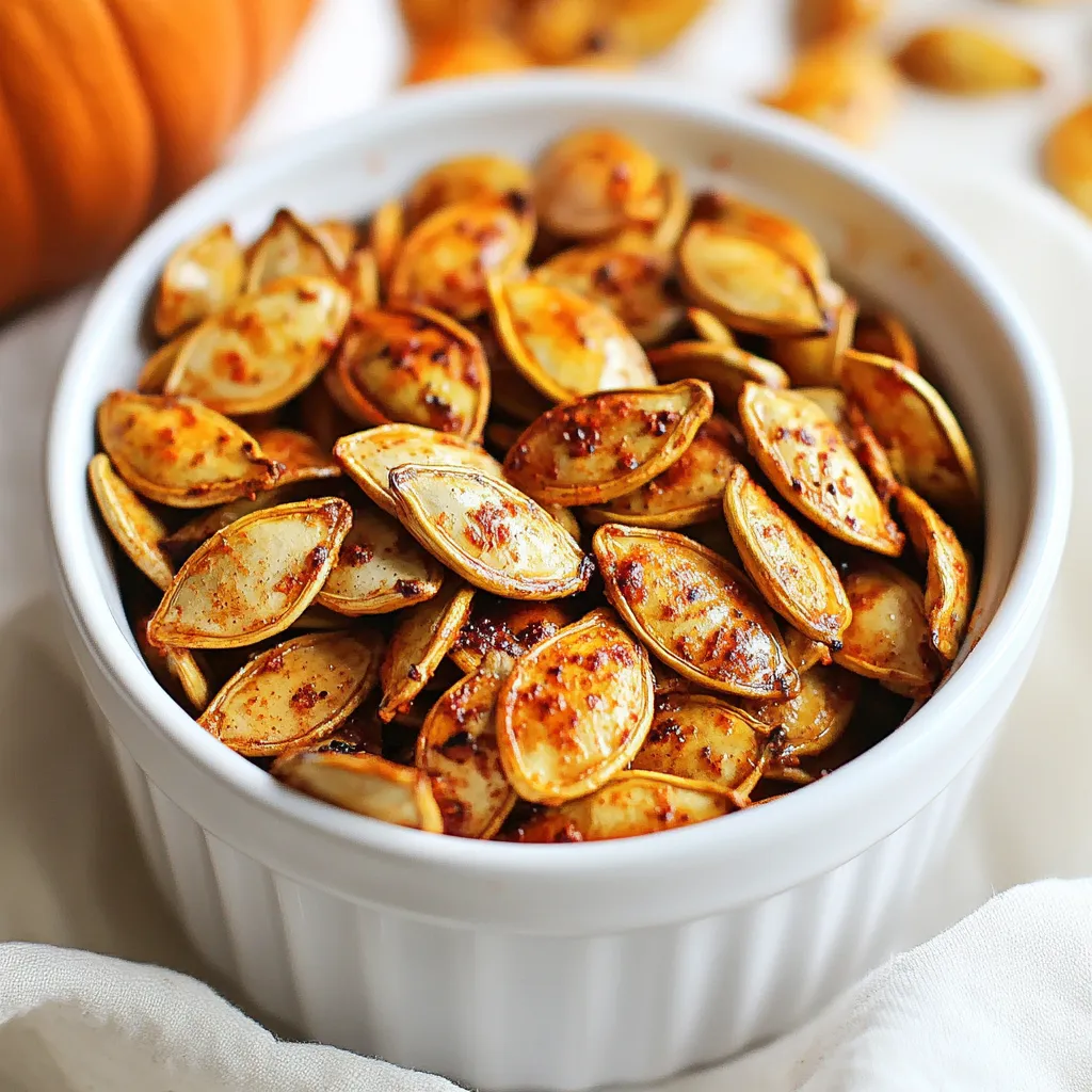 - 1 cup raw pumpkin seeds (pepitas) - 2 tablespoons olive oil - 1 teaspoon smoked paprika - 1 teaspoon cayenne pepper (adjust to taste) - 1 teaspoon garlic powder - 1 teaspoon salt - 1/2 teaspoon black pepper - 1 tablespoon maple syrup (optional for sweetness) For this recipe, I use raw pumpkin seeds, also known as pepitas. They are the heart of this crunchy snack. Olive oil helps the spices stick and adds flavor. I love the smoky taste of smoked paprika, which gives depth. Cayenne pepper adds heat, but you can change this to suit your taste. Garlic powder brings a savory touch, while salt and black pepper enhance all the flavors. If you want a hint of sweetness, maple syrup is a great choice. It balances the spices well. Each ingredient plays a key role in making this snack truly special. {{ingredient_image_1}} - Preheat your oven to 350°F (175°C). - Rinse the pumpkin seeds in cold water. This helps remove any leftover pumpkin flesh. Dry them with a kitchen towel. When you rinse the seeds, it’s important to get them clean. This makes your snack taste better. Drying them is key too. Wet seeds won't roast well. They may end up chewy instead of crunchy. - Combine pumpkin seeds with 2 tablespoons olive oil. - Add 1 teaspoon smoked paprika, 1 teaspoon cayenne pepper, 1 teaspoon garlic powder, 1 teaspoon salt, and 1/2 teaspoon black pepper. If you like sweetness, add 1 tablespoon maple syrup (optional). - Mix everything together until the seeds are well-coated. Make sure you mix well. Every seed should get some oil and spices. If you want more heat, add more cayenne. If you want less, just use a bit. - Spread the seeds on a lined baking sheet in a single layer. - Roast for 20-25 minutes. Stir them every 10 minutes for even cooking. This step is crucial. Stirring helps them cook evenly. You want them golden brown and crunchy. When they cool, they'll get even crunchier. To make the best spicy roasted pumpkin seeds, start by taste-testing. After roasting, try a seed. If it needs more heat, add cayenne pepper. You can also mix in some chili powder for a different kick. If you want more depth, try adding onion powder or cumin. These spices can change the flavor and make it unique. You want your seeds to be golden brown for the best crunch. Check them at 20 minutes. If they look light brown, give them a few more minutes. Stir every 10 minutes to cook them evenly. After roasting, let them cool. Cooling helps them get crispy. They will become crunchier as they sit. For serving, use a fun bowl or container. A clear glass jar shows off the seeds nicely. You can also sprinkle smoked paprika on top for color. These seeds are great as snacks or on salads. They add crunch and flavor. Consider pairing them with a dip or yogurt for a tasty treat. Pro Tips Soak for Extra Crunch: Soaking the pumpkin seeds in saltwater for a few hours before roasting can enhance their crunchiness. Experiment with Flavors: Feel free to try different spices like cumin or chili powder for a unique flavor profile. Storage Tips: Store cooled seeds in an airtight container to maintain their crunch for up to two weeks. Use Fresh Seeds: For the best flavor, use fresh pumpkin seeds straight from a pumpkin during the fall season. {{image_2}} You can play with flavors to make your spicy roasted pumpkin seeds unique. For a different kick, try adding cumin or chili powder. If you like a sweeter snack, use cinnamon instead of spice. You can even mix sweet and savory by adding both maple syrup and cayenne. This combo gives a nice balance. If you need a gluten-free or vegan snack, this recipe is perfect. All the ingredients are naturally gluten-free and plant-based. Just make sure to check your olive oil for any hidden gluten. You can also swap maple syrup for agave nectar to keep it vegan. Besides roasting, you can also air fry your pumpkin seeds. Set your air fryer to 300°F (150°C) and cook for 10-15 minutes. Shake the basket every few minutes for even cooking. If you prefer stovetop, heat a pan over medium heat. Add the seeds and stir for 5-10 minutes until they are golden brown. Each method gives you a crunchy snack with a twist! To keep your spicy roasted pumpkin seeds fresh, store them in an airtight container. A glass jar works well. You can also use a resealable plastic bag. Make sure to remove all air before sealing. Place the container in a cool, dark place like a pantry or cupboard. Avoid storing them in the fridge, as moisture can make them soggy. If stored properly, spicy roasted pumpkin seeds can last up to two weeks. After that, they may lose their crunch and flavor. For the best taste, try to eat them within the first week. If you notice any signs of spoilage, like a strange smell, it’s best to toss them. If your pumpkin seeds lose their crunch, don’t worry! You can easily revive them. Preheat your oven to 350°F (175°C). Spread the seeds in a single layer on a baking sheet. Roast them for about 5-10 minutes. Keep an eye on them to prevent burning. Once they cool down, they should be crunchy again. Enjoy your snack! You should use raw pumpkin seeds, also called pepitas. Raw seeds are fresh and have a soft texture. Roasted seeds are already cooked and may lack that crispiness you want. Using raw seeds allows you to control the flavor and crunch. You can add your spices and roast them to perfection. Yes, you can skip the maple syrup. If you want to keep it sugar-free, just leave it out. You can also use other sweeteners like honey or agave syrup. If you prefer no sweetness, remove it entirely. The seeds will still taste great with the spices. To adjust the heat level, change the amount of cayenne pepper. If you like it mild, use less cayenne. For more heat, add more. You can also try adding different spices, like chili powder or even crushed red pepper. This way, you can make the snack just right for your taste! In this blog post, we explored roasting pumpkin seeds with ease. We discussed key ingredients, step-by-step instructions, and handy tips for perfecting your snack. You learned how to enhance flavors and adapt the recipe for different diets. Storage advice ensured your seeds stay fresh and crunchy. Roasting pumpkin seeds is simple and fun. Try different spices and enjoy your tasty, healthy treat! Dive in and make this recipe your own.