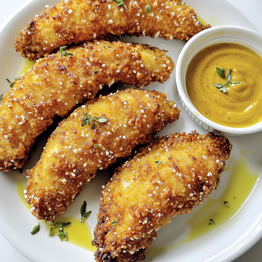 To make Honey Mustard Pretzel Chicken Tenders, gather these items: - 1 lb chicken tenders - 1 cup pretzel crumbs (crushed pretzels) - 1/2 cup all-purpose flour - 1 egg, beaten - 1/4 cup honey - 1/4 cup Dijon mustard - 1 teaspoon garlic powder - 1/2 teaspoon paprika - Salt and pepper to taste - 1 tablespoon olive oil (for baking) Each ingredient adds flavor and nutrition: - Chicken tenders provide protein for strong muscles. - Pretzel crumbs add crunch and are lower in fat than bread crumbs. - Honey offers natural sweetness and contains antioxidants. - Dijon mustard adds flavor with few calories and no sugar. - Olive oil is rich in healthy fats that support heart health. You can swap ingredients to fit your diet: - Use gluten-free flour and pretzels for a gluten-free option. - Swap honey for maple syrup if you prefer a vegan option. - For a low-carb meal, use almond flour instead of all-purpose flour. - Chicken breast can replace chicken tenders if desired. Feel free to get creative with these substitutes! First, set your oven to 400°F (200°C). This ensures even cooking. While the oven heats, line a baking sheet with parchment paper. This keeps the tenders from sticking. It also makes cleanup easy. You want a good surface for the chicken tenders to bake on. Now it’s time to coat your chicken tenders. In a shallow bowl, mix 1/2 cup of all-purpose flour, 1 teaspoon of garlic powder, 1/2 teaspoon of paprika, and a pinch of salt and pepper. This mix adds flavor. In another bowl, whisk together 1/4 cup of honey and 1/4 cup of Dijon mustard. You want it smooth and well-blended. Take each chicken tender. First, dip it in the flour mix, shaking off any extra flour. Next, dip it into the beaten egg. Finally, coat it with 1 cup of crushed pretzels. Make sure each piece is fully covered. This gives the tenders their great crunch. Place the coated chicken tenders on the prepared baking sheet. Drizzle 1 tablespoon of olive oil on top for added crispiness. Slide the baking sheet into the hot oven. Bake for 15 to 20 minutes. Halfway through, flip the chicken tenders for even cooking. You want them golden brown and crispy. To check if they’re done, cut one open. The inside should be white, not pink. If they’re cooked, take them out and let them cool for a few minutes before serving. Enjoy this crunchy delight with your honey mustard dipping sauce! To make your chicken tenders extra crunchy, follow these steps. First, use fresh pretzel crumbs. You can crush pretzels at home for a better texture. Make sure to coat each tender well in the pretzel crumbs. This helps lock in the crunch during baking. Drizzling olive oil on top adds more crispiness as they bake. You can also try baking them on a wire rack over a baking sheet. This allows hot air to circulate all around. Store leftover chicken tenders in an airtight container. They stay fresh in the fridge for up to three days. To reheat, use an oven or an air fryer. Set the oven to 375°F (190°C) and bake for about 10 minutes. This keeps them crunchy. Avoid using a microwave, as it can make them soggy. One common mistake is not shaking off excess flour. This can lead to a thick, gummy layer instead of a nice crunch. Also, be careful not to overcrowd the baking sheet. Give each piece space to cook evenly. Lastly, remember to flip the tenders halfway through baking for even browning. These tips will help you make the best Honey Mustard Pretzel Chicken Tenders every time! {{image_2}} You can add heat to your honey mustard pretzel chicken tenders. Mix in some cayenne pepper or hot sauce with the Dijon mustard. This simple change brings a kick to each bite. For extra flavor, sprinkle chili powder on the pretzel crumbs. This spicy twist gives your dish a fun surprise. You can choose to bake or fry your chicken tenders. Baking is easier and healthier, using less oil. It keeps the chicken tender and juicy. Frying, on the other hand, gives a crunchier texture. If you prefer frying, heat oil in a pan. Fry the tenders until golden brown, about 4-5 minutes per side. Both methods are tasty, so pick your favorite. How you serve your chicken tenders matters. They shine best with a honey mustard dipping sauce. Just mix equal parts honey and Dijon mustard. Serve on a wooden platter for a rustic touch. Add fresh herbs for color. For sides, consider crispy fries or a fresh salad. These pairings round out your meal and make it more fun to eat. Once you finish your Honey Mustard Pretzel Chicken Tenders, let them cool. Place them in an airtight container. Make sure to separate layers with parchment paper. This keeps them crisp. Store the container in the fridge. They will last up to three days. If you want to keep them longer, freezing is a great option. To freeze your chicken tenders, first cool them completely. Arrange them in a single layer on a baking sheet. Freeze them for about an hour. This helps them keep their shape. After they freeze, transfer them to a freezer-safe bag. Be sure to remove as much air as possible. They can last up to three months in the freezer. Always label the bag with the date. When you're ready to eat your leftovers, preheat your oven to 375°F (190°C). Place the chicken tenders on a baking sheet. Reheat them for about 10-15 minutes. This keeps them crunchy. You can also use an air fryer for a quick option. Heat them at 350°F (175°C) for about 5-7 minutes. Avoid using the microwave, as it can make them soggy. Enjoy your tasty chicken tenders again! Yes, you can use other chicken cuts. Chicken breasts or thighs work well. Just cut them into strips. Make sure they are similar in size to tenders for even cooking. You might need to adjust the cooking time a little. Always check for doneness with a meat thermometer. The chicken should reach 165°F (74°C) to be safe. Making the dipping sauce is super easy. Just mix equal parts honey and Dijon mustard in a small bowl. Stir until it is smooth and combined. If you want a little kick, add a dash of hot sauce or cayenne pepper. This sauce is perfect for dipping your crispy tenders. These tenders go great with many sides. You can serve them with fresh veggies, like carrot sticks or cucumber slices. A simple green salad also pairs well. For a heartier side, try mashed potatoes or sweet potato fries. Don’t forget to add the honey mustard sauce on the side for extra flavor! You learned about making Honey Mustard Pretzel Chicken Tenders from start to finish. We covered key ingredients and their benefits, plus tasty alternatives. The step-by-step guide taught you how to bake them perfectly. Tips and tricks helped you avoid common mistakes and ensure a crispy finish. We explored delicious variations and how to store any leftovers. Remember, cooking should be fun! Enjoy customizing your chicken tenders and sharing them with friends and family. Now get cooking!