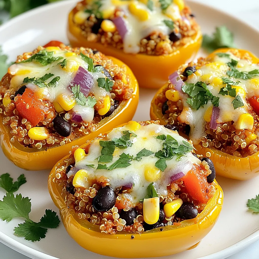 To make these tasty stuffed peppers, gather these ingredients: - 4 large bell peppers (any color) - 1 cup quinoa, rinsed - 2 cups vegetable broth - 1 can (15 oz) black beans, drained and rinsed - 1 cup corn (frozen or canned) - 1 medium red onion, diced - 2 cloves garlic, minced - 1 teaspoon ground cumin - 1 teaspoon smoked paprika - ½ teaspoon chili powder - 1 cup diced tomatoes (canned or fresh) - ½ cup chopped fresh cilantro (plus extra for garnish) - Salt and pepper to taste - 1 cup shredded cheese (cheddar or pepper jack) - 1 tablespoon olive oil You can add fun toppings to your stuffed peppers. Here are some ideas: - Avocado slices - Sour cream or Greek yogurt - Extra cilantro - Jalapeño slices for heat - Lime wedges for zest Feel free to mix it up! Here are some variations you can try: - Swap quinoa for brown rice or farro. - Use different beans, like kidney or pinto beans. - Add diced zucchini or spinach for more veggies. - Try different spices like oregano or cayenne pepper for a kick. - Change the cheese to feta or mozzarella for new flavors. These options help make the dish your own! {{ingredient_image_1}} First, preheat your oven to 375°F (190°C). This helps to cook the peppers evenly. Next, cut the tops off the bell peppers. Remove the seeds and membranes inside. Brush the outside of each pepper with olive oil. Place them upright in a baking dish. This keeps them from tipping over while baking. In a medium saucepan, bring 2 cups of vegetable broth to a boil. Add 1 cup of rinsed quinoa. Lower the heat, cover, and let it simmer for 15 minutes. The quinoa will become fluffy and absorb the broth. While the quinoa cooks, heat olive oil in a large skillet over medium heat. Add 1 diced red onion and sauté for 3-4 minutes until it turns clear. Then, add 2 minced garlic cloves, 1 teaspoon of ground cumin, 1 teaspoon of smoked paprika, and ½ teaspoon of chili powder. Stir for about a minute to release their flavors. After that, mix in 1 can of drained black beans, 1 cup of corn, and 1 cup of diced tomatoes. Finally, add the cooked quinoa. Season with salt and pepper, and stir in ½ cup of chopped fresh cilantro. Now, spoon the quinoa mixture into each hollowed-out pepper. Fill them generously. Top each one with shredded cheese. Cover the baking dish with aluminum foil and bake for 30 minutes. After that, remove the foil and bake for another 10 minutes. The cheese should melt and bubble beautifully. Once done, take the peppers out of the oven and let them cool for a few minutes. Garnish with more cilantro if you like. Enjoy your delicious Southwest quinoa stuffed peppers! To find the best bell peppers, look for firm ones. They should feel heavy for their size. Check for smooth skin without wrinkles or blemishes. Color matters too; red, yellow, and orange peppers are sweeter. Green peppers are more bitter, but they work well too. Choose what you like best for your dish. Rinse your quinoa before cooking. This helps remove the bitter coating called saponin. Use a 2:1 liquid to quinoa ratio for fluffy quinoa. Cook it on low heat for about 15 minutes. Keep the lid on while it cooks to trap steam. When done, fluff it with a fork. This helps separate the grains for better texture. If you want more heat, add extra chili powder or diced jalapeños. For a milder taste, cut back on spices and use less chili powder. You can also add lime juice for a fresh zing. Fresh herbs like cilantro boost flavor without spice. Taste your filling as you cook to find the right balance for you. Pro Tips Choose Colorful Peppers: Using a mix of red, yellow, and green bell peppers not only adds visual appeal but also provides different flavors and nutrients. Pre-Cook the Quinoa: Make sure the quinoa is fully cooked and fluffy before mixing it with other ingredients to ensure even cooking in the peppers. Customize Your Filling: Feel free to add other ingredients like diced zucchini, spinach, or different beans to suit your taste or dietary needs. Serve with a Side: Pair the stuffed peppers with a fresh salad or avocado slices for a complete meal that's both nutritious and satisfying. {{image_2}} You can easily make this recipe vegetarian or vegan. For a vegetarian version, keep the cheese. Use a blend of cheddar and pepper jack for a tasty twist. To make it vegan, just skip the cheese or use a plant-based cheese. You can also add more veggies, like zucchini or spinach, for added nutrition. A hint of lime juice can brighten the flavors too. This dish is naturally gluten-free. Quinoa is a great grain choice that fits this diet. Make sure to check the labels on your canned goods. Some brands may add gluten in sauces or broths. Using homemade vegetable broth can ensure it is gluten-free and fresh. Feel free to mix up the stuffing! You can use rice, lentils, or farro as alternatives to quinoa. Try adding diced mushrooms or eggplant for a richer texture. You could even add cooked ground turkey or chicken for extra protein. The key is to season well and keep the filling moist. To keep your leftover stuffed peppers fresh, place them in an airtight container. Make sure to let them cool first. Store them in the fridge for up to four days. If you want to keep them longer, freezing is a great option. When you are ready to eat leftovers, reheat the stuffed peppers in the oven. Preheat your oven to 350°F (175°C). Place the peppers in an oven-safe dish. Cover them with foil to keep them moist. Heat for about 20-25 minutes. You can also use a microwave. Just place one pepper on a microwave-safe plate and heat for 2-3 minutes. If you decide to freeze your stuffed peppers, here’s how to do it. First, let them cool completely. Wrap each pepper tightly in plastic wrap. Then place them in a freezer bag or container. Make sure to label them with the date. They can stay in the freezer for up to three months. When you’re ready to eat, thaw them in the fridge overnight and reheat as mentioned above. Yes, you can use brown rice instead of quinoa. However, brown rice takes longer to cook. You should adjust the cooking time to about 40-45 minutes for brown rice. Also, use the same amount of broth, but check the texture. The filling may be denser, but it still tastes great. You will know the peppers are done when they feel soft. The cheese should be melted and bubbly on top. If you poke a pepper with a fork, it should yield easily. This usually takes about 40 minutes in the oven. Stuffed peppers go well with many side dishes. Here are some ideas: - Simple green salad with lemon vinaigrette - Mexican-style corn salad - Rice or couscous with herbs - Grilled vegetables for added flavor - Cornbread for a sweet contrast These sides will help create a balanced meal. Enjoy your cooking! In this article, we explored how to make Southwest quinoa stuffed peppers. We covered the ingredients, step-by-step instructions, and tips to perfect your dish. Plus, we looked at fun variations and how to store leftovers. These stuffed peppers are tasty and healthy. You can easily customize them to fit your needs. Enjoy cooking and sharing this vibrant dish with others!