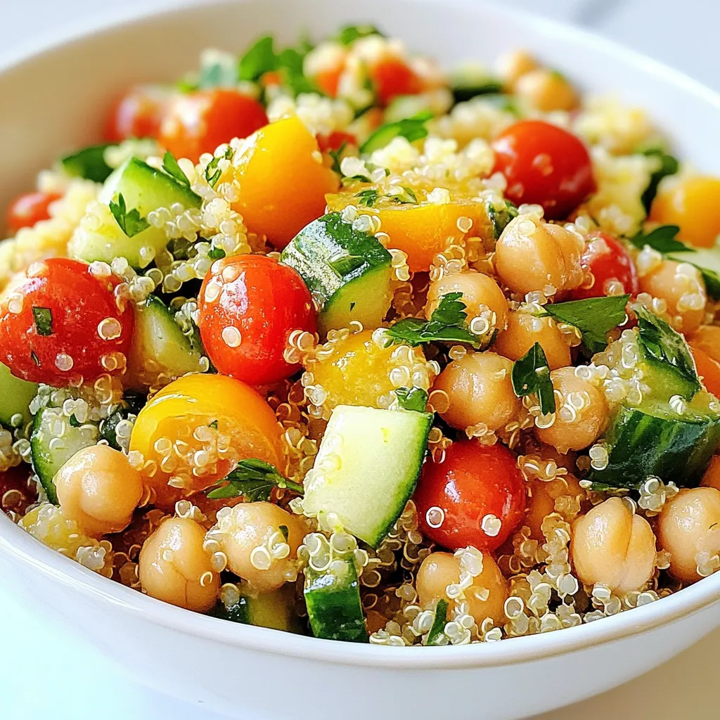 To make the Zesty Citrus Herb Quinoa Salad, gather these fresh ingredients: - 1 cup quinoa (rinsed) - 1 orange, zested and juiced - 1 lemon, zested and juiced - 1 lime, zested and juiced - 1 cup cherry tomatoes, halved - 1 cucumber, diced - 1 cup chickpeas, drained and rinsed - 1/4 cup red onion, finely chopped - 1/4 cup fresh parsley, chopped - 1/4 cup fresh mint, chopped - 3 tablespoons olive oil - Salt and pepper to taste Each ingredient brings its own zest and texture. The quinoa serves as a base, while the citrus fruits add bright flavors. The veggies provide crunch and color. Chickpeas add protein, making this salad filling. Fresh herbs give it a fragrant touch. The dressing, made with olive oil and citrus juice, ties it all together. Using fresh, high-quality ingredients makes a big difference. I always recommend sourcing local produce when possible. It enhances the flavor and supports local farmers. Enjoy this refreshing salad any time of year! {{ingredient_image_1}} To cook quinoa, start with a medium saucepan. Add 1 cup of rinsed quinoa and 2 cups of vegetable broth or water. Bring the mixture to a boil. Once boiling, reduce the heat to low. Cover the pot and let it simmer for about 15 minutes. The quinoa will absorb all the liquid and become fluffy. After that, remove it from heat and let it cool. For fluffiness, make sure to rinse the quinoa before cooking. This helps remove the bitter coating. After cooking, let it rest for a few minutes. Then, fluff it with a fork. This keeps it light and airy. Next, we make the zesty dressing. In a large mixing bowl, combine the juice and zests from 1 orange, 1 lemon, and 1 lime. This will give the dressing a bright flavor. Whisk in 3 tablespoons of olive oil until everything blends well. The oil adds richness to the dressing. Now it’s time to put it all together. Add the cooled quinoa to the bowl with the citrus dressing. Mix gently until the quinoa is well coated with the dressing. Then, stir in the vibrant vegetables: 1 cup of halved cherry tomatoes, 1 diced cucumber, and 1 cup of drained chickpeas. Also, add 1/4 cup of finely chopped red onion, 1/4 cup of fresh parsley, and 1/4 cup of fresh mint. Toss everything together gently. Finally, season the salad with salt and pepper to taste. Mix once more and let it sit for at least 15 minutes. This resting time helps the flavors blend beautifully. Serve it chilled or at room temperature for a refreshing dish. To make this salad shine, you need fresh ingredients. I find local farmers' markets to be the best spots for produce. You get to pick ripe fruits and crisp veggies. If you can't find fresh herbs, dried herbs can work in a pinch. Just use less, as dried herbs are stronger. Want to boost the taste? Add extra citrus zest from any of the fruits. It gives a bright kick! You can also mix in other herbs like basil or cilantro. They can add a unique twist. If you enjoy a bit of spice, try a dash of cayenne or chili flakes. When serving, think about how to make the dish pop. You can garnish with more fresh herbs on top. This adds color and flavor. For a fun twist, serve in mason jars or clear bowls. It makes the layers visible and looks lovely on the table. Pro Tips Rinse Your Quinoa: Always rinse quinoa under cold water before cooking to remove its natural coating, called saponin, which can taste bitter. Let It Cool: Allow the quinoa to cool completely before mixing it with the dressing and vegetables to prevent wilting and to enhance flavor absorption. Fresh Herbs Only: Use fresh herbs for the best flavor; dried herbs won’t provide the same vibrant taste and aroma in this salad. Make It Ahead: This salad can be made a day in advance. The flavors will meld beautifully, making it even tastier the next day. {{image_2}} You can easily add protein to your Zesty Citrus Herb Quinoa Salad. Grilled chicken or shrimp works well. Simply cook them on the grill until golden. Then, slice or toss them into the salad. This adds a nice crunch and flavor. If you want a vegetarian option, try adding chickpeas. They are already in the recipe, but you can add more. Black beans or lentils also work great. These options keep the salad filling and tasty. If you need gluten-free options, quinoa is perfect. It is naturally gluten-free. You can also swap chickpeas for other beans. Try black beans or kidney beans for a new twist. Seasonal vegetables can spice things up. In summer, use fresh corn or bell peppers. In fall, add roasted butternut squash. These swaps keep your salad fresh and exciting all year round. You can change the dressing for different flavors. Try using avocado oil instead of olive oil. For a tangy taste, use balsamic vinegar instead of citrus juice. These swaps create new flavor profiles. Store-bought dressings are quick and easy. Look for light vinaigrettes or citrus dressings. They can save time while still enhancing your salad. Just be mindful of the ingredients to keep it healthy. To keep your Zesty Citrus Herb Quinoa Salad fresh, store it in the fridge. Place it in an airtight container. This prevents odors from other foods from affecting your salad. The salad lasts about 3 to 5 days when stored properly. You can freeze quinoa salad, though I recommend it with caution. Freezing can change the texture of some ingredients. If you freeze it, pack it in a freezer-safe container. It will stay good for about a month. To thaw, place it in the fridge overnight. This helps maintain flavors and textures. When serving leftovers, I find that a quick microwave is best. Heat in short bursts, stirring in between. This keeps the quinoa fluffy and the vegetables crisp. You can also serve it cold or at room temperature for a refreshing taste. Quinoa is a tiny grain packed with protein. It is gluten-free and rich in fiber. To cook quinoa, rinse it first to remove bitterness. Then, use a medium saucepan to boil it with vegetable broth or water. Boil for a few minutes, then lower the heat. Cover and simmer for about 15 minutes. When done, it will be fluffy and the liquid will be gone. Nutritional benefits of quinoa Quinoa is a superfood. It contains all nine essential amino acids. This makes it a great choice for plant-based diets. It also has iron, magnesium, and antioxidants. Eating quinoa can help keep you full and give you energy. Yes, you can make this salad in advance. It tastes even better after the flavors mix. To prepare it ahead, cook the quinoa and let it cool. Then, mix the salad and store it in the fridge. Tips for meal prep - Make the quinoa a day before. - Prepare the dressing and store it separately. - Combine everything just before serving. This keeps the veggies fresh. To make the salad more filling, add extra protein. You can toss in grilled chicken or shrimp. If you want a plant-based option, add more chickpeas or black beans. Suggestions for additional ingredients - Avocado for creaminess. - Feta cheese for a salty kick. - Nuts or seeds for crunch. - Roasted vegetables for added flavor. Feel free to experiment and find what you love! This recipe gives you a tasty and healthy quinoa salad. We covered key ingredients, step-by-step instructions, and tips to make it shine. Remember, you can add proteins, swap ingredients, or try new dressings. Storage tips help keep your salad fresh, while the FAQs answer common questions. Now, you can enjoy a vibrant salad that suits your taste. Get creative and make it your own!