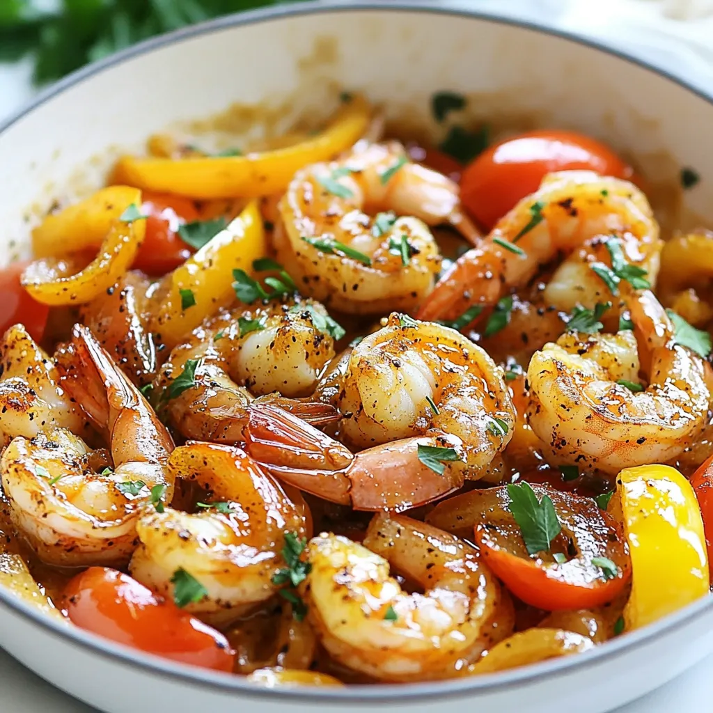 For this Spicy Cajun Shrimp Skillet, you will need: - 1 lb large shrimp, peeled and deveined - 2 tablespoons Cajun seasoning - 1 tablespoon olive oil - 1 bell pepper (red or yellow), sliced - 1 small onion, chopped - 3 cloves garlic, minced - 1 cup cherry tomatoes, halved - 1 tablespoon lemon juice - Salt and pepper to taste - Fresh parsley, chopped for garnish Each ingredient plays a key role in the dish. The shrimp brings protein and a sweet flavor. The Cajun seasoning adds heat and depth, making it bold. Olive oil helps in cooking and adds richness. Bell peppers and onions bring crunch and color. Garlic gives a nice aroma. Cherry tomatoes add juiciness. Lemon juice brightens the dish and balances the spice. Using fresh ingredients is vital. Fresh shrimp makes the dish taste better. It has a sweet, clean flavor that frozen shrimp lacks. Fresh vegetables like bell peppers and onions add crispness and color. They also bring more nutrients. When you use fresh garlic, you get a strong aroma that enhances the dish. Always choose the best ingredients for the best taste. Cajun seasoning is key to this recipe. It usually has paprika, cayenne, garlic powder, and onion powder. Each spice brings something special. Paprika gives color and a mild flavor. Cayenne adds heat, so you can adjust how spicy you want it. Garlic and onion powder add depth. If you want a kick, adjust the cayenne level. You can also make your own mix at home! Just combine these spices to fit your taste. {{ingredient_image_1}} Start by gathering all your ingredients. You will need: - 1 lb large shrimp, peeled and deveined - 2 tablespoons Cajun seasoning - 1 tablespoon olive oil - 1 bell pepper (red or yellow), sliced - 1 small onion, chopped - 3 cloves garlic, minced - 1 cup cherry tomatoes, halved - 1 tablespoon lemon juice - Salt and pepper to taste - Fresh parsley, chopped for garnish In a medium bowl, toss the shrimp with Cajun seasoning. Make sure each shrimp is coated well. This step really adds the flavor you want. Heat olive oil in a large skillet over medium-high heat. Once the oil is hot, add the shrimp in a single layer. Cook them for about 2-3 minutes until they start to turn pink. Flipping the shrimp helps them cook evenly. After that, add the chopped onion and sliced bell pepper to the skillet. Sauté everything for another 3-4 minutes. You want the veggies to soften and become bright. Next, add the minced garlic and halved cherry tomatoes. Cook for another 2-3 minutes. Stir often until the garlic smells great and the tomatoes soften. Finally, drizzle lemon juice over the shrimp and veggies. Season with salt and pepper to taste. This adds a bright kick to the dish. To get the best shrimp, choose fresh or thawed shrimp. They should smell like the sea, not fishy. When cooking, don’t overcrowd the skillet. This helps the shrimp cook evenly and brown nicely. Always watch the time. Overcooked shrimp can become rubbery. They are done when they turn pink and curl slightly. Garnish with fresh parsley to add a pop of color and flavor before serving. Enjoy your Spicy Cajun Shrimp Skillet! To cook shrimp well, keep a few things in mind. First, always use fresh shrimp for the best taste. You want them peeled and deveined. This makes them easier to eat. Heat your skillet until it's hot before adding the oil. This helps the shrimp sear nicely. Cook shrimp in a single layer. This way, they cook evenly. Flip them only once to avoid overcooking. Shrimp cook fast, usually in just 2-3 minutes per side. Cajun seasoning adds a nice kick. If you prefer less heat, use less seasoning. Start with one tablespoon instead of two. You can always add more later if you want. Another tip is to add dairy. A splash of cream or a dollop of sour cream can tone down the spice. Adding more veggies like bell peppers will also help. They add sweetness and balance the heat. You can swap ingredients based on what you have. If you don't have shrimp, chicken works great too. For a vegetarian option, try chickpeas. Instead of Cajun seasoning, you can use Old Bay or Italian herbs. If cherry tomatoes are not available, diced regular tomatoes will do. You can also use lime juice instead of lemon juice for a different twist. Just remember to keep the main flavors in balance. Pro Tips Perfectly Seasoned Shrimp: Make sure to let the shrimp marinate in the Cajun seasoning for at least 15 minutes before cooking to enhance the flavor. Vegetable Variations: Feel free to mix and match with other vegetables like zucchini or asparagus for added texture and flavor. Fresh Herbs: Using fresh parsley for garnish not only adds a pop of color but also enhances the dish's freshness. Consider other herbs like cilantro for a different twist! Serving Suggestions: Serve the spicy Cajun shrimp over rice, quinoa, or with crusty bread to soak up all the delicious juices. {{image_2}} To make a creamy version, add heavy cream or cream cheese. Start by cooking the shrimp as usual. Once you add the garlic and tomatoes, pour in about half a cup of heavy cream. Stir well to mix. This makes a rich sauce that coats the shrimp and veggies. Serve this over rice or with crusty bread to soak up the sauce. For a hearty meal, toss the shrimp with pasta. Cook your favorite pasta while you prepare the shrimp. Once the shrimp is done, mix it with the pasta. You can add a bit of pasta water to create a light sauce. This dish is great for a quick dinner. Top it with fresh herbs for a burst of flavor. You can easily mix in more vegetables. Try adding zucchini, spinach, or even corn. Add these veggies with the bell pepper and onion. They will add color and nutrition to your dish. The extra veggies will also soak up the Cajun flavors, making each bite even better. After enjoying your Spicy Cajun Shrimp Skillet, let it cool down. Then, place the leftovers in an airtight container. This helps keep the flavor fresh. Store it in the fridge for up to 3 days. If you want to keep it longer, you can freeze it. To reheat, take the shrimp out of the fridge. You can use a skillet or microwave. If using a skillet, heat it on medium. Add a splash of water or olive oil to avoid drying out. Heat until warm, about 5 minutes. If using a microwave, cover it and heat for 1-2 minutes. Stir halfway to ensure even warming. For freezing, make sure the dish is cool. Place it in a freezer-safe container. It can last up to 3 months in the freezer. To thaw, move it to the fridge overnight. For quick thawing, use the microwave's defrost setting. Once thawed, reheat as mentioned above. Enjoy your meal again! You can serve Spicy Cajun Shrimp Skillet with rice or pasta. These sides soak up the tasty sauce. Crusty bread also works well; it’s great for dipping. A fresh salad adds a nice crunch and balance. Consider coleslaw or a simple green salad. You can also enjoy it with corn on the cob for extra flavor. Yes, you can use frozen shrimp. Just make sure to thaw them first. Place them in the fridge overnight or run them under cold water. This helps the shrimp cook evenly. Avoid using shrimp that are still frozen when you start cooking. It may lead to uneven cooking and texture. Shrimp cook quickly and change color as they cook. They turn from gray to pinkish and opaque. Check the shape too; they should curl into a "C" shape. If they curl tightly into an "O," they may be overcooked. Cooking shrimp takes about 5-7 minutes total, depending on their size. In this blog post, we explored the key ingredients and the importance of freshness. You learned about the Cajun seasoning that brings the dish to life. We shared step-by-step instructions for perfect shrimp, along with tips to adjust spice levels. You can enjoy variations like creamy Cajun shrimp or shrimp with pasta. Finally, we discussed how to store and reheat leftovers to keep them tasty. Remember, using fresh ingredients and following these tips will elevate your cooking. Enjoy creating delicious meals with confidence!