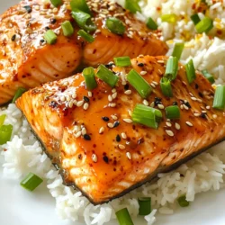 To make sweet chili garlic salmon, you'll need a few simple ingredients that bring bold flavors to your dish. Here’s what you will need: - 4 salmon fillets - 1/4 cup sweet chili sauce - 3 cloves garlic, minced - 2 tablespoons honey - 1 tablespoon soy sauce (low sodium) - 2 tablespoons olive oil - 1 tablespoon fresh ginger, grated - 1 tablespoon lime juice - Salt and pepper to taste - Chopped green onions for garnish - Sesame seeds for garnish Each ingredient plays an important role. The salmon is the star of the dish. The sweet chili sauce adds a delightful sweetness and heat. Garlic and ginger bring fresh and vibrant flavors. Honey balances the heat with its sweetness. Soy sauce adds depth, while lime juice brightens everything up. Olive oil keeps the salmon moist. Seasoning enhances the overall taste. For garnish, I recommend chopped green onions and sesame seeds. They not only add color but also a nice crunch. These ingredients make the dish visually appealing and tasty. You will love how they complement the flavors in your meal. {{ingredient_image_1}} First, gather your ingredients for the marinade. In a medium bowl, whisk together: - 1/4 cup sweet chili sauce - 3 cloves garlic, minced - 2 tablespoons honey - 1 tablespoon low sodium soy sauce - 2 tablespoons olive oil - 1 tablespoon fresh ginger, grated - 1 tablespoon lime juice Mix these well to blend the flavors. Marinating is key here. The longer you marinate, the more flavor the salmon absorbs. Aim for at least 30 minutes, but an hour is best. Next, place the salmon fillets in a resealable bag or a shallow dish. Pour the marinade over the salmon, making sure it coats each piece well. Seal the bag or cover the dish. This step allows the fish to soak up all that tasty goodness. Now, preheat your oven to 400°F (200°C). While it heats, line a baking sheet with parchment paper. This helps prevent sticking. After marinating, remove the salmon from the marinade. Set the fillets skin-side down on the prepared sheet. Season with salt and pepper. Drizzle olive oil over each fillet. Bake for 12-15 minutes. Check for doneness by seeing if the salmon flakes easily with a fork. It should be cooked through but still moist. While the salmon bakes, take the reserved marinade and bring it to a boil in a small saucepan over medium heat. Reduce the heat and let it simmer for about 5 minutes. This thickens the glaze. Once the salmon is out of the oven, brush the thickened marinade over the fillets. This adds a beautiful finish and extra flavor. Garnish with chopped green onions and sesame seeds for a stunning look. To ensure your salmon is flaky and moist, start with fresh fillets. Look for salmon with bright color and firm texture. When cooking, do not overbake it. The salmon is done when it flakes easily with a fork. A good rule is to bake it for 12-15 minutes at 400°F. You can check doneness with a fork; it should come apart easily. For seasoning, a simple sprinkle of salt and pepper works great. The marinade adds flavor, so don't skip it. Always remember to season the skin side too. This gives extra taste and helps it crisp up nicely. Want to boost your salmon's taste? Try adding sliced bell peppers or carrots to the baking sheet. They roast nicely and add color. You can also sprinkle sesame seeds over the salmon before baking for extra crunch. Fresh ginger and garlic are key in this dish. They bring a vibrant taste that makes the salmon shine. Use a microplane to grate the ginger finely. This helps release its flavor. For garlic, minced works best. Fresh ingredients always make a difference in your dish. For a stunning plate, serve the salmon on jasmine rice or quinoa. This not only looks good but also adds a nice base. Drizzle the thickened marinade over the top for shine. Garnishing is important for visual appeal. Use chopped green onions and sesame seeds for a pop of color. Add lime wedges on the side for a fresh touch. A well-plated dish makes the meal feel special and inviting. Pro Tips Marinate for Maximum Flavor: The longer you marinate the salmon, the more flavorful it will be. Aim for at least 1 hour, but you can marinate it overnight for an even bolder taste. Use Fresh Ingredients: Fresh garlic, ginger, and lime juice will elevate the dish significantly. Avoid substitutes to ensure the best flavor profile. Check for Doneness: Salmon is perfectly cooked when it flakes easily with a fork and has an internal temperature of 145°F (63°C). Keep an eye on it to prevent overcooking. Serving Suggestions: Pair the salmon with steamed vegetables or a fresh salad to balance the dish. Jasmine rice or quinoa complements the flavors beautifully. {{image_2}} You can cook sweet chili garlic salmon in different ways. Grilling is one tasty option. Just preheat your grill to medium heat. Brush the grill with a bit of oil to prevent sticking. Place the marinated salmon fillets on the grill. Cook for about 4-5 minutes on each side. This gives you a nice smoky flavor. Another method is pan-searing. Heat a non-stick skillet over medium-high heat. Add olive oil to the pan. Once hot, place the salmon skin-side down. Cook for about 4-6 minutes, then flip. This method gives you a crispy skin and juicy inside. Want to spice things up? Add chili flakes to the marinade for a kick. Start with a pinch and adjust to your taste. This will give your salmon a bit of heat. If you prefer something sweeter, try using maple syrup instead of honey. It adds a unique flavor that pairs well with salmon. You can also mix in some orange juice for a citrusy twist. You don’t have to stick to salmon. Other fish like trout or cod work well too. They soak up the marinade flavor nicely. If you're looking for a vegan option, try using tofu. Press it to remove moisture and cut it into fillets. Marinade as you would with salmon. This gives you a tasty, plant-based meal. To keep your sweet chili garlic salmon fresh, place the leftovers in the fridge. Use airtight containers to prevent air from drying out the salmon. If you do not have airtight containers, wrap the salmon tightly in plastic wrap. Make sure to eat the leftovers within three days for the best taste. When you reheat salmon, you want it to stay moist. The best way is to use the oven. Preheat it to 275°F (135°C). Place the salmon on a baking sheet and cover it with foil. Heat for about 15 minutes. You can also use a microwave. Heat on low power for 1-2 minutes. Check to ensure it does not dry out. If you want to freeze cooked salmon, first cool it completely. Wrap each fillet tightly in plastic wrap, then place it in a freezer bag. Remove as much air as possible before sealing. This method helps keep the salmon tasty. When you want to eat it, thaw the salmon in the fridge overnight. Avoid thawing at room temperature to keep it safe. You should bake salmon for 12-15 minutes at 400°F. This time helps the fish cook through. When done, the salmon should flake easily with a fork. This ensures that it is moist and tender. Yes, you can use frozen salmon. Make sure to thaw it first. Thawing helps the marinade soak in better. If you use frozen salmon, marinate it for about one hour. This will enhance the flavor. I recommend serving this salmon with jasmine rice or quinoa. Both pair well with the sweet and spicy flavors. You can also add steamed veggies or a fresh salad. These sides balance the meal nicely. Yes, you can prep the salmon ahead. Marinate it the night before and store it in the fridge. This saves time for busy days. When ready, simply bake it as directed. Sweet chili garlic salmon is healthy! Salmon is rich in omega-3 fatty acids. These fats are good for your heart. The marinade includes garlic and ginger, which add flavor and health benefits too. This blog post shows you how to make sweet chili garlic salmon. We discussed the key ingredients and step-by-step instructions for marinating and baking. Tips on achieving flaky salmon helped enhance flavors and presentation. In the end, feel free to modify ingredients and try different cooking methods. Whether grilling or pan-searing, salmon can be healthy and delicious. Enjoy your flavorful journey with this tasty recipe!