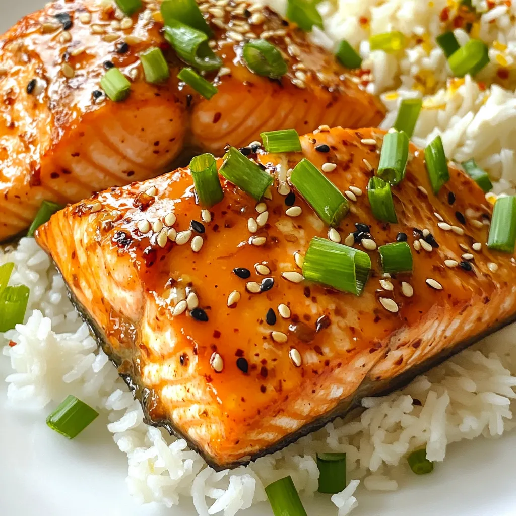 To make sweet chili garlic salmon, you'll need a few simple ingredients that bring bold flavors to your dish. Here’s what you will need: - 4 salmon fillets - 1/4 cup sweet chili sauce - 3 cloves garlic, minced - 2 tablespoons honey - 1 tablespoon soy sauce (low sodium) - 2 tablespoons olive oil - 1 tablespoon fresh ginger, grated - 1 tablespoon lime juice - Salt and pepper to taste - Chopped green onions for garnish - Sesame seeds for garnish Each ingredient plays an important role. The salmon is the star of the dish. The sweet chili sauce adds a delightful sweetness and heat. Garlic and ginger bring fresh and vibrant flavors. Honey balances the heat with its sweetness. Soy sauce adds depth, while lime juice brightens everything up. Olive oil keeps the salmon moist. Seasoning enhances the overall taste. For garnish, I recommend chopped green onions and sesame seeds. They not only add color but also a nice crunch. These ingredients make the dish visually appealing and tasty. You will love how they complement the flavors in your meal. {{ingredient_image_1}} First, gather your ingredients for the marinade. In a medium bowl, whisk together: - 1/4 cup sweet chili sauce - 3 cloves garlic, minced - 2 tablespoons honey - 1 tablespoon low sodium soy sauce - 2 tablespoons olive oil - 1 tablespoon fresh ginger, grated - 1 tablespoon lime juice Mix these well to blend the flavors. Marinating is key here. The longer you marinate, the more flavor the salmon absorbs. Aim for at least 30 minutes, but an hour is best. Next, place the salmon fillets in a resealable bag or a shallow dish. Pour the marinade over the salmon, making sure it coats each piece well. Seal the bag or cover the dish. This step allows the fish to soak up all that tasty goodness. Now, preheat your oven to 400°F (200°C). While it heats, line a baking sheet with parchment paper. This helps prevent sticking. After marinating, remove the salmon from the marinade. Set the fillets skin-side down on the prepared sheet. Season with salt and pepper. Drizzle olive oil over each fillet. Bake for 12-15 minutes. Check for doneness by seeing if the salmon flakes easily with a fork. It should be cooked through but still moist. While the salmon bakes, take the reserved marinade and bring it to a boil in a small saucepan over medium heat. Reduce the heat and let it simmer for about 5 minutes. This thickens the glaze. Once the salmon is out of the oven, brush the thickened marinade over the fillets. This adds a beautiful finish and extra flavor. Garnish with chopped green onions and sesame seeds for a stunning look. To ensure your salmon is flaky and moist, start with fresh fillets. Look for salmon with bright color and firm texture. When cooking, do not overbake it. The salmon is done when it flakes easily with a fork. A good rule is to bake it for 12-15 minutes at 400°F. You can check doneness with a fork; it should come apart easily. For seasoning, a simple sprinkle of salt and pepper works great. The marinade adds flavor, so don't skip it. Always remember to season the skin side too. This gives extra taste and helps it crisp up nicely. Want to boost your salmon's taste? Try adding sliced bell peppers or carrots to the baking sheet. They roast nicely and add color. You can also sprinkle sesame seeds over the salmon before baking for extra crunch. Fresh ginger and garlic are key in this dish. They bring a vibrant taste that makes the salmon shine. Use a microplane to grate the ginger finely. This helps release its flavor. For garlic, minced works best. Fresh ingredients always make a difference in your dish. For a stunning plate, serve the salmon on jasmine rice or quinoa. This not only looks good but also adds a nice base. Drizzle the thickened marinade over the top for shine. Garnishing is important for visual appeal. Use chopped green onions and sesame seeds for a pop of color. Add lime wedges on the side for a fresh touch. A well-plated dish makes the meal feel special and inviting. Pro Tips Marinate for Maximum Flavor: The longer you marinate the salmon, the more flavorful it will be. Aim for at least 1 hour, but you can marinate it overnight for an even bolder taste. Use Fresh Ingredients: Fresh garlic, ginger, and lime juice will elevate the dish significantly. Avoid substitutes to ensure the best flavor profile. Check for Doneness: Salmon is perfectly cooked when it flakes easily with a fork and has an internal temperature of 145°F (63°C). Keep an eye on it to prevent overcooking. Serving Suggestions: Pair the salmon with steamed vegetables or a fresh salad to balance the dish. Jasmine rice or quinoa complements the flavors beautifully. {{image_2}} You can cook sweet chili garlic salmon in different ways. Grilling is one tasty option. Just preheat your grill to medium heat. Brush the grill with a bit of oil to prevent sticking. Place the marinated salmon fillets on the grill. Cook for about 4-5 minutes on each side. This gives you a nice smoky flavor. Another method is pan-searing. Heat a non-stick skillet over medium-high heat. Add olive oil to the pan. Once hot, place the salmon skin-side down. Cook for about 4-6 minutes, then flip. This method gives you a crispy skin and juicy inside. Want to spice things up? Add chili flakes to the marinade for a kick. Start with a pinch and adjust to your taste. This will give your salmon a bit of heat. If you prefer something sweeter, try using maple syrup instead of honey. It adds a unique flavor that pairs well with salmon. You can also mix in some orange juice for a citrusy twist. You don’t have to stick to salmon. Other fish like trout or cod work well too. They soak up the marinade flavor nicely. If you're looking for a vegan option, try using tofu. Press it to remove moisture and cut it into fillets. Marinade as you would with salmon. This gives you a tasty, plant-based meal. To keep your sweet chili garlic salmon fresh, place the leftovers in the fridge. Use airtight containers to prevent air from drying out the salmon. If you do not have airtight containers, wrap the salmon tightly in plastic wrap. Make sure to eat the leftovers within three days for the best taste. When you reheat salmon, you want it to stay moist. The best way is to use the oven. Preheat it to 275°F (135°C). Place the salmon on a baking sheet and cover it with foil. Heat for about 15 minutes. You can also use a microwave. Heat on low power for 1-2 minutes. Check to ensure it does not dry out. If you want to freeze cooked salmon, first cool it completely. Wrap each fillet tightly in plastic wrap, then place it in a freezer bag. Remove as much air as possible before sealing. This method helps keep the salmon tasty. When you want to eat it, thaw the salmon in the fridge overnight. Avoid thawing at room temperature to keep it safe. You should bake salmon for 12-15 minutes at 400°F. This time helps the fish cook through. When done, the salmon should flake easily with a fork. This ensures that it is moist and tender. Yes, you can use frozen salmon. Make sure to thaw it first. Thawing helps the marinade soak in better. If you use frozen salmon, marinate it for about one hour. This will enhance the flavor. I recommend serving this salmon with jasmine rice or quinoa. Both pair well with the sweet and spicy flavors. You can also add steamed veggies or a fresh salad. These sides balance the meal nicely. Yes, you can prep the salmon ahead. Marinate it the night before and store it in the fridge. This saves time for busy days. When ready, simply bake it as directed. Sweet chili garlic salmon is healthy! Salmon is rich in omega-3 fatty acids. These fats are good for your heart. The marinade includes garlic and ginger, which add flavor and health benefits too. This blog post shows you how to make sweet chili garlic salmon. We discussed the key ingredients and step-by-step instructions for marinating and baking. Tips on achieving flaky salmon helped enhance flavors and presentation. In the end, feel free to modify ingredients and try different cooking methods. Whether grilling or pan-searing, salmon can be healthy and delicious. Enjoy your flavorful journey with this tasty recipe!
