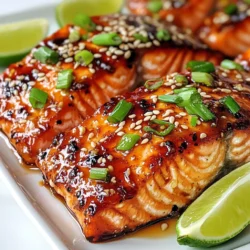 To make Honey Garlic Sesame Salmon, you will need a few key ingredients. Here’s what you’ll need: - 4 salmon fillets (6 oz each) - 1/4 cup honey - 3 tablespoons soy sauce - 2 tablespoons sesame oil - 4 cloves garlic, minced - 1 tablespoon fresh ginger, grated - 2 tablespoons sesame seeds - 2 green onions, thinly sliced - Salt and pepper to taste - Lime wedges for serving These ingredients blend well to create a sweet and savory dish. The honey and soy sauce give the salmon a delightful glaze. Garlic and ginger add depth. The sesame oil and seeds bring a nutty flavor. Finally, the lime adds a fresh zing when you serve it. With these ingredients, you can enjoy a tasty meal that’s easy to prepare. This recipe makes enough for four servings, perfect for family dinners or gatherings. {{ingredient_image_1}} 1. In a medium bowl, whisk together the honey, soy sauce, sesame oil, minced garlic, and grated ginger. Mix until well combined. This gives the salmon a sweet and savory flavor. 2. Season the salmon fillets with salt and pepper on both sides. This step adds a nice base flavor to the fish. 3. Place the salmon fillets in a shallow dish or zip-top bag. Pour half of the honey garlic marinade over the salmon. Make sure each piece is well coated. Cover the dish or seal the bag and marinate for at least 30 minutes. For the best flavor, marinate for up to 2 hours. 1. Preheat your oven to 400°F (200°C). Line a baking sheet with parchment paper. This helps the salmon cook evenly and makes cleanup easy. 2. Remove the salmon from the marinade and place the fillets on the prepared baking sheet. Drizzle a bit of the remaining marinade over the top. 3. Sprinkle sesame seeds on each fillet. This adds a nice crunch and flavor. 4. Bake the salmon in the preheated oven for about 12-15 minutes. Cook until the fish is done and flakes easily with a fork. 5. Once done, take the salmon out of the oven and garnish with sliced green onions. 6. Serve the salmon with lime wedges on the side. Squeezing fresh lime juice over the salmon adds a bright, zesty taste. To get the best flavor, marinate the salmon for at least 30 minutes. If you have time, aim for 2 hours. This gives the salmon time to soak up the honey, garlic, and ginger. You can also change the flavors. Try adding a splash of rice vinegar for tang or some red pepper flakes for heat. Each twist can make this dish your own. The best methods for cooking salmon include baking, grilling, or pan-searing. For this recipe, we bake the salmon. Preheat your oven to 400°F (200°C) to ensure even cooking. To check for doneness, use a fork. The salmon should flake easily when done. Aim for an internal temperature of 145°F (63°C). This tells you it’s safe to eat and still juicy. Enjoy your flavorful Honey Garlic Sesame Salmon! Pro Tips Marination Time: For the best flavor, marinate the salmon for at least 1 hour. If time allows, leaving it for 2 hours will enhance the taste even more. Check for Doneness: Salmon is perfectly cooked when it flakes easily with a fork and has an internal temperature of 145°F (63°C). Use a food thermometer for accuracy. Fresh Ingredients: Use fresh garlic and ginger for the marinade to achieve a vibrant flavor. Dried alternatives may not deliver the same impact. Serving Suggestions: Pair with steamed rice or quinoa and sautéed greens for a balanced meal. Adding a sprinkle of extra sesame seeds enhances the visual appeal. {{image_2}} You can switch out salmon for other fish like tilapia or trout. These fish work well with the honey garlic sauce. They will soak up the flavors and still taste great. You can also use shrimp if you want a fun twist. If you want a different flavor, try using teriyaki sauce instead of the soy sauce. You can add some red pepper flakes for heat. If garlic is not your thing, swap it with shallots. Pair your Honey Garlic Sesame Salmon with steamed rice or quinoa. These sides soak up the tasty sauce. You could also serve it with sautéed greens like spinach or bok choy. For a fun way to present your dish, place the salmon on a large platter. Garnish it with extra sesame seeds and sliced green onions. Add lime wedges for a pop of color. This makes the dish look fresh and inviting. To keep your honey garlic sesame salmon fresh, store it properly. Place the leftovers in an airtight container. This helps lock in moisture and flavor. You can store it in the fridge for up to three days. If you want to keep it longer, freezing is a great option. Wrap each fillet tightly in plastic wrap. Then, place them in a freezer-safe bag. Make sure to remove as much air as possible. This way, the salmon can last up to three months in the freezer. When you’re ready to enjoy your leftovers, reheating them properly is key. The best method is to use the oven. Preheat it to 300°F (150°C). Place the salmon on a baking sheet and cover it with foil. Heat for about 10 minutes or until warmed through. This method keeps the salmon moist and tasty. You can also use the microwave if you're in a rush. Place the salmon on a microwave-safe plate and cover it with a damp paper towel. Heat it in short bursts of 30 seconds to avoid drying it out. For the best flavor, always try to reheat gently. For this Honey Garlic Sesame Salmon, I recommend using fresh, wild-caught salmon. Varieties like Sockeye or King salmon are excellent choices. They have rich flavors and nice fat content. You can also use farmed salmon, but it may be less flavorful. If you prefer a leaner fish, try Atlantic salmon. Always look for fillets that are bright in color and smell fresh. Yes, you can use low-sodium soy sauce. It will keep the dish balanced and not too salty. Just remember that it may also change the flavor a bit. If you use low-sodium soy sauce, taste the marinade before adding more salt. Adjust as needed so you get the best flavor. You can pair this salmon with many sides. Steamed rice or quinoa are great options. They soak up the yummy sauce. Sautéed greens like spinach or bok choy add color and nutrition. For a crunchy side, try a fresh salad with lime vinaigrette. Serve everything on a large platter for a beautiful meal. This blog post covered delicious salmon cooking, from marinating with honey and soy sauce to baking tips. We discussed ways to perfect your marinade, explore cooking methods, and serve your dish creatively. Remember, salmon is versatile. You can substitute different fish or adjust flavors easily. Store leftovers properly for future meals. With these insights, you can make a tasty salmon dish anytime. Enjoy cooking and sharing your creations!