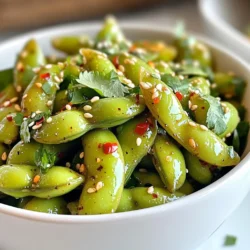 - Edamame pods - Garlic - Olive oil - Soy sauce - Red pepper flakes - Sesame oil - Sesame seeds - Fresh cilantro - Salt Adjusting spice levels: You can change the amount of red pepper flakes. Start small if you prefer less heat. You can always add more later. Alternative oils: If you don’t have olive oil, try using avocado oil. It has a mild taste and works well. Fresh vs. dried ingredients: Fresh garlic gives a stronger flavor than dried garlic. Use fresh garlic for the best taste in this recipe. {{ingredient_image_1}} First, fill a pot with water and add a pinch of salt. Bring it to a boil. Next, add 2 cups of edamame pods to the boiling water. Boil them for about 5 minutes. This makes them tender but still firm. You want them to have a nice bite. After 5 minutes, drain the edamame in a colander. Set them aside while you prepare the garlic. In a large skillet, pour in 1 tablespoon of olive oil. Heat it over medium heat. Once the oil is warm, add 4 minced garlic cloves. Sauté the garlic for about 1 minute. Watch closely so it becomes fragrant but does not brown. Burnt garlic can taste bitter, and we want sweet and savory flavors. Now it’s time to add some spice! Stir in 1 teaspoon of red pepper flakes and 1 teaspoon of sesame oil. Cook this mixture for another 30 seconds. This helps to bring out their flavors. Next, add the drained edamame to the skillet. Toss them gently to coat with the garlic and spices. Pour in 1 tablespoon of soy sauce and stir well. Cook for an additional 2 minutes. This heats the edamame and allows all the flavors to blend. Now, your spicy garlic edamame is ready to serve! To enhance the garlic taste in your Spicy Garlic Edamame, use fresh garlic. Fresh garlic has a strong and bold flavor. Mince it finely to release maximum aroma. You can also add a bit more garlic if you love that rich taste. Adjusting the heat level is easy. Start with one teaspoon of red pepper flakes. If you want more spice, add extra flakes to your liking. You can also try different peppers, like chili powder, for a unique kick. For freshness, always use fresh edamame pods. If you choose frozen edamame, thaw them before cooking. This keeps the texture tender and the flavor bright. Pair your Spicy Garlic Edamame with rice or noodles for a complete meal. It works well as an appetizer before sushi or Asian dishes. Serve with a side of soy sauce for dipping. For plating, use a vibrant bowl to show off the colors. Scatter sesame seeds on top for a nice crunch. Fresh cilantro adds a bright green touch that looks great. This dish is perfect for parties or casual get-togethers. Serve it during game nights or family dinners. It’s a fun snack that everyone will love! Pro Tips Fresh Ingredients: Use fresh edamame and garlic for the best flavor. Frozen edamame can be used in a pinch, but fresh will always yield better results. Adjust the Heat: Modify the amount of red pepper flakes based on your spice tolerance. Start with less and add more as you taste. Garnishing Tip: For extra flavor, toast the sesame seeds lightly before sprinkling them on top of the dish. This enhances their nutty taste. Serving Suggestion: Serve the edamame as an appetizer or a side dish. They pair well with rice dishes or can be enjoyed on their own as a healthy snack. {{image_2}} You can change the taste of your spicy garlic edamame in simple ways. Adding citrus zest or juice gives a bright flavor. Try lemon or lime for a fresh twist. It adds zing and balances the spice. Incorporating other spices can bring new life to this dish. Smoked paprika adds depth. You can also try cumin or coriander for warmth. Experimenting is fun! For a sweet and savory twist, mix in honey or maple syrup. This balances the heat of the red pepper flakes. It creates a unique flavor that surprises your taste buds. If you need gluten-free options, use tamari instead of soy sauce. It has a similar taste and works well in this recipe. You won’t lose any flavor! For vegan substitutes, ensure your soy sauce is plant-based. All the other ingredients are already vegan. This dish is naturally friendly for plant lovers. If you're watching sodium intake, use low-sodium soy sauce. You can also reduce the added salt. This way, you keep the flavor without the extra sodium. To keep your spicy garlic edamame fresh, store it in a sealed container. Place the container in the fridge. It will stay good for about three days. If you want to save it longer, consider freezing it. To freeze, spread the edamame on a baking sheet. Make sure they are in a single layer. Freeze them for about an hour, then transfer them to a freezer bag. This method helps keep them from sticking together. When you're ready to enjoy your leftovers, reheating is key. You can use a microwave or a skillet. If using the microwave, place the edamame in a bowl. Add a splash of water and cover it. Heat for about one to two minutes, checking often. If you use a skillet, add a little olive oil. Heat it over medium-low heat for three to five minutes, stirring frequently. This helps keep the flavor and texture just right. Edamame are young soybeans harvested before they mature. They often come in pods. This snack is full of protein, fiber, and vitamins. Each serving offers these benefits: - High in protein: Great for muscle growth. - Rich in fiber: Aids digestion and keeps you full. - Packed with vitamins: Vitamins A, C, and K are all present. You can find edamame in several forms: - Fresh pods: Usually sold in the produce section. - Frozen: Common in grocery stores, easy to prepare. - Shelled: Ready to eat, perfect for salads or snacks. Yes, frozen edamame works well for this recipe. Just follow these steps to prepare it: - Thawing instructions: Place the frozen edamame in a bowl of warm water for about 5 minutes. - Cooking time adjustments: If using frozen edamame, boil for 4 minutes instead of 5. Check for tenderness. You can find Spicy Garlic Edamame at many restaurants. Look for Asian or sushi places; they often serve it as a starter. Some popular chains include: - Japanese sushi bars: They frequently have it on their menu. - Asian bistros: Many offer this dish due to its popularity. For grocery options, check: - Local supermarkets: Look in the frozen section for pre-packaged versions. - Health food stores: They may carry fresh or frozen edamame. You can also find recipes online to make your own. In this blog post, I covered how to make Spicy Garlic Edamame. We went over the key ingredients, including edamame, garlic, and spices. You learned step-by-step instructions, from boiling the edamame to sautéing garlic. I shared tips for perfecting flavor and serving suggestions to impress guests. Remember, you can customize this dish with dietary adjustments for anyone's needs. I encourage you to try different variations and enjoy the process. Your edamame creation will surely impress at your next meal.