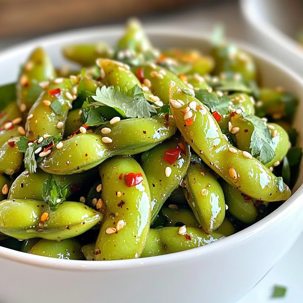 - Edamame pods - Garlic - Olive oil - Soy sauce - Red pepper flakes - Sesame oil - Sesame seeds - Fresh cilantro - Salt Adjusting spice levels: You can change the amount of red pepper flakes. Start small if you prefer less heat. You can always add more later. Alternative oils: If you don’t have olive oil, try using avocado oil. It has a mild taste and works well. Fresh vs. dried ingredients: Fresh garlic gives a stronger flavor than dried garlic. Use fresh garlic for the best taste in this recipe. {{ingredient_image_1}} First, fill a pot with water and add a pinch of salt. Bring it to a boil. Next, add 2 cups of edamame pods to the boiling water. Boil them for about 5 minutes. This makes them tender but still firm. You want them to have a nice bite. After 5 minutes, drain the edamame in a colander. Set them aside while you prepare the garlic. In a large skillet, pour in 1 tablespoon of olive oil. Heat it over medium heat. Once the oil is warm, add 4 minced garlic cloves. Sauté the garlic for about 1 minute. Watch closely so it becomes fragrant but does not brown. Burnt garlic can taste bitter, and we want sweet and savory flavors. Now it’s time to add some spice! Stir in 1 teaspoon of red pepper flakes and 1 teaspoon of sesame oil. Cook this mixture for another 30 seconds. This helps to bring out their flavors. Next, add the drained edamame to the skillet. Toss them gently to coat with the garlic and spices. Pour in 1 tablespoon of soy sauce and stir well. Cook for an additional 2 minutes. This heats the edamame and allows all the flavors to blend. Now, your spicy garlic edamame is ready to serve! To enhance the garlic taste in your Spicy Garlic Edamame, use fresh garlic. Fresh garlic has a strong and bold flavor. Mince it finely to release maximum aroma. You can also add a bit more garlic if you love that rich taste. Adjusting the heat level is easy. Start with one teaspoon of red pepper flakes. If you want more spice, add extra flakes to your liking. You can also try different peppers, like chili powder, for a unique kick. For freshness, always use fresh edamame pods. If you choose frozen edamame, thaw them before cooking. This keeps the texture tender and the flavor bright. Pair your Spicy Garlic Edamame with rice or noodles for a complete meal. It works well as an appetizer before sushi or Asian dishes. Serve with a side of soy sauce for dipping. For plating, use a vibrant bowl to show off the colors. Scatter sesame seeds on top for a nice crunch. Fresh cilantro adds a bright green touch that looks great. This dish is perfect for parties or casual get-togethers. Serve it during game nights or family dinners. It’s a fun snack that everyone will love! Pro Tips Fresh Ingredients: Use fresh edamame and garlic for the best flavor. Frozen edamame can be used in a pinch, but fresh will always yield better results. Adjust the Heat: Modify the amount of red pepper flakes based on your spice tolerance. Start with less and add more as you taste. Garnishing Tip: For extra flavor, toast the sesame seeds lightly before sprinkling them on top of the dish. This enhances their nutty taste. Serving Suggestion: Serve the edamame as an appetizer or a side dish. They pair well with rice dishes or can be enjoyed on their own as a healthy snack. {{image_2}} You can change the taste of your spicy garlic edamame in simple ways. Adding citrus zest or juice gives a bright flavor. Try lemon or lime for a fresh twist. It adds zing and balances the spice. Incorporating other spices can bring new life to this dish. Smoked paprika adds depth. You can also try cumin or coriander for warmth. Experimenting is fun! For a sweet and savory twist, mix in honey or maple syrup. This balances the heat of the red pepper flakes. It creates a unique flavor that surprises your taste buds. If you need gluten-free options, use tamari instead of soy sauce. It has a similar taste and works well in this recipe. You won’t lose any flavor! For vegan substitutes, ensure your soy sauce is plant-based. All the other ingredients are already vegan. This dish is naturally friendly for plant lovers. If you're watching sodium intake, use low-sodium soy sauce. You can also reduce the added salt. This way, you keep the flavor without the extra sodium. To keep your spicy garlic edamame fresh, store it in a sealed container. Place the container in the fridge. It will stay good for about three days. If you want to save it longer, consider freezing it. To freeze, spread the edamame on a baking sheet. Make sure they are in a single layer. Freeze them for about an hour, then transfer them to a freezer bag. This method helps keep them from sticking together. When you're ready to enjoy your leftovers, reheating is key. You can use a microwave or a skillet. If using the microwave, place the edamame in a bowl. Add a splash of water and cover it. Heat for about one to two minutes, checking often. If you use a skillet, add a little olive oil. Heat it over medium-low heat for three to five minutes, stirring frequently. This helps keep the flavor and texture just right. Edamame are young soybeans harvested before they mature. They often come in pods. This snack is full of protein, fiber, and vitamins. Each serving offers these benefits: - High in protein: Great for muscle growth. - Rich in fiber: Aids digestion and keeps you full. - Packed with vitamins: Vitamins A, C, and K are all present. You can find edamame in several forms: - Fresh pods: Usually sold in the produce section. - Frozen: Common in grocery stores, easy to prepare. - Shelled: Ready to eat, perfect for salads or snacks. Yes, frozen edamame works well for this recipe. Just follow these steps to prepare it: - Thawing instructions: Place the frozen edamame in a bowl of warm water for about 5 minutes. - Cooking time adjustments: If using frozen edamame, boil for 4 minutes instead of 5. Check for tenderness. You can find Spicy Garlic Edamame at many restaurants. Look for Asian or sushi places; they often serve it as a starter. Some popular chains include: - Japanese sushi bars: They frequently have it on their menu. - Asian bistros: Many offer this dish due to its popularity. For grocery options, check: - Local supermarkets: Look in the frozen section for pre-packaged versions. - Health food stores: They may carry fresh or frozen edamame. You can also find recipes online to make your own. In this blog post, I covered how to make Spicy Garlic Edamame. We went over the key ingredients, including edamame, garlic, and spices. You learned step-by-step instructions, from boiling the edamame to sautéing garlic. I shared tips for perfecting flavor and serving suggestions to impress guests. Remember, you can customize this dish with dietary adjustments for anyone's needs. I encourage you to try different variations and enjoy the process. Your edamame creation will surely impress at your next meal.
