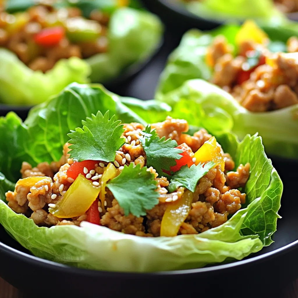 To make savory Asian chicken lettuce cups, gather these fresh and vibrant ingredients: - 1 pound ground chicken - 1 tablespoon sesame oil - 2 cloves garlic, minced - 1 tablespoon fresh ginger, minced - 1 red bell pepper, finely diced - 1 carrot, grated - 3 green onions, chopped - 3 tablespoons soy sauce - 2 tablespoons hoisin sauce - 1 tablespoon rice vinegar - 1 tablespoon sriracha (optional, for heat) - 1 head of butter lettuce (or iceberg lettuce), leaves separated - Sesame seeds for garnish - Fresh cilantro for garnish Each ingredient plays a key role in flavor and texture. The ground chicken gives protein, while the sesame oil adds depth. Garlic and ginger bring warmth and spice. Fresh veggies like bell pepper and carrot add crunch and color. The sauces tie everything together with umami and sweetness. Lettuce provides a crisp cup to hold all the goodness. Finally, sesame seeds and cilantro add a fresh touch. 1. Heat a large skillet over medium heat. Add 1 tablespoon of sesame oil. 2. Mince 2 cloves of garlic and 1 tablespoon of fresh ginger. Add them to the skillet. Sauté for 1-2 minutes. You want the mix to smell great. 3. Increase the heat to medium-high. Add 1 pound of ground chicken. Cook until it's browned. This takes about 5-7 minutes. Break the meat into small pieces with a spatula. 4. Next, add 1 finely diced red bell pepper and 1 grated carrot. Sauté for 3-4 minutes until the veggies soften. 5. Stir in 3 chopped green onions, 3 tablespoons of soy sauce, 2 tablespoons of hoisin sauce, 1 tablespoon of rice vinegar, and 1 tablespoon of sriracha if you like heat. Mix well and cook for 2 more minutes. 1. Remove the skillet from heat and let the mixture cool a bit. 2. Take a head of butter or iceberg lettuce and separate the leaves. 3. Spoon the chicken mix into the center of each lettuce leaf. 4. Garnish with sesame seeds and fresh cilantro before you serve. - Ensuring chicken is browned properly: Use medium-high heat for the skillet. This helps the chicken brown well. Break the chicken into small pieces as it cooks. This ensures even cooking. - Flavor enhancement methods: Adding garlic and ginger at the start brings great flavor. Use fresh ingredients for the best taste. A splash of soy sauce and hoisin sauce adds depth. Don't forget the rice vinegar for some zing! - Tips for prepping ingredients efficiently: Chop all veggies before you start cooking. This saves time and keeps things organized. Use a box grater for carrots to get them ready fast. Keep everything within reach while cooking for smooth prep. - Pairing with sauces or sides: Serve these cups with extra soy sauce or hoisin sauce on the side. You can also add sweet chili sauce for a nice touch. Some steamed rice or noodles make great sides, too. - Presentation ideas: Arrange the lettuce cups on a large platter. Sprinkle sesame seeds and cilantro on top for color and texture. You can even add lime wedges for a fresh squeeze. This makes your dish pop! {{image_2}} You can switch up the meat in this recipe. Ground turkey works well if you want a leaner option. If you prefer a meatless dish, try using tofu. It absorbs flavors and is a great protein source. Feel free to change the veggies too. Instead of red bell pepper, you could use diced zucchini or chopped mushrooms. For a bit of crunch, add water chestnuts or even shredded cabbage. If you need a gluten-free version, use tamari instead of soy sauce. This keeps the savory taste without the gluten. You can also check for gluten-free hoisin sauce to maintain the flavors you love. To spice things up, add more heat. You can increase the sriracha or mix in some crushed red pepper flakes. This gives your cups a nice kick. For more flavor, try different sauces. You can use teriyaki sauce or even a sweet chili sauce. Each option adds a unique twist to the dish. Mixing in some sesame oil can also enhance the richness. Experimenting with these variations lets you create a dish that suits your taste. Enjoy the process and find what you love best! To keep your leftover chicken mixture fresh, place it in an airtight container. You can store it in the fridge for up to three days. Avoid adding the sauce before storing. This will help keep the chicken mixture from getting soggy. For the lettuce cups, it’s best to store them separately. Put the lettuce leaves in a sealed bag or container. Store them in the fridge. They will stay crisp for about one day. To reheat your chicken mixture, heat it in a skillet over medium heat. Stir it until it’s warm throughout. You can also microwave it, but cover it with a damp paper towel. This keeps it moist and helps maintain flavor. When reheating, avoid cooking it too long. This can make the chicken dry. If you want to keep the texture, add a splash of water if needed. Enjoy your tasty meal again! Is this recipe gluten-free? Yes, this recipe can be gluten-free. Use gluten-free soy sauce instead of regular soy sauce. Check the hoisin sauce label too, as some brands contain gluten. Can I make this ahead of time? Yes, you can make the chicken mixture ahead. Store it in the fridge for up to three days. Just fill the lettuce cups when you're ready to serve. How to customize the spice level? To adjust the spice, add more or less sriracha. You can also add chopped fresh chilies for extra heat. If you prefer less spice, skip the sriracha. Caloric breakdown per serving Each serving has about 300 calories. This includes protein from the chicken and healthy fats from the sesame oil. Ingredient health benefits - Ground chicken is a lean protein source. - Sesame oil adds healthy fats and flavor. - Garlic and ginger help boost your immune system. - Red bell pepper and carrot provide vitamins A and C. - Green onions add fiber and antioxidants. - Hoisin sauce gives a sweet taste while adding depth. Asian Chicken Lettuce Cups are a fun and tasty dish. We covered the key ingredients like ground chicken, veggies, and sauces. I shared clear steps for preparation and assembly, plus helpful tips for perfecting your cups. You can even mix things up with ingredient and flavor variations. Enjoy storing leftovers and reheating them easily. Remember, this recipe is flexible; customize it to suit your tastes. Dive into this dish to make mealtime more exciting!