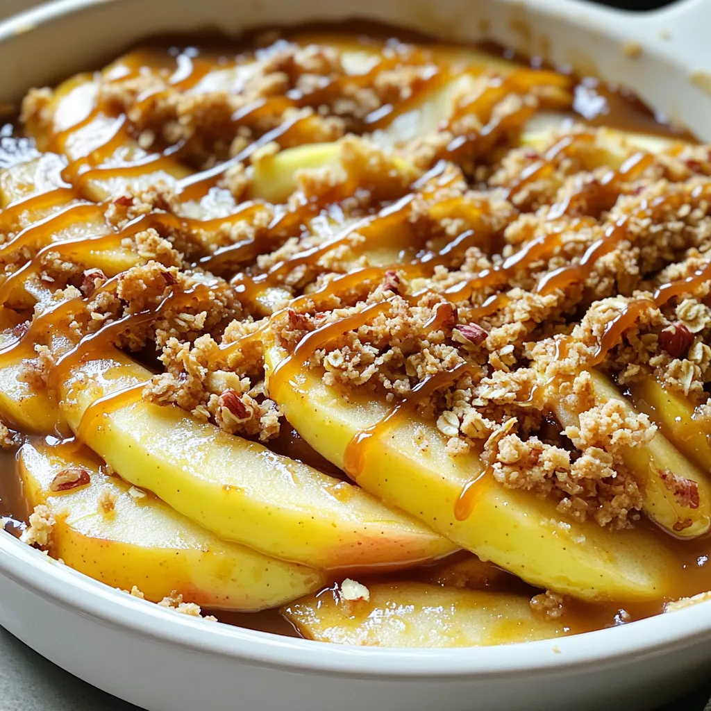 - 4 medium apples (Granny Smith or Honeycrisp), peeled, cored, and sliced - 1 cup brown sugar - 1 cup rolled oats - 1 cup all-purpose flour - 1/2 cup unsalted butter, melted - 1 teaspoon cinnamon - 1/4 teaspoon nutmeg - 1/4 teaspoon salt - 1/2 cup chopped pecans or walnuts (optional) - 1/2 cup caramel sauce (store-bought or homemade) - 1/2 teaspoon vanilla extract You can swap the apples for other types, like Fuji or Gala. If you want a nut-free dish, leave out the pecans or walnuts. You can use coconut oil instead of butter for a dairy-free option. If you need a gluten-free version, try using gluten-free flour and oats. For a sweeter taste, add an extra tablespoon of brown sugar. You will need a few basic tools for this recipe: - A large mixing bowl for the apples - Another bowl for the crumble topping - A 10-12 inch oven-safe skillet - A spatula for mixing and spreading - An oven to bake it all together These tools make it easy to prepare and enjoy this tasty treat. First, I preheat my oven to 350°F (175°C). This helps get the crumble nice and crispy. Next, I grab 4 medium apples. I prefer Granny Smith or Honeycrisp for their tart flavor. I peel, core, and slice them. Then, I toss the apple slices in a large bowl. I add half a cup of brown sugar, one teaspoon of cinnamon, a pinch of nutmeg, and half a teaspoon of vanilla extract. I mix it all well until the apples look sweet and coated. I set this bowl aside while I prepare the topping. For the crumble, I take another bowl. I add the remaining half cup of brown sugar, one cup of rolled oats, and one cup of all-purpose flour. Then, I drizzle in half a cup of melted unsalted butter. If I want extra crunch, I add half a cup of chopped pecans or walnuts. I sprinkle in a quarter teaspoon of salt, too. I mix until the blend looks like coarse crumbs. This topping is key for that perfect crunch. Now it's time to put it all together. In a 10-12 inch oven-safe skillet, I layer the sweetened apple slices evenly across the bottom. I pour half a cup of caramel sauce over the apples, making sure to cover them well. Next, I sprinkle the crumble topping over the caramel-covered apples. I use a spatula to gently press it down. This keeps everything together. I slide the skillet into the preheated oven and bake it for 30 to 35 minutes. I watch for the topping to turn golden brown and for the apples to bubble. Once it’s done, I take it out and let it cool for a few minutes before serving. A drizzle of extra caramel sauce makes it even better! For this recipe, I love using Granny Smith or Honeycrisp apples. They are tart and sweet, which gives a nice balance. When picking your apples, look for firm ones without bruises. A good apple feels heavy for its size. This means it’s fresh and juicy. You can also ask your local market for seasonal options. Getting the crumble just right is key to a great dessert. You want it to be crunchy but not too dry. Mix the flour, oats, and brown sugar well. Use melted butter to help bind it. If you want extra crunch, add chopped nuts like pecans or walnuts. Just make sure to mix until it looks like coarse crumbs. Serve the caramel apple crumble warm right from the skillet. I like to add a scoop of vanilla ice cream on top. This makes each bite even more tasty. For a special touch, drizzle extra caramel sauce over the ice cream. You can also pair it with whipped cream or a sprinkle of cinnamon for an extra kick! {{image_2}} You can change the flavor of your caramel apple crumble easily. Try adding more spices like ginger or cardamom. A pinch of clove can also add a warm taste. You might want to mix in some dried fruits, like raisins or cranberries, for extra sweetness. If you enjoy citrus, a bit of lemon zest can brighten the dish. If you need a nut-free version, skip the pecans or walnuts. You can replace the all-purpose flour with gluten-free flour. Make sure to check that your oats are gluten-free, too. This way, everyone can enjoy the dessert without worries. Garnishes make your dish look nice and taste even better. A scoop of vanilla ice cream on top is always a win. You can sprinkle some extra nuts or oats for crunch. Drizzle more caramel sauce over the top for a sweet finish. Fresh mint leaves can add a pop of color and freshness. These simple touches make your dessert stand out and feel special. To store leftovers, let your caramel apple crumble cool first. Once cool, cover it with plastic wrap or foil. You can also use an airtight container. This will keep it fresh for about 3 to 4 days in the fridge. Make sure to keep it away from strong-smelling foods. When you want to eat the leftovers, preheat your oven to 350°F (175°C). Place the crumble in an oven-safe dish. Cover it with foil to prevent it from getting too dry. Heat for about 15 to 20 minutes or until it is warm. You can also use a microwave. Heat a single serving for about 30 seconds to 1 minute. If you want to freeze your caramel apple crumble, let it cool completely. Cut it into portions for easy thawing. Wrap each piece tightly in plastic wrap and then in foil. You can store it in the freezer for up to 3 months. When you are ready to eat, thaw it overnight in the fridge. Then, reheat it in the oven for the best texture. Yes, you can use store-bought caramel sauce. It saves time and tastes great. Just make sure to warm it slightly before pouring it over the apples. This helps it spread evenly. If you prefer homemade, it’s easy to make with sugar, butter, and cream. Caramel apple crumble can last up to three days in the fridge. Store it in an airtight container to keep it fresh. The topping may lose some crunch, but the flavor stays delicious. Just reheat it in the oven or microwave before serving. Yes, you can prepare this recipe ahead of time. You can slice the apples and mix them with sugar and spices early in the day. Store them in the fridge until you are ready to bake. You can also make the crumble topping ahead. Just store it separately until you are ready to assemble and bake. This makes it easy to enjoy a fresh dessert with less effort! In this post, we explored the recipe for caramel apple crumble. We covered ingredient lists, substitutions, and the tools needed for success. You learned step-by-step how to prep, make the topping, and bake the dish. I shared tips on choosing apples and achieving the right crumble texture. Don’t forget the fun variations and storage advice. This recipe is not just easy but also customizable. Enjoy making your own version and sharing it with family and friends!
