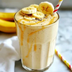 - 2 ripe bananas, sliced - 2 tablespoons creamy peanut butter - 1 cup unsweetened almond milk (or milk of choice) - 1 tablespoon honey or maple syrup (optional) - 1/2 teaspoon vanilla extract - 1/2 cup Greek yogurt - 1 tablespoon chia seeds - A pinch of cinnamon - Ice cubes - For a fun touch, add banana slices on top. - Sprinkle chia seeds for a nice look. - Use colorful straws to make it lively. When I make this smoothie, I always choose ripe bananas. They add great flavor and natural sweetness. Creamy peanut butter gives it a rich taste that blends well. Unsweetened almond milk works best, but you can use any milk you like. If you want a sweeter smoothie, add honey or maple syrup. Greek yogurt makes it thick and creamy. If you want more nutrients, toss in chia seeds. A pinch of cinnamon adds a nice spice. For a chilled drink, add ice cubes. Mix and match these ingredients to fit your taste. You can make it your own! {{ingredient_image_1}} - Step 1: Blend bananas and peanut butter Start by slicing the ripe bananas. Place them in your blender. Add two tablespoons of creamy peanut butter on top of the bananas. - Step 2: Add sweetness and dairy Pour in one cup of unsweetened almond milk. If you like it sweeter, add one tablespoon of honey or maple syrup. - Step 3: Incorporate optional ingredients Add half a teaspoon of vanilla extract for flavor. Next, include half a cup of Greek yogurt for creaminess. If you want, toss in one tablespoon of chia seeds and a pinch of cinnamon. You can also add ice cubes for a chilled drink. Blend all the ingredients on high speed. Keep blending until the mixture is smooth and creamy. Check the consistency and taste. If it's too thick, add more almond milk. If you want it sweeter, add more banana or honey. Once you're happy with the blend, pour the smoothie into glasses. For a nice touch, garnish with banana slices and a sprinkle of chia seeds. Use a colorful straw to make it fun! Enjoy your smoothie right away for the best flavor and texture. To get your smoothie just right, think about thickness. If it’s too thick, add a bit more almond milk. This will loosen it up fast. If it’s too thin, slice in another banana. Bananas add flavor and help thicken your mix. For a creamy smoothie, Greek yogurt is your friend. It blends well and gives a nice texture. If you want a super creamy drink, use ripe bananas. They blend easier and taste sweeter. Ice cubes can cool and thicken your drink, too. Want more sweetness? Drizzle in honey or maple syrup. Just a tablespoon can make a big difference. Taste as you mix, so it fits your sweet tooth perfectly. Don’t forget spices! A pinch of cinnamon adds warmth and depth. If you like, try a dash of nutmeg or ginger for a twist. These spices can change the whole vibe of your smoothie. To make the best smoothie, use a high-speed blender. It blends all your ingredients smoothly and quickly. If you don’t have one, a regular blender works, but you may need to blend longer. Noise can be an issue when blending. To reduce it, place a towel over the lid. This helps soften the sound while keeping the mixture inside. Also, blend in short bursts. This helps the blender work better and keeps noise down. Pro Tips Use Frozen Bananas: For an extra thick and creamy texture, consider using frozen bananas instead of fresh. This will also chill your smoothie without the need for ice. Peanut Butter Variations: Experiment with different types of nut butters, like almond or cashew, for a unique flavor twist while still keeping it creamy and delicious. Sweetness Control: Adjust the sweetness to your taste by adding more or less honey or maple syrup. Remember that the ripeness of your bananas will also affect the overall sweetness. Protein Boost: For an extra protein kick, include a scoop of your favorite protein powder. This is especially great if you’re using the smoothie as a post-workout meal. {{image_2}} You can make your smoothie even more fun with flavors. Try adding cocoa powder for a chocolate twist. Just one tablespoon gives a rich taste. If you want a green smoothie, toss in a handful of spinach. You won’t change the taste much, but you’ll add nutrients! If you need dairy-free options, use almond milk or oat milk. These choices work great in this smoothie. For those watching calories, skip the honey or maple syrup. This keeps it light and still tasty! Want to boost protein? Add a scoop of your favorite protein powder. It makes the smoothie more filling. You can also add healthy fats. A tablespoon of chia seeds or flaxseeds works well. These add omega-3 fatty acids and fiber too! To store your leftover smoothie, pour it into an airtight container. This keeps the smoothie fresh. You can also use a mason jar with a lid. Smoothies stay good in the fridge for 1 to 2 days. However, they may separate. Just shake or stir before drinking. You can freeze your smoothie for later. Pour it into ice cube trays or freezer bags. This helps with easy portioning. Smoothies can last up to 3 months in the freezer. When you want to drink it, thaw it in the fridge overnight. You can also blend it straight from the freezer for a slushy treat. Making smoothies ahead is a great idea. You can blend a big batch on the weekend. Store individual servings in the fridge or freezer. This way, you have a quick, healthy snack ready. For meal prep, add your favorite fruits and nuts to jars. Just blend when you’re ready to drink! This smoothie is packed with nutrients. Bananas offer potassium, while peanut butter gives protein and healthy fats. Greek yogurt adds more protein and creaminess. Almond milk is low in calories and dairy-free. Chia seeds are great for fiber and omega-3s. You get a mix of energy, muscle support, and healthy digestion in each sip. Yes, you can swap peanut butter for almond, cashew, or sunflower butter. Each nut butter adds a unique taste. Almond butter is creamy and mild, while cashew butter is sweet. Sunflower butter is great for nut allergies. Just keep in mind that the flavor will change slightly, but it will still be tasty! This smoothie can fit into a weight loss plan. It has around 300 calories per serving, depending on your choices. Portion control is key. If you want fewer calories, skip the honey or reduce the yogurt. Use half a banana instead of a whole one for an even lighter option. To make this smoothie vegan, use plant-based milk like almond, soy, or oat milk. Replace Greek yogurt with coconut yogurt or a vegan alternative. Instead of honey, use maple syrup or agave nectar. These swaps keep the taste while making it vegan-friendly. Absolutely! Adding protein powder boosts nutrition. Use a scoop of your favorite powder, like whey or plant-based options. Blend it in with the other ingredients for a creamy texture. If the smoothie gets too thick, add a bit more almond milk to adjust. This blog post covered a tasty peanut butter banana smoothie that is simple to make. We discussed key ingredients like bananas, peanut butter, and yogurt. You learned about optional ingredients to enhance flavor and nutrition. I shared tips for achieving the right texture and creative ways to serve it. Smoothies are versatile and quick. With a few changes, you can suit any diet or taste. Enjoy your healthy drink!