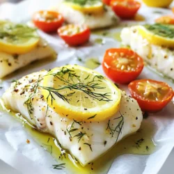 - 4 haddock fillets - 2 lemons (1 for juice, 1 sliced) - 3 tablespoons fresh dill, chopped - 2 tablespoons olive oil - 2 garlic cloves, minced - Salt and pepper to taste To create Lemon Dill Haddock Parcels, you need some key ingredients. Haddock fillets are the star of this dish. They are mild and flaky, making them perfect for baking. Fresh lemons add a bright flavor. You will use juice for the marinade and slices to top the fish. Fresh dill brings a lovely herbal note, enhancing the taste. Olive oil adds richness and helps the flavors blend. Garlic gives the dish a warm depth. Finally, salt and pepper are essential to balance everything. - 1 cup cherry tomatoes, halved For a burst of color and flavor, you can add cherry tomatoes. They roast well and add sweetness. - Parchment paper or aluminum foil - Baking sheet - Mixing bowl You will also need some simple tools. Parchment paper or aluminum foil helps create a sealed parcel around the fish. This keeps all the moisture and flavors locked in. A baking sheet is necessary for cooking. A mixing bowl is where you will combine the marinade. These tools make the process easy and fun. {{ingredient_image_1}} - Preheat your oven to 375°F (190°C). - In a small bowl, mix olive oil, minced garlic, lemon juice, chopped dill, salt, and pepper. This creates a tasty marinade for the fish. - Lay out four large pieces of parchment paper on a flat surface. - Place one haddock fillet in the center of each piece of parchment. - Spoon the marinade over the haddock evenly. If you want, add a handful of cherry tomato halves around the fish. - Top each fillet with a couple of lemon slices to add zest. - Fold the parchment paper over the fish to make a sealed parcel. Crimp the edges tightly to keep all the flavors inside. - Place the parcels on a baking sheet. Bake in the preheated oven for 15-20 minutes. The fish should be fully cooked and flaky. - Carefully open the parcels, but watch out for steam. Serve directly in the parchment for a lovely, rustic look. To make your Lemon Dill Haddock Parcels shine, focus on the marinating time. I suggest letting the fish sit in the marinade for at least 15 minutes. This allows the flavors to soak in deeply. Freshness of ingredients is key too. Always use fresh dill, lemons, and garlic. Fresh ingredients give you the best taste. Even cooking is crucial for perfect haddock. Make sure the fillets are of similar thickness. This helps them cook at the same rate. To check for doneness, gently flake the fish with a fork after 15 minutes. If it flakes easily, it’s ready. If not, give it a few more minutes in the oven. For side dishes, consider serving with steamed green beans or a light salad. They add color and balance to your meal. For garnishing, a sprinkle of extra fresh dill or lemon zest can elevate the dish. Serve the parcels directly on the plate for a rustic look. This makes the meal feel special and inviting. Pro Tips Use Fresh Ingredients: For the best flavor, always use fresh dill and fresh haddock. Frozen fish can work, but the texture may differ. Perfectly Cooked Fish: To ensure your haddock is perfectly cooked, check for an internal temperature of 145°F (63°C) or until it flakes easily with a fork. Experiment with Vegetables: Feel free to add other vegetables such as zucchini or bell peppers to the parcels for extra flavor and nutrition. Sealing the Parcels: Make sure to crimp the edges of the parchment paper tightly to keep the steam and flavors in during baking. {{image_2}} You can easily change the dish by adding vegetables. Zucchini, bell peppers, and asparagus work well. Slice them thinly and spread them around the fish. They will cook nicely with the haddock. This adds color and flavor to your meal. Plus, it boosts the nutrients! Mixing different herbs can change the taste. Try using thyme or parsley instead of dill. Each herb brings its own flavor. Thyme adds a warm touch, while parsley gives freshness. You can even mix them together for a new twist. Experimenting with seasonings keeps the dish exciting. You can cook these parcels in different ways. Baking is the easiest method. It keeps the fish moist and flavorful. However, grilling adds a smoky taste. If you choose to grill, make sure to seal the parcels well. Both methods create a delicious meal, just in different styles. Store any leftover Lemon Dill Haddock Parcels in the fridge. Place them in an airtight container. They will stay fresh for about two days. If you want to keep them longer, freeze the parcels. Wrap each one tightly in plastic wrap, then place them in a freezer bag. They can last up to three months in the freezer. When reheating, avoid drying out the fish. The best way is to use the oven. Preheat the oven to 350°F (175°C). Place the parcels on a baking sheet and cover them with foil. Heat for about 10-15 minutes, or until warmed through. You can also reheat in the microwave. Just cover the parcel with a damp paper towel to retain moisture. You can make Lemon Dill Haddock Parcels ahead of time. Assemble the parcels and store them in the fridge before baking. They can sit for up to 24 hours. This makes it easy to enjoy a quick meal on busy days. Just pop them in the oven when you’re ready to eat! You can use other white fish like cod, tilapia, or sole. These fish have a mild taste and cook similarly to haddock. Each option offers a great flavor and texture. Cod is slightly firmer, while tilapia is softer. Choose what you like best! Yes, you can prepare the parcels a few hours ahead. Just keep them in the fridge until you're ready to bake. This makes it easy for meal prep. Just remember to seal them well to lock in flavor and moisture. The fish is done when it flakes easily with a fork. You can also check its internal temperature. It should reach 145°F (63°C). Don’t overcook, or the fish may become dry. Keep an eye on it as it bakes. Yes, you can use dried dill if fresh is not available. Use about one teaspoon of dried dill for each tablespoon of fresh. The flavor may be a bit less bright, but it still adds a nice touch. Absolutely! You can grill the parcels instead of baking them. Just make sure to wrap them tightly in foil. Grill over medium heat for about 10-15 minutes. This method gives a lovely smoky flavor to the fish. Enjoy the outdoors while cooking! In this post, we explored how to make tasty Lemon Dill Haddock Parcels. We covered the key ingredients like haddock, fresh lemons, and dill. I shared clear steps to prepare and cook them perfectly. You learned tips for flavor and how to store leftovers well. These parcels are easy, healthy, and can fit many meal ideas. Use this recipe to enjoy a simple yet delicious dish! Happy cooking!