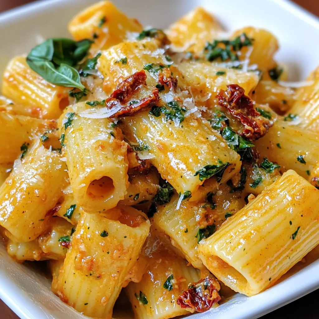 For this dish, use 12 oz of rigatoni pasta. Rigatoni has a unique shape that holds sauce well. It gives each bite a creamy delight. Cooking it al dente will keep the pasta firm and perfect for mixing. You need 1 cup of sun-dried tomatoes packed in oil, drained and chopped. These tomatoes add a rich, tangy flavor to the dish. Their chewy texture contrasts nicely with the creamy sauce. Make sure to chop them into small pieces for easy mixing. Use 1 cup of heavy cream and 1 cup of grated Parmesan cheese. Heavy cream creates a rich, velvety sauce that coats the pasta. The Parmesan cheese melts into the cream, adding depth and saltiness. Together, they make the sauce creamy and delicious. {{ingredient_image_1}} Start by boiling water in a large pot. Add salt to the water for flavor. Once the water is boiling, add 12 ounces of rigatoni pasta. Cook it according to the package instructions until it is al dente. This usually takes about 10-12 minutes. After cooking, drain the pasta in a colander. Save about ½ cup of the pasta water for later use. Set the pasta aside while you prepare the sauce. In a large skillet, heat 2 tablespoons of olive oil over medium heat. Once the oil is hot, add 3 cloves of minced garlic. Sauté the garlic for about 1 minute until it smells good. Be careful not to let it burn. Next, stir in 1 cup of chopped sun-dried tomatoes and 1 teaspoon of Italian seasoning. Cook this mixture for another 2-3 minutes. This step helps the flavors blend nicely. Pour in 1 cup of heavy cream and stir well to combine. Let it simmer gently for 3-4 minutes. This allows the sauce to thicken a bit. Afterward, add 1 cup of grated Parmesan cheese. Stir until the cheese melts completely into the sauce. If the sauce seems too thick, add some of the reserved pasta water until it reaches your desired consistency. Finally, fold in 1 cup of baby spinach and the cooked rigatoni. Toss everything together until the pasta is coated in the creamy sauce. Season with salt and pepper to taste. Let the dish sit for a few minutes before serving. To get the sauce just right, watch the amount of pasta water you add. Start with a little. If it seems too thick, add more water slowly. This way, you keep a creamy texture without making it runny. The heavy cream and cheese should blend well. Stir until smooth for the best taste. Italian seasoning boosts the flavor of this dish. If you want a kick, add a pinch of red pepper flakes. Fresh basil leaves add a nice touch too. Don't forget to taste your sauce. Adjust salt and pepper as needed for a balanced flavor. Each bite should be rich and delightful. Serve this rigatoni in deep bowls for an inviting look. Top each serving with fresh basil leaves and a sprinkle of grated Parmesan cheese. You can even drizzle a little olive oil for extra shine. A bright, colorful dish makes it more appealing. Your guests will love the way it looks and tastes! Pro Tips Keep the Pasta Al Dente: Cooking the rigatoni until just al dente ensures the pasta holds its shape and texture when mixed with the creamy sauce. Use Fresh Garlic: Freshly minced garlic enhances the flavor of the dish significantly compared to pre-minced alternatives. Reserve Pasta Water: The starch in reserved pasta water can help adjust the sauce's consistency while adding flavor, so don’t skip this step! Experiment with Greens: While baby spinach works perfectly, feel free to substitute with kale or arugula for a different flavor profile and texture. {{image_2}} You can boost this dish with protein. Chicken, shrimp, or sausage work great. If you use chicken, grill or sauté it first. Slice it and mix it in with the pasta. Shrimp cooks fast. Just toss it in during the last few minutes of cooking. For sausage, remove the casing and crumble it in the skillet. Cook until browned before adding your sauce. These options make the dish hearty and filling. To make this dish vegetarian, skip the meat and add extra veggies. Bell peppers, zucchini, or mushrooms fit well. You can also use vegetable broth instead of olive oil for sautéing. For vegan options, swap heavy cream for coconut milk or cashew cream. Use nutritional yeast instead of Parmesan for a cheesy flavor. Fresh herbs like basil and parsley add brightness to your vegan dish. If you have allergies, simple swaps can help. Use gluten-free rigatoni made from brown rice or chickpeas. For dairy-free, choose almond or oat milk with a thickener like cornstarch. Check for sun-dried tomatoes packed in oil that are free from preservatives. If garlic is a concern, try shallots or omit it altogether. These swaps keep the dish delicious and safe for everyone. You can store leftover creamy sun-dried tomato rigatoni in an airtight container. Let the dish cool down before sealing it. Place it in the fridge, where it will stay fresh for up to three days. Make sure to label the container with the date so you know when to eat it. To reheat, use the stove or microwave. If using a pan, add a splash of water or cream to keep it moist. Heat on low until warm, stirring often. In the microwave, use a microwave-safe dish and cover it to avoid drying. Heat in short bursts, stirring in between. You can freeze creamy sun-dried tomato rigatoni for up to two months. Put it in a freezer-safe container or bag. Make sure to remove as much air as possible. When ready to eat, thaw it in the fridge overnight. Reheat it using the instructions above. To make the sauce thicker, you can cook it longer. Increase the heat slightly and let it simmer. This helps the liquid reduce and thicken. Another way is to add more cheese. Grated Parmesan will melt in and add creaminess. If you want, you can also mix in a bit of cornstarch. Just mix one tablespoon in cold water and stir it in. Yes, you can use fresh tomatoes! Just chop them into small pieces. Cook them in the skillet longer to release their juices. Fresh tomatoes will give a different taste, but they can still be tasty. You might need to add a bit more seasoning to balance the flavors. Keep in mind that the sauce may not be as rich. To reheat creamy pasta dishes, use a skillet over low heat. Add a splash of milk or cream to help the sauce stay creamy. Stir often to keep it from sticking. If you prefer the microwave, use a microwave-safe bowl. Add a bit of liquid and cover it loosely. Heat it in short bursts, stirring in between. This helps keep the pasta from drying out. You learned how to make a creamy rigatoni pasta dish. We covered key ingredients like rigatoni, sun-dried tomatoes, cream, and cheese. I shared step-by-step instructions to help you cook each part. You also discovered tips for sauce texture and flavor. Variations for protein and allergen-friendly options were discussed too. Finally, we detailed storage and reheating methods. Now, you are ready to enjoy a delicious meal. Happy cooking!