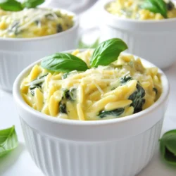 To make creamy spinach Parmesan orzo, gather these items: - 1 cup orzo pasta - 2 cups fresh spinach, chopped - 1 tablespoon olive oil - 2 garlic cloves, minced - 1 cup vegetable broth - 1/2 cup heavy cream - 1 cup freshly grated Parmesan cheese - 1/2 teaspoon nutmeg - Salt and pepper to taste - Fresh basil leaves for garnish You can swap some ingredients if needed. For orzo, you can use any small pasta like couscous or ditalini. If you don't have fresh spinach, use frozen spinach. Just make sure to thaw and drain it well. You can replace heavy cream with full-fat coconut milk for a lighter touch. If you want a different cheese, try feta or goat cheese for a tangy twist. Fresh spinach has a bright flavor. It wilts nicely in the skillet. Frozen spinach is convenient and saves time. It can work well in this dish too. Just be sure to squeeze out extra water after thawing. Both options will give you a tasty meal, so choose what suits you best. {{ingredient_image_1}} To start, bring a medium saucepan of salted water to a boil. This helps the orzo cook well and adds flavor. Once the water boils, add 1 cup of orzo pasta. Cook it according to the package instructions. You want it to be al dente, which means it should be soft but still have a slight bite. This usually takes about 8-10 minutes. After it's done, drain the orzo and set it aside. Next, grab a large skillet and heat 1 tablespoon of olive oil over medium heat. Once the oil is hot, add 2 minced garlic cloves. Sauté them for about 1 minute until they smell great. Be careful not to burn the garlic. After that, add 2 cups of chopped fresh spinach to the skillet. Cook it for 2-3 minutes until it wilts down. Then, pour in 1 cup of vegetable broth and let it simmer. This step helps to combine the flavors. Let it reduce for about 3-4 minutes. After that, lower the heat and stir in 1/2 cup of heavy cream, 1 cup of freshly grated Parmesan cheese, and 1/2 teaspoon of nutmeg. Mix it all well until the cheese melts and the sauce is creamy. Now it’s time to bring everything together. Add the cooked orzo to the skillet with the creamy sauce. Stir well to coat the pasta in that delicious sauce. Season it with salt and pepper to taste. After mixing, let it sit for a minute to thicken slightly. Finally, serve your creamy spinach Parmesan orzo in bowls. For a fresh touch, garnish each bowl with a few basil leaves. Enjoy your meal! To make your orzo super creamy, use heavy cream. It adds richness. When adding the cheese, use freshly grated Parmesan. Pre-grated cheese often lacks flavor. Stir slowly to let the cheese melt well into the sauce. This makes a big difference! Cook the spinach for just 2-3 minutes. This way, it wilts without losing its bright green color. If you cook it too long, it may become mushy. Add it right after the garlic so it soaks up the flavor! To boost flavor, add nutmeg. It works well with cream and cheese. You can also try crushed red pepper for a little heat. Other spices like garlic powder or onion powder can add depth. Don’t forget to taste as you go! Adjust salt and pepper to your liking. Pro Tips Use Fresh Spinach: Fresh spinach has a vibrant flavor and texture that frozen spinach can't replicate. Always choose fresh for the best results. Adjust Creaminess: If you prefer a lighter dish, substitute half of the heavy cream with additional vegetable broth or a splash of milk. Grate Parmesan Fresh: Grating your Parmesan cheese fresh will enhance the flavor and ensure it melts smoothly into the sauce. Add a Zest: For an extra layer of flavor, consider adding a squeeze of lemon juice just before serving to brighten the dish. {{image_2}} You can easily make creamy spinach Parmesan orzo vegetarian. Simply replace the vegetable broth with a rich vegetable stock. If you want a vegan twist, swap the heavy cream for coconut milk. Nutritional yeast can replace Parmesan cheese, giving a cheesy flavor without dairy. This option is tasty and full of nutrients. To make this dish heartier, add protein. Grilled chicken works great. Just slice it and mix it in at the end. Shrimp is another excellent choice. Sauté shrimp until pink and toss them with the orzo. For a plant-based option, add crispy tofu. Cube the tofu, pan-fry it until golden, and stir it in for added texture and protein. While Parmesan cheese is classic, feel free to experiment. Try using feta for a tangy kick. Goat cheese also adds creaminess and a rich flavor. For a sharper taste, go with aged cheddar. Mixing cheeses can create a unique flavor profile. Just remember to adjust the salt, as some cheeses are saltier than others. Store any leftover creamy spinach Parmesan orzo in an airtight container. This keeps it fresh. Make sure to let it cool down before sealing it. Leftovers can last in the fridge for up to three days. When you’re ready to eat, just take out what you need. Reheat the orzo gently to keep it creamy. You can use the stove or microwave. If using the stove, add a splash of vegetable broth or cream. This helps restore the sauce's creaminess. Heat slowly, stirring often. In the microwave, cover the dish to keep moisture in. Heat for one minute, then stir. If it needs more time, heat in 30-second bursts. Freezing creamy orzo is not the best idea. The cream may separate when thawed. If you want to freeze, omit the cream before freezing. Store the pasta and sauce separately. When you're ready to eat, reheat the pasta and add cream fresh. This keeps the dish creamy and tasty. Yes, you can use other pastas. Try penne, fusilli, or even rice. Each type brings a unique taste and texture. Just cook them according to the package. Adjust the cooking time based on the pasta you choose. To make this dish dairy-free, swap heavy cream for a plant-based cream. You can use almond, coconut, or oat cream. For cheese, try nutritional yeast or a dairy-free cheese. These changes keep the dish creamy and delicious without dairy. Creamy spinach Parmesan orzo pairs well with many sides. Grilled chicken adds protein. Roasted vegetables bring a nice crunch. A fresh salad offers a light touch. You can also serve it with garlic bread for a comforting meal. This blog post covered a lot. You learned about key ingredients and their substitutes. I discussed how to cook orzo and make the creamy sauce. Tips helped you achieve the perfect creaminess and flavor. We explored variations for dietary needs and discussed storage methods. In conclusion, you can enjoy tasty creamy spinach Parmesan orzo your way. Experiment with different flavors and ingredients. The joy of cooking comes from creativity, so have fun with every bite!
