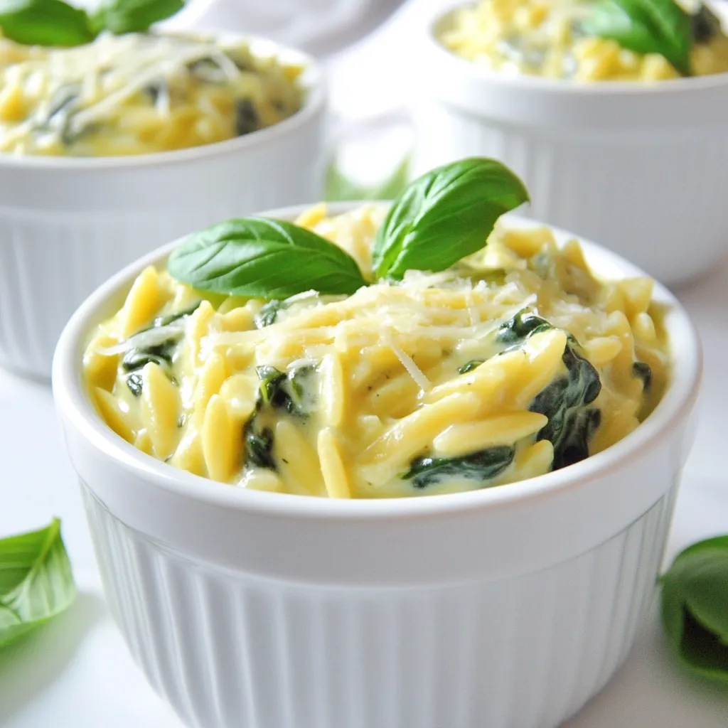 To make creamy spinach Parmesan orzo, gather these items: - 1 cup orzo pasta - 2 cups fresh spinach, chopped - 1 tablespoon olive oil - 2 garlic cloves, minced - 1 cup vegetable broth - 1/2 cup heavy cream - 1 cup freshly grated Parmesan cheese - 1/2 teaspoon nutmeg - Salt and pepper to taste - Fresh basil leaves for garnish You can swap some ingredients if needed. For orzo, you can use any small pasta like couscous or ditalini. If you don't have fresh spinach, use frozen spinach. Just make sure to thaw and drain it well. You can replace heavy cream with full-fat coconut milk for a lighter touch. If you want a different cheese, try feta or goat cheese for a tangy twist. Fresh spinach has a bright flavor. It wilts nicely in the skillet. Frozen spinach is convenient and saves time. It can work well in this dish too. Just be sure to squeeze out extra water after thawing. Both options will give you a tasty meal, so choose what suits you best. {{ingredient_image_1}} To start, bring a medium saucepan of salted water to a boil. This helps the orzo cook well and adds flavor. Once the water boils, add 1 cup of orzo pasta. Cook it according to the package instructions. You want it to be al dente, which means it should be soft but still have a slight bite. This usually takes about 8-10 minutes. After it's done, drain the orzo and set it aside. Next, grab a large skillet and heat 1 tablespoon of olive oil over medium heat. Once the oil is hot, add 2 minced garlic cloves. Sauté them for about 1 minute until they smell great. Be careful not to burn the garlic. After that, add 2 cups of chopped fresh spinach to the skillet. Cook it for 2-3 minutes until it wilts down. Then, pour in 1 cup of vegetable broth and let it simmer. This step helps to combine the flavors. Let it reduce for about 3-4 minutes. After that, lower the heat and stir in 1/2 cup of heavy cream, 1 cup of freshly grated Parmesan cheese, and 1/2 teaspoon of nutmeg. Mix it all well until the cheese melts and the sauce is creamy. Now it’s time to bring everything together. Add the cooked orzo to the skillet with the creamy sauce. Stir well to coat the pasta in that delicious sauce. Season it with salt and pepper to taste. After mixing, let it sit for a minute to thicken slightly. Finally, serve your creamy spinach Parmesan orzo in bowls. For a fresh touch, garnish each bowl with a few basil leaves. Enjoy your meal! To make your orzo super creamy, use heavy cream. It adds richness. When adding the cheese, use freshly grated Parmesan. Pre-grated cheese often lacks flavor. Stir slowly to let the cheese melt well into the sauce. This makes a big difference! Cook the spinach for just 2-3 minutes. This way, it wilts without losing its bright green color. If you cook it too long, it may become mushy. Add it right after the garlic so it soaks up the flavor! To boost flavor, add nutmeg. It works well with cream and cheese. You can also try crushed red pepper for a little heat. Other spices like garlic powder or onion powder can add depth. Don’t forget to taste as you go! Adjust salt and pepper to your liking. Pro Tips Use Fresh Spinach: Fresh spinach has a vibrant flavor and texture that frozen spinach can't replicate. Always choose fresh for the best results. Adjust Creaminess: If you prefer a lighter dish, substitute half of the heavy cream with additional vegetable broth or a splash of milk. Grate Parmesan Fresh: Grating your Parmesan cheese fresh will enhance the flavor and ensure it melts smoothly into the sauce. Add a Zest: For an extra layer of flavor, consider adding a squeeze of lemon juice just before serving to brighten the dish. {{image_2}} You can easily make creamy spinach Parmesan orzo vegetarian. Simply replace the vegetable broth with a rich vegetable stock. If you want a vegan twist, swap the heavy cream for coconut milk. Nutritional yeast can replace Parmesan cheese, giving a cheesy flavor without dairy. This option is tasty and full of nutrients. To make this dish heartier, add protein. Grilled chicken works great. Just slice it and mix it in at the end. Shrimp is another excellent choice. Sauté shrimp until pink and toss them with the orzo. For a plant-based option, add crispy tofu. Cube the tofu, pan-fry it until golden, and stir it in for added texture and protein. While Parmesan cheese is classic, feel free to experiment. Try using feta for a tangy kick. Goat cheese also adds creaminess and a rich flavor. For a sharper taste, go with aged cheddar. Mixing cheeses can create a unique flavor profile. Just remember to adjust the salt, as some cheeses are saltier than others. Store any leftover creamy spinach Parmesan orzo in an airtight container. This keeps it fresh. Make sure to let it cool down before sealing it. Leftovers can last in the fridge for up to three days. When you’re ready to eat, just take out what you need. Reheat the orzo gently to keep it creamy. You can use the stove or microwave. If using the stove, add a splash of vegetable broth or cream. This helps restore the sauce's creaminess. Heat slowly, stirring often. In the microwave, cover the dish to keep moisture in. Heat for one minute, then stir. If it needs more time, heat in 30-second bursts. Freezing creamy orzo is not the best idea. The cream may separate when thawed. If you want to freeze, omit the cream before freezing. Store the pasta and sauce separately. When you're ready to eat, reheat the pasta and add cream fresh. This keeps the dish creamy and tasty. Yes, you can use other pastas. Try penne, fusilli, or even rice. Each type brings a unique taste and texture. Just cook them according to the package. Adjust the cooking time based on the pasta you choose. To make this dish dairy-free, swap heavy cream for a plant-based cream. You can use almond, coconut, or oat cream. For cheese, try nutritional yeast or a dairy-free cheese. These changes keep the dish creamy and delicious without dairy. Creamy spinach Parmesan orzo pairs well with many sides. Grilled chicken adds protein. Roasted vegetables bring a nice crunch. A fresh salad offers a light touch. You can also serve it with garlic bread for a comforting meal. This blog post covered a lot. You learned about key ingredients and their substitutes. I discussed how to cook orzo and make the creamy sauce. Tips helped you achieve the perfect creaminess and flavor. We explored variations for dietary needs and discussed storage methods. In conclusion, you can enjoy tasty creamy spinach Parmesan orzo your way. Experiment with different flavors and ingredients. The joy of cooking comes from creativity, so have fun with every bite!