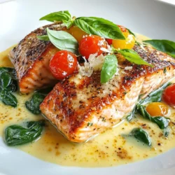 To make Creamy Tuscan Salmon, you need a few simple ingredients. Here is what you will need: - 4 salmon fillets - 2 tablespoons olive oil - Salt and pepper to taste - 3 cloves garlic, minced - 1 cup cherry tomatoes, halved - 1 cup fresh spinach - 1 cup heavy cream - 1/2 cup grated Parmesan cheese - 1 teaspoon Italian seasoning - Fresh basil leaves for garnish Each ingredient adds a special flavor to the dish. The salmon provides a rich taste. The olive oil helps to cook the salmon to perfection. Garlic adds a nice aroma. Cherry tomatoes bring a burst of sweetness. Fresh spinach adds color and nutrients. Heavy cream makes the sauce rich and creamy. Parmesan cheese gives it a salty kick. Italian seasoning brings all the flavors together. Finally, fresh basil leaves add a pop of freshness when you serve. Gather these ingredients before you start cooking. It makes the cooking process smooth and fun! {{ingredient_image_1}} Start by seasoning the salmon fillets. Use salt and pepper on both sides. This will add great flavor. Set the salmon aside while you heat the pan. In a large skillet, heat the olive oil over medium-high heat. Once hot, add the salmon fillets skin side down. Let them cook for about 4-5 minutes. You want the skin to be crispy. Flip the salmon and cook for another 3-4 minutes. Then, remove it from the pan and set it aside. In the same skillet, add minced garlic and halved cherry tomatoes. Sauté for 2-3 minutes. You’ll smell the garlic and see the tomatoes soften. Add fresh spinach next. Stir it in and cook until it wilts, about 1-2 minutes. Now, lower the heat and pour in the heavy cream. Stir to mix everything well. Add the grated Parmesan cheese and Italian seasoning. Let the sauce simmer for 3-4 minutes. It will thicken slightly. Return the salmon to the skillet. Spoon the creamy sauce over each fillet. Cook for another 2 minutes to heat the salmon through. To serve, plate the creamy Tuscan salmon. Spoon extra sauce and tomatoes over the top. Finish with fresh basil leaves for a nice touch. Enjoy your meal! To cook salmon just right, start with fresh fillets. Look for bright, moist pieces. Season your salmon well with salt and pepper. This helps enhance its natural taste. Use medium-high heat for cooking. Sear the skin until crispy. This adds texture and flavor. Flip carefully to avoid breaking the fillet. Aim for a cooking time of about 4-5 minutes on each side. This ensures it stays moist inside. One common mistake is overcooking the salmon. Keep an eye on the time. If you cook it too long, it can dry out. Another mistake is not letting the salmon rest after cooking. Let it sit for a couple of minutes before serving. This helps it retain its juices. Finally, avoid skipping the seasoning. Even a little salt and pepper can make a big difference in taste. To take your creamy Tuscan salmon to the next level, consider adding some lemon juice. A splash of lemon brightens the dish. You can also add crushed red pepper for a kick. Fresh herbs like dill or parsley can add extra freshness. If you want a deeper flavor, try smoked paprika. It pairs wonderfully with salmon. Mix in some capers for a briny touch. These small tweaks can make your dish truly shine. Pro Tips Use Fresh Ingredients: Fresh salmon and produce will enhance the flavor and overall quality of the dish. Don’t Overcook the Salmon: Aim for a medium doneness to keep the salmon moist and tender; it should flake easily but still be slightly pink in the center. Customize the Cream Sauce: Feel free to add other herbs or spices like crushed red pepper for a kick or lemon zest for brightness. Serve with a Side: Pair this dish with a light salad or pasta to balance the richness of the creamy sauce. {{image_2}} You can swap out some ingredients to fit your taste. Use any white fish instead of salmon. Cod or tilapia work well. For a lighter option, use half-and-half in place of heavy cream. If you want more flavor, try using sun-dried tomatoes instead of cherry tomatoes. Fresh herbs like oregano can replace basil for a different twist. To make this dish lower in carbs, leave out the heavy cream. Instead, use coconut milk for a dairy-free option. You can also add more vegetables, like zucchini or bell peppers, to bulk it up. Serve it over cauliflower rice instead of traditional pasta for a healthy touch. This keeps the meal light and full of flavor. You can serve creamy Tuscan salmon in many ways. Pair it with a fresh salad for a light meal. A side of steamed broccoli or asparagus adds color and nutrients. If you like grains, serve it with quinoa or brown rice. For a fun twist, try it in a wrap with fresh veggies. This makes for a tasty lunch option! After you enjoy your creamy Tuscan salmon, store any leftovers in a safe way. Place the salmon in an airtight container. Add some of the creamy sauce on top to keep it moist. Keep it in the fridge for up to three days. Make sure the container is sealed tight to avoid any odors. When it's time to eat your leftovers, reheat them gently. I recommend using the stove for best results. Place the salmon in a pan over low heat. Add a splash of cream or water to help keep it moist. Heat for about 5 minutes, or until warm. You can also use a microwave. Just cover the salmon and heat for short bursts. Check every 30 seconds to avoid overcooking. If you want to keep your creamy Tuscan salmon for longer, freezing is a good option. Wrap each salmon fillet tightly in plastic wrap. Then place them in a freezer bag. Make sure to remove all the air. You can freeze the salmon for up to three months. To enjoy it later, thaw it overnight in the fridge before reheating. You can pair Creamy Tuscan Salmon with many sides. Here are some great options: - Rice: Steamed white or brown rice adds a nice base. - Pasta: A simple pasta tosses well with the creamy sauce. - Vegetables: Roasted or steamed veggies bring color and nutrition. - Salad: A fresh green salad balances the richness of the salmon. These sides enhance the meal and make it more filling. Yes, you can use frozen salmon fillets. Just remember to thaw them first. Place them in the fridge overnight or use the cold water method. This method keeps the fish safe and tasty. Cook them as you would fresh salmon. The flavors will still shine through. Absolutely! Creamy Tuscan Salmon works well for meal prep. You can make it ahead and store it in the fridge. Just divide the salmon and sauce into containers. It stays fresh for up to three days. Reheat it gently to enjoy later. To make Creamy Tuscan Salmon dairy-free, swap the heavy cream and cheese. Use coconut milk or almond milk for creaminess. Nutritional yeast can add a cheesy flavor without dairy. These swaps keep the dish rich and tasty while being dairy-free. In this blog post, we explored a delightful creamy Tuscan salmon recipe from ingredients to serving tips. You learned about key ingredients like salmon, garlic, and fresh basil, along with clear cooking steps. I shared tips for perfect salmon and common mistakes to avoid. We also discussed variations and storage tips to keep your dish fresh. Remember, with creativity, you can customize this recipe to fit your taste. Enjoy making this dish, and let your cooking skills shine!