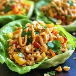 - 1 lb ground chicken - 1 cup carrots, finely shredded - 1 red bell pepper, diced - 2 green onions, chopped - 1 cup snap peas, trimmed and sliced - 2 cloves garlic, minced - 1 tablespoon fresh ginger, grated - 1/4 cup creamy peanut butter - 2 tablespoons soy sauce (or tamari for gluten-free) - 1 tablespoon sesame oil - 1 tablespoon honey - 1 tablespoon sriracha (adjust to taste) - 1 head of butter or iceberg lettuce (for wraps) In this dish, the ground chicken adds protein and richness. Fresh vegetables like carrots and bell peppers give crunch and color. Snap peas bring a sweet flavor. Garlic and ginger add a warm, aromatic touch. Peanut butter ties everything together with its creamy texture. - Chopped peanuts - Fresh cilantro Garnishes like chopped peanuts add crunch and extra flavor. Fresh cilantro gives a bright, herbal note. You can adjust these to suit your taste. {{ingredient_image_1}} First, we need to sauté garlic and ginger. Heat sesame oil in a large skillet over medium heat. Add minced garlic and grated ginger. Cook for about 1 minute until it smells great. Next, we brown the ground chicken. Add the chicken to the skillet, breaking it up with a spatula. Cook it for 5 to 7 minutes. The chicken should turn golden and be fully cooked. Now, we incorporate carrots, bell pepper, and snap peas. Stir in the finely shredded carrots, diced red bell pepper, and sliced snap peas. Cook for another 3 to 4 minutes. You want the veggies to stay tender-crisp, giving a nice bite. Let's mix the sauce now. In a small bowl, whisk together creamy peanut butter, soy sauce, honey, and sriracha. Make sure it’s smooth and well combined. Next, we combine the sauce with the chicken mixture. Pour the sauce over the chicken and veggies in the skillet. Stir well to coat everything evenly. The flavors will blend beautifully. Choosing the right lettuce for wraps is key. I recommend butter or iceberg lettuce. They are sturdy yet soft, making them great for holding the filling. Look for fresh, crisp leaves that are not wilted. To keep lettuce fresh, store it in a cool place. Wrap the leaves in a damp paper towel and place them in a sealed bag. This keeps them crisp for longer. You can easily adjust sriracha levels based on your taste. Start with a small amount and mix it into the sauce. Taste it and add more if you like more heat. If you want alternative spicy ingredients, consider using red pepper flakes or a dash of chili oil. Both add a nice kick without overpowering the dish. To prevent the chicken from sticking, make sure your skillet is hot before adding it. Use a little sesame oil to create a non-stick surface. Stir often to help it cook evenly. For evenly cooking the vegetables, cut them into similar sizes. This helps them cook at the same rate. Add them to the skillet in stages, starting with the tougher ones like carrots. They need a bit more time to soften. Pro Tips Choose the Right Lettuce: Butter lettuce or iceberg provides the best structure for wraps, making them easy to hold and bite into without tearing. Customize the Heat: Adjust the amount of sriracha to your heat preference. Start with less and add more if you like it spicier! Prep Ahead: You can prepare the chicken mixture in advance and store it in the refrigerator for up to 2 days. Just reheat before serving. Add Crunch: For extra texture, consider adding shredded cabbage or water chestnuts to the mixture before serving. {{image_2}} You can swap the ground chicken for ground turkey or beef. Both options work well in this recipe. Ground turkey is leaner, while beef adds a rich flavor. If you want a vegetarian option, try using tofu. Make sure to press the tofu first to remove excess water. Then crumble it into small pieces. This will help it absorb all the tasty flavors from the sauce. Feel free to mix in extra vegetables. Water chestnuts add a nice crunch, while zucchini gives a fresh taste. You can also use leafy greens like romaine or bok choy instead of lettuce. This can add a different texture and flavor to your wraps. Remember to chop the veggies finely to keep each bite enjoyable. You can change the sauce to fit your taste. Use almond or cashew butter instead of peanut butter. Each nut butter brings a unique flavor. You can also blend different sauces for a fun twist. Try mixing hoisin sauce or sweet chili sauce with the peanut sauce. These combinations can make your wraps even more exciting! To store leftover chicken mixture, let it cool first. Place it in an airtight container. It can last for up to three days in the fridge. Keeping lettuce cups fresh is simple. Wrap them in a damp paper towel and place them in a sealed bag. This helps them stay crisp for about two days. The best way to reheat the chicken mixture is on the stove. Use a non-stick skillet over low heat. Stir it often to heat evenly. You can also use a microwave. Just heat in short bursts and stir in between. To maintain texture, avoid overheating. Heat just until warmed through, so it stays juicy and flavorful. Yes, you can prepare the chicken filling a few hours in advance. Just cook the chicken and veggies as directed. Let it cool, then store it in the fridge. This way, you save time when it's meal time. I recommend making it up to 4 hours ahead. When ready to serve, just spoon the filling into the lettuce cups. To make these wraps gluten-free, swap regular soy sauce for tamari. Tamari is a great gluten-free option. Also, check your peanut butter to ensure it has no added gluten. Most brands are safe, but it’s good to verify. These wraps pair well with many sides. Try serving them with: - Steamed rice or quinoa - A fresh cucumber salad - A bowl of miso soup These sides enhance the meal and add more texture. Enjoy your wraps with these tasty options! In this post, we explored making spicy peanut chicken lettuce wraps. We discussed key ingredients like ground chicken, fresh veggies, and flavorful peanut sauce. I shared step-by-step cooking instructions to guide you in preparing this tasty dish. You also learned tips for adjusting spices and exploring variations. These wraps are fun, flavorful, and easy to store and reheat. Enjoy making them your own and delight in every bite!